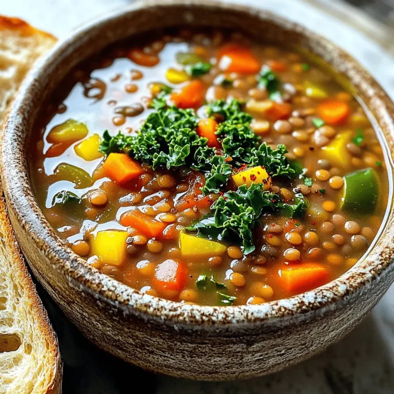 - 1 cup green or brown lentils - 1 tablespoon olive oil - 1 medium onion, diced - 2 cloves garlic, minced - 2 carrots, diced - 2 celery stalks, diced - 1 bell pepper (red or yellow), diced - 2 cups kale, chopped (optional) - 1 can (14 oz) diced tomatoes - 4 cups vegetable broth - Spices: ground cumin, smoked paprika, dried thyme - Salt and pepper, to taste - 2 tablespoons lemon juice Gathering these ingredients is key to making a great vegan lentil soup. Lentils bring protein and fiber, making the soup filling. The olive oil adds healthy fat, while the onion and garlic bring depth and aroma. When you add the vegetables like carrots, celery, and bell pepper, you enhance the soup's taste and texture. Kale is optional, but it boosts nutrients and adds color. The spices—cumin, smoked paprika, and thyme—bring warmth and earthiness. The diced tomatoes add sweetness and acidity, while vegetable broth creates a rich base. Finally, a splash of lemon juice right before serving brightens the flavors. This combination makes the soup comforting and delicious. For the full recipe, check the details above. Enjoy cooking! - Heat 1 tablespoon of olive oil in a large pot over medium heat. - Add 1 medium diced onion and sauté until it turns soft, about 5 minutes. - Stir in 2 cloves of minced garlic and cook for another minute until you smell its rich aroma. - Next, add 2 diced carrots, 2 diced celery stalks, and 1 diced bell pepper. - Cook these vegetables for about 5 minutes until they start to soften. This step builds a tasty base for your soup. - Now, stir in 1 cup of rinsed green or brown lentils, 1 can of diced tomatoes with their juices, and 4 cups of vegetable broth. - Add in 1 teaspoon of ground cumin, 1 teaspoon of smoked paprika, and ½ teaspoon of dried thyme. - Bring the mixture to a boil, then reduce the heat to low. Let it simmer for about 30-35 minutes or until the lentils are tender. - If you want to add some greens, stir in 2 cups of chopped kale during the last 5 minutes of cooking. - Season your soup with salt and pepper to taste. Just before serving, add 2 tablespoons of lemon juice for a bright touch. This method creates a hearty and warm vegan lentil soup that you can enjoy with crusty bread or on its own. For more details, check out the Full Recipe. To sauté vegetables, heat olive oil in a pot. Add diced onion first. Cook until soft but not brown. This takes about five minutes. Next, add minced garlic and cook for one minute. This step adds a nice aroma. Now, toss in your carrots, celery, and bell pepper. Cook these for about five more minutes. This softens them and makes the soup tasty. To ensure lentils are tender, rinse them well before cooking. This removes any dust. Add them to the pot with broth and tomatoes. Bring the soup to a boil, then reduce heat. Let it simmer until the lentils are soft, about 30 to 35 minutes. You can swap green or brown lentils for red lentils. Red lentils cook faster and turn mushy, which makes a creamy soup. If you don’t have certain veggies, use what you have. Zucchini, potatoes, or spinach work well too. For spices, feel free to change things up. Try curry powder for a different taste. You can also use fresh herbs like thyme or basil for added flavor. To make your soup even better, consider garnishing it. Fresh herbs, like parsley or cilantro, add color and zest. You can also sprinkle chili flakes for some heat. If you like peppers, add diced jalapeños or serrano peppers. This gives a nice kick to your dish. Just remember to check the spice level as you go! {{image_2}} To make your lentil soup spicier, add some chili powder or crushed red pepper. You can also use fresh jalapeños for a kick. Adjust the heat by adding these ingredients slowly. Taste as you go to find the right balance for your palate. If you want more heat, add them early in the cooking process. For less heat, stir them in just before serving. For a creamy texture, coconut milk works great. You can stir in about a cup of coconut milk toward the end of cooking. This will add a rich flavor and smoothness. To achieve an even creamier soup, blend part of the soup in a blender and mix it back in. This method gives a nice velvety feel to your dish. Adding seasonal vegetables can enhance your soup’s flavor. Try zucchini, spinach, or sweet potatoes. Chop them into small pieces for even cooking. Add these extra veggies about 10 minutes into the cooking time. This way, they stay tender but not mushy. You can also adjust the cooking time based on your veggie choice to ensure everything is well-cooked. For the full recipe, check out the [Full Recipe]. To keep your vegan lentil soup fresh, cool it first. Once cooled, pour it into airtight containers. Label each container with the date. This soup stays good for about 4 to 5 days in the fridge. If you want to save some for later, freezing is great. Divide the soup into single portions before freezing. Use freezer-safe bags or containers to prevent freezer burn. This soup lasts up to 3 months in the freezer. When you're ready to eat, take a portion out. Thaw it overnight in the fridge or use the microwave for a quick thaw. Reheat your soup on the stove for best results. Use low heat and stir often to keep the flavors alive. If the soup seems thick, add a splash of vegetable broth or water. This will help you get the right consistency. Enjoy your warm bowl of comfort! To make your lentil soup thicker, you can use a few tricks. - Blend a portion of the soup. - Add more lentils while cooking. - Stir in mashed potatoes or pureed beans. These methods help create a creamy texture without adding cream. Blending part of the soup makes it smooth and thick. You can mash some cooked lentils too, which adds body. Yes, you can use canned lentils for this soup. Canned lentils save time. They are already cooked, so you skip the soaking and long cooking time. However, fresh lentils have better flavor and texture. Canned lentils may also have added salt. Be sure to drain and rinse them before adding to your soup. This helps reduce extra sodium. Lentils are very healthy. They are full of protein and fiber. A cup of cooked lentils has about: - 18 grams of protein - 16 grams of fiber - Important vitamins and minerals like iron and folate Eating lentils can support heart health and help with digestion. They also keep you full longer, making them great for weight management. You can easily make this vegan lentil soup in a slow cooker. 1. Start by sautéing the onion and garlic in a pan. 2. Transfer them to the slow cooker. 3. Add all the other ingredients, including lentils, tomatoes, and broth. 4. Cover and cook on low for 6-8 hours or on high for 3-4 hours. This method allows the flavors to blend well. You can still add kale in the last 30 minutes of cooking. Enjoy your delicious soup! For the full recipe, check out the details above. This blog post covered how to make a hearty vegan lentil soup. We explored key ingredients, cooking steps, and tips for flavor and storage. You can customize this soup to fit your taste. Whether you want it spicy or creamy, there's a version for everyone. Remember, storing leftovers properly can save time and keep flavors fresh. Enjoy making this easy dish, and don’t hesitate to experiment with spices and veggies. Your next meal could be a delightful bowl of warmth and nutrition.