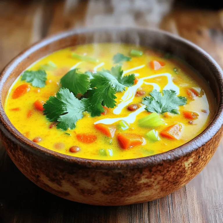 To make this nourishing soup, you need a few key items: - 1 cup red lentils, rinsed - 1 medium onion, diced - 2 cloves garlic, minced - 1 teaspoon fresh ginger, grated - 2 tablespoons olive oil - 1 teaspoon ground turmeric - 1 teaspoon cumin - ½ teaspoon coriander - 4 cups vegetable broth - 1 cup coconut milk - 2 large carrots, diced - 1 stalk celery, diced - Juice of 1 lemon - Salt and pepper to taste - Fresh cilantro leaves for garnish These ingredients create a warm and comforting blend. The red lentils are soft and creamy. They cook quickly and soak up flavors. The turmeric adds a golden hue and health benefits. You can enhance your soup with some fun toppings. Here are some ideas: - Crushed red pepper flakes for heat - A dollop of yogurt for creaminess - Sliced green onions for crunch - Toasted pumpkin seeds for a nutty flavor These garnishes add a burst of color and texture. They also let you customize the soup to your taste. Each ingredient brings its own benefits: - Red lentils: High in protein and fiber, they support digestion. - Turmeric: Known for its anti-inflammatory properties, it promotes health. - Coconut milk: Adds healthy fats and creaminess, making the soup rich. - Carrots: Packed with vitamins, they boost your immune system. - Onions and garlic: They support heart health and add flavor. This soup is not just tasty; it’s good for you too! It’s a complete meal packed with nutrients. For the full recipe, check the link above. To start, gather all your ingredients. You will need: - 1 cup red lentils, rinsed - 1 medium onion, diced - 2 cloves garlic, minced - 1 teaspoon fresh ginger, grated - 2 tablespoons olive oil - 1 teaspoon ground turmeric - 1 teaspoon cumin - ½ teaspoon coriander - 4 cups vegetable broth - 1 cup coconut milk - 2 large carrots, diced - 1 stalk celery, diced - Juice of 1 lemon - Salt and pepper to taste - Fresh cilantro leaves for garnish Next, dice the onion, mince the garlic, and grate the ginger. Rinse the lentils in cold water. This step helps remove any dirt or debris. Prepare the carrots and celery by dicing them into small pieces. Now, heat the olive oil in a large pot over medium heat. Once hot, add the diced onions, minced garlic, and grated ginger. Sauté them for about 5 minutes. You want the onions to turn translucent. This step draws out the flavors. After that, stir in the ground turmeric, cumin, and coriander. Cook for an additional 1-2 minutes. Toasting the spices enhances their taste. Next, add the diced carrots and celery to the pot. Stir everything together and cook for another 3-4 minutes. The vegetables should begin to soften. Now, it’s time to add the rinsed lentils and vegetable broth. Bring this mixture to a boil. Once boiling, reduce the heat and let it simmer. Cook for about 20-25 minutes or until the lentils are tender. Once the lentils are cooked, stir in the coconut milk and lemon juice. Allow the soup to simmer for another 5-10 minutes. This adds creaminess and brightness to the soup. Now, season the soup with salt and pepper to taste. Adjust the flavors as needed. Once done, remove the pot from heat. Let the soup sit for a few minutes before serving. This helps the flavors meld together. Serve the soup hot and garnish with fresh cilantro leaves. They add a nice touch of color and flavor. For the full recipe, check out the provided link. To boost the taste of your Golden Turmeric Lentil Soup, try a few simple tricks. First, use fresh spices. Ground spices lose their kick over time. Second, add a pinch of cayenne for heat if you like spicy food. You can also toss in some fresh herbs like thyme or bay leaves while cooking. This adds layers of flavor. Lastly, finish the soup with a swirl of lemon juice. It brightens the dish and brings all the flavors together. Many home cooks make mistakes that dull the soup's taste. One common error is not sautéing the onions, garlic, and ginger long enough. Take your time to let them soften and release their aroma. Another mistake is using low-quality vegetable broth. A rich broth makes a big difference. Finally, don’t skip the salt and pepper. These seasonings help balance the flavors. Remember to adjust them as you go along for the best results. To make the most of your soup, pair it with crunchy bread or a simple salad. A side of whole grain bread complements the soup's rich texture. You can also serve it with a fresh green salad dressed with a light vinaigrette. For a heartier meal, add cooked quinoa or brown rice directly to the soup. This boosts the fiber and protein content. Check out the Full Recipe for more ideas on how to enjoy this delicious dish! {{image_2}} You can swap red lentils for green or brown lentils. They will change the soup's color and texture. If you want a richer flavor, try adding sweet potatoes. You can also use yellow onions if you don’t have white ones. If you are out of coconut milk, try using almond milk or cashew cream for a creamy touch. This soup is already vegan and gluten-free. All the ingredients fit those diets. If you want to add protein, toss in some chickpeas. They blend well and boost nutrition. Make sure to check labels on store-bought broth to ensure it is gluten-free. You can add leafy greens like spinach or kale. They cook down quickly and add vitamins. For extra fiber, consider adding diced bell peppers or zucchini. Top with nuts or seeds for a crunchy bite. These additions make the soup fun and more nourishing. For the full recipe, visit the section above. After you enjoy your Golden Turmeric Lentil Soup, let it cool. Transfer the soup into an airtight container. Store it in the fridge. It will stay fresh for about 3 to 4 days. If you want to enjoy it later, freezing is a great option. To reheat your soup, pour it into a pot. Warm it on medium heat. Stir it often to prevent sticking. You can also use the microwave. Heat in short bursts, stirring in between. Make sure it’s hot all the way through before serving. If you want to freeze the soup, use freezer-safe containers. Leave some space at the top for expansion. Label the containers with the date. You can freeze it for up to 3 months. When you’re ready to eat, thaw it overnight in the fridge before reheating. Enjoy your soup anytime! For the complete recipe, check out the Full Recipe. Turmeric has many health benefits. It helps reduce inflammation in the body. It may also boost your immune system. This spice contains curcumin, which fights free radicals. Lentils are rich in protein and fiber. They help keep your heart healthy and support digestion. Together, turmeric and lentils create a powerful dish. This combo can help you feel great while enjoying a tasty meal. Yes, you can make this soup in a slow cooker! Start by sautéing the onions, garlic, and ginger in a pan. Then, add them to the slow cooker. Next, add the remaining ingredients: lentils, spices, broth, and veggies. Set the slow cooker on low for 6 to 8 hours. Your soup will be ready and full of flavor! This method makes it easy to enjoy the soup anytime. Golden Turmeric Lentil Soup can last 4 to 5 days in the fridge. Be sure to store it in an airtight container. If you want it to last longer, consider freezing it. This soup can stay good in the freezer for about 3 months. Just thaw it overnight in the fridge before reheating. You can enjoy delicious soup anytime you want! For the full recipe, check out the details above. This blog post covered the main ingredients and their benefits for Golden Turmeric Lentil Soup. I shared clear steps for preparation and cooking, plus tips to enhance flavors. You learned about easy variations for your diet and how to store leftovers. In conclusion, making this soup is simple and rewarding. It’s healthy, comforting, and adaptable. Enjoy exploring recipes that nourish your body and delight your taste buds.