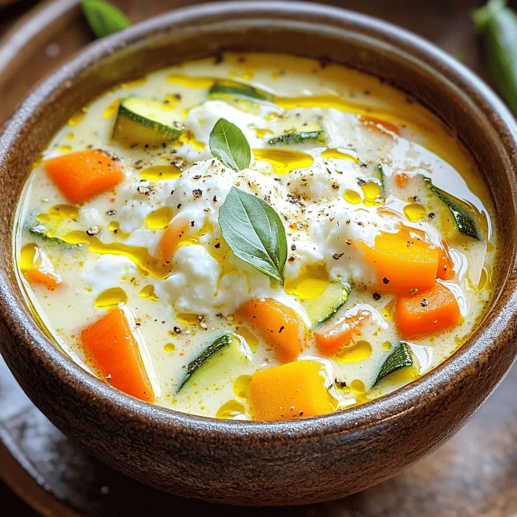 To make creamy vegetarian lasagna soup, you will need: - 2 tablespoons olive oil - 1 onion, diced - 2 cloves garlic, minced - 2 carrots, diced - 2 celery stalks, diced - 1 bell pepper, diced - 1 zucchini, diced - 1 teaspoon dried basil - 1 teaspoon dried oregano - 1/2 teaspoon crushed red pepper flakes (optional) - 1 can (28 oz) crushed tomatoes - 4 cups vegetable broth - 8 oz lasagna noodles, broken into pieces - 1 cup ricotta cheese - 1 cup heavy cream - 1 cup shredded mozzarella cheese - Salt and pepper to taste - Fresh basil for garnish Gather these ingredients before you start cooking. This will make the process smooth and fun. You can swap some ingredients if you like. Here are some ideas: - Use any oil instead of olive oil. - Replace ricotta with cottage cheese for a lighter option. - Try whole wheat or gluten-free lasagna noodles for a healthier choice. - Add more veggies like spinach or mushrooms for extra flavor. - Use vegetable stock instead of broth if you want a richer taste. These changes can make the soup fit your taste and dietary needs. Fresh herbs bring bright flavor to the soup. They can make your dish pop. Use about three times more fresh herbs than dried herbs. For example, if a recipe calls for 1 teaspoon of dried basil, use 3 teaspoons of fresh basil. Dried herbs are a great choice too. They last longer and are easy to store. They also work well in soups. Just remember to add them early in cooking so they can release their flavor. This creamy vegetarian lasagna soup is hearty and flavorful. Enjoy every spoonful! For the complete preparation details, check the Full Recipe. To start, gather all your ingredients. This makes cooking easier. Chop the onion, garlic, carrots, celery, bell pepper, and zucchini into small pieces. Always use fresh veggies for the best taste. Next, measure out the spices and canned goods. Having everything ready saves time during cooking. This soup is all about layering flavors. So, use quality vegetable broth and tomatoes. They will make your soup rich and tasty. Now, heat 2 tablespoons of olive oil in a large pot over medium heat. Add the diced onion and sauté until it becomes clear, which takes about 5 minutes. Then, stir in the minced garlic, diced carrots, celery, and bell pepper. Cook this mix for another 5 minutes. Keep stirring to avoid burning. After that, add the zucchini, dried basil, oregano, and optional crushed red pepper flakes. Cook for 3-4 minutes more. This helps soften the zucchini and blend the flavors. Next, pour in the crushed tomatoes and vegetable broth. Stir to mix everything well and bring it to a boil. When it boils, add the broken lasagna noodles. Turn down the heat and let it simmer for 10-12 minutes. The noodles should be tender by now. While the soup simmers, make the creamy mix. In a bowl, combine ricotta cheese, heavy cream, and a pinch of salt and pepper. Stir until it is smooth. Then, add this mixture to the soup. Cook for another 2-3 minutes. This makes the soup rich and creamy. Finally, stir in 1 cup of shredded mozzarella cheese. Let it melt into the soup and adjust seasoning with salt and pepper as needed. This is where the magic happens! Serve your creamy vegetarian lasagna soup hot. Garnish each bowl with fresh basil for color and flavor. You can pair it with warm bread or a fresh salad. This soup is perfect for gatherings or cozy nights in. For the full recipe, visit the link. You’ll find all the steps laid out clearly! To make your soup extra creamy, add more heavy cream. You can also mix in cream cheese for a rich texture. Another great tip is to blend some of the soup after cooking. This will give it a smooth and velvety feel. Try adding spinach or kale for a boost of color and nutrients. These greens cook down well and add flavor. You might also consider using different cheeses. Goat cheese or feta can add a unique taste. Don't forget fresh herbs! They brighten the dish and make it fresh. Cook the onions and garlic until they are soft, about 5 minutes. Add the veggies and let them cook for another 5 minutes. The noodles need about 10-12 minutes to get soft. Finally, after adding the cream and cheese, heat for just a few more minutes. This ensures everything is warm and blended well. For the full recipe, check out the detailed instructions above. {{image_2}} You can make this soup gluten-free. Use gluten-free lasagna noodles instead of regular ones. These noodles cook just as well. They absorb the flavors and give a nice chew. Check the package instructions for the right cooking time. Want to boost the protein? Try adding cooked lentils or chickpeas. Both options mix well with the soup. They add texture and heartiness. You can also toss in some cooked tofu for a tasty twist. Cheese can change the flavor and texture. Swap the ricotta for cottage cheese if you like. You can also mix in goat cheese for a tangy kick. Experiment with different cheeses like provolone or fontina. They melt beautifully and add depth to the soup. For the full recipe, check out the Creamy Vegetarian Lasagna Soup . You can store your creamy vegetarian lasagna soup in the fridge. Use an airtight container to keep it fresh. It stays good for about 3-4 days. Make sure to let it cool before sealing it. This helps prevent moisture buildup. If you want to freeze the soup, that works too! Use freezer-safe containers or bags. Leave some space at the top, as soup expands when frozen. It can last up to 3 months in the freezer. To thaw, place it in the fridge overnight before reheating. When you are ready to enjoy your soup again, pour it into a pot. Heat it over medium heat until warm. Stir often to avoid sticking. You can also use the microwave. Heat in short bursts, stirring in between. Add a splash of water or broth if it seems too thick. For the full recipe, check out the complete details! If you need a ricotta cheese substitute, you have options. Cottage cheese works well. You can also use cream cheese for a richer flavor. Tofu blended with lemon juice and salt is a great vegan choice. Each option brings a unique texture to the soup, so choose what you like best. To spice up your soup, add crushed red pepper flakes. You can also use diced jalapeños or a splash of hot sauce. Try adding a dash of cayenne pepper for extra heat. Start with small amounts and adjust to your taste. This way, you control the spice level while keeping it tasty. Absolutely! You can mix in any veggies you enjoy. Spinach, kale, or mushrooms add great flavor. Broccoli or cauliflower can also work well. Just remember to cook them until tender. Feel free to create your own version with seasonal vegetables. This soup is very flexible, making it fun to customize. For the full recipe, check out the complete guide. This blog post covered important steps to create a delicious soup. We explored key ingredients, substitutions, and the best ways to prepare them. I shared tips to enhance flavor and texture, plus storage advice to keep it fresh. You can easily adapt this recipe to fit your needs and preferences. Remember, cooking is fun and allows for creativity. Try different variations, and don't be afraid to experiment. Enjoy your cooking adventure and the tasty results!
