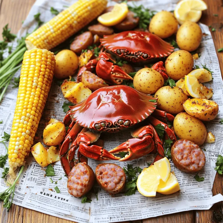 - 2 pounds of fresh blue crabs, cleaned and quartered - 4 ears of corn, shucked and cut in half - 1 pound of baby red potatoes, halved - 1 pound of andouille sausage, cut into 1-inch pieces - 1 large onion, quartered - 4 garlic cloves, crushed - 4 quarts of water The main stars of the crab boil are fresh blue crabs. They provide rich flavor and a fun eating experience. You also need corn, potatoes, and andouille sausage for a hearty meal. These ingredients balance the seafood's sweetness and add texture to each bite. - 2 tablespoons Old Bay seasoning - 1 tablespoon paprika - 1 tablespoon salt - 1 teaspoon cayenne pepper (adjust to taste) Seasoning is crucial for a great crab boil. Old Bay seasoning adds a classic taste that pairs well with seafood. Paprika gives a nice color and a mild flavor. Cayenne pepper adds heat, but you can adjust it based on your preference. - Lemon wedges - Fresh parsley, chopped Garnishes make the dish look appealing. Lemon wedges add a bright, zesty touch. Fresh parsley not only adds color but also a hint of freshness. They enhance the flavors and make your crab boil feast inviting and festive. For the full recipe, check [Full Recipe]. Start by filling a large pot with 4 quarts of water. Place the pot on high heat. Bring the water to a boil. Once boiling, add your seasonings. Include 2 tablespoons of Old Bay seasoning, 1 tablespoon of paprika, 1 tablespoon of salt, and 1 teaspoon of cayenne pepper. Stir well to mix the flavors. The water should smell fragrant and inviting. This base is key to your crab boil’s flavor. Now, it’s time to add the potatoes. Place 1 pound of halved baby red potatoes into the pot. Cover the pot and cook for about 10 minutes. After 10 minutes, add 1 pound of cut andouille sausage and 4 ears of corn, which you’ve cut in half. Cover again and cook for another 5 minutes. Timing is crucial here; it helps every ingredient cook just right. Next, it’s time to add the star of the show: the crab. Add 2 pounds of cleaned and quartered blue crabs and 4 crushed garlic cloves to the pot. Gently stir everything together. Cover the pot and cook for another 5 to 7 minutes. You’ll know the crabs are done when they turn bright red. Once cooked, remove the pot from heat and let it rest for a few minutes. Carefully drain the mix using a colander. Transfer the crab, corn, potatoes, and sausage to a large serving platter or even a newspaper-covered table. This adds a fun twist to your meal. Finish by garnishing with lemon wedges and chopped parsley for a fresh touch. Enjoy every bite of your Signature Crab Boil Feast! For the complete recipe, check out the Full Recipe. To get the best crab boil, avoid common mistakes. First, do not overcrowd the pot. If you add too much food at once, it cooks unevenly. Second, always season the water well. This step makes a big difference in flavor. Lastly, do not overcook the crab. It can become tough. Aim for a bright red color to know it's ready. When cooking for larger groups, use these tips. Prepare your crab boil in batches. This method lets you control cooking time better. You can also set up multiple pots if space allows. Just keep the broth at the right heat. Make sure to keep the cooked food warm while you finish the rest. Use aluminum foil to cover it, or place it in a warm oven. To amp up flavor, try adding more spices. Consider garlic powder or onion powder for depth. Fresh herbs like thyme or dill can also brighten the dish. For dips, melted butter is classic. You can mix in lemon juice or hot sauce for a twist. Offering a range of dips allows guests to customize their meal. This adds a fun touch to the gathering. {{image_2}} You can make your crab boil even more exciting by adding other seafood. Shrimp, lobster, or clams will give your meal more depth and flavor. - Shrimp: Use large shrimp. They cook quickly and soak up the spices well. - Lobster: Add lobster tails for a luxurious touch. They pair nicely with crab. - Clams: Include fresh clams for a briny flavor. Make sure they open while cooking. Each seafood adds its own taste and texture. Mix and match to find your favorite combo. Not everyone loves seafood. If you want a veggie version, there are great plant-based options. - Mushrooms: Use large portobello mushrooms for a hearty base. - Cauliflower: This can mimic the texture of crab when cooked well. - Chickpeas: They add protein and a nice bite. You can still use all the same seasonings. The spices will make the veggies pop with flavor. The signature crab boil varies by region. Southern and Cajun styles have their own unique spins. - Southern-style: Focuses on crab, corn, and potatoes. It is simple and tasty. - Cajun-style: Adds more spices like cayenne and garlic. It is bold and spicy. Try experimenting with different spices and ingredients to create your own version. Each twist can bring something new to your gathering. After the feast, you may have crab boil leftovers. Store them in an airtight container. Make sure to cool the food to room temperature before sealing. This helps keep the flavors fresh. Use the leftovers within three days for the best taste. If you want to keep them longer, consider freezing. To reheat crab boil leftovers, avoid the microwave if possible. Instead, use a pot on the stove. Add a little water to the pot to create steam. Heat on low and cover with a lid. This method keeps the crab moist and tasty. Stir gently to warm everything evenly. You can also use a steamer for the best results. Yes, you can freeze crab! First, let the crab cool completely. Then, place it in a freezer-safe bag. Remove as much air as possible to prevent freezer burn. Make sure to label the bag with the date. You can freeze crab for up to three months. When ready to eat, thaw it in the fridge overnight and reheat as described. A Signature Crab Boil Feast is a fun and flavorful dish. It features tender crab, sweet corn, and hearty potatoes. This dish often brings people together for a lively meal. You cook it in one pot, making cleanup easy. The blend of spices creates a unique flavor that makes it special. You can tell crabs are done when they turn bright red. The meat should be opaque and firm. When you pull off a leg, the meat should come out easily. If the shells feel light and hollow, that is a good sign too. Yes, you can prep some parts in advance. You can season the water and chop the veggies ahead of time. Just store them in the fridge until you need them. However, cook the crab and other items fresh for the best taste. You can serve coleslaw, garlic bread, or a fresh salad. These sides add crunch and balance the meal. Some people enjoy dipping bread in the spicy broth. You can also try serving a fruit salad for a refreshing touch. For the full recipe, check out Signature Crab Boil Feast. In this blog post, we explored the art of making a delicious crab boil. We covered the key ingredients, including fresh blue crabs, corn, and andouille sausage. I shared how to prepare the boiling base and the proper cooking sequence for perfect flavors. We also looked at tips to avoid mistakes and how to enhance your dish. Remember, you can add more seafood or try vegetarian options for variety. Finally, effective storage and reheating tips will help keep your meal fresh. Enjoy your next crab boil!