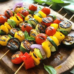 To make tasty grilled vegetable skewers, you need fresh vegetables. Here’s a list of what to use: - 1 zucchini, cut into thick slices - 1 red bell pepper, cut into chunks - 1 yellow bell pepper, cut into chunks - 1 red onion, cut into wedges - 8 cherry tomatoes - 1 cup mushrooms, halved You also need to create a flavorful marinade. Gather these pantry staples: - 2 tablespoons olive oil - 1 tablespoon balsamic vinegar - 2 teaspoons garlic powder - 1 teaspoon dried oregano - Salt and pepper to taste To prepare your skewers, you’ll need a few tools: - Skewers (wooden or metal) - Grill (gas or charcoal) - Mixing bowl and whisk These items help you create a fun cooking experience. With the right ingredients and tools, you can make delicious grilled vegetable skewers that everyone will love. If you want the step-by-step guide, check the Full Recipe. To start, mix your marinade. In a large bowl, combine: - 2 tablespoons olive oil - 1 tablespoon balsamic vinegar - 2 teaspoons garlic powder - 1 teaspoon dried oregano - Salt and pepper to taste Whisk these ingredients together until smooth. Taste it! If you want more flavor, add more garlic powder or vinegar. Next, it’s time to prepare your vegetables. Cut them into pieces: - Zucchini: thick slices - Red and yellow bell peppers: chunks - Red onion: wedges - Cherry tomatoes: leave whole - Mushrooms: halved Now, take soaked wooden skewers or metal ones. Start threading the vegetables. Alternate them for a fun look. Keep a good balance of colors; it makes your dish more appealing. Now, let’s grill! Preheat your grill to medium-high heat. This helps get nice grill marks. Place the skewers on the grill and cook for about 10-12 minutes. Turn them every few minutes. You want the veggies to be tender and have nice grill marks. When they’re done, remove them from the grill and let them cool for a few minutes before serving. For a delightful touch, serve on a platter, maybe with some fresh herbs on top. You can even drizzle a little balsamic vinegar before serving for extra flavor. For the full recipe, check the link! To avoid overcooking vegetables, watch the time carefully. Each type cooks at a different rate. For example, mushrooms and tomatoes cook faster than zucchini or bell peppers. I suggest checking your skewers often. You want them tender but not mushy. A good rule is to grill for about 10-12 minutes. Turn them a few times for even cooking. Soaking wooden skewers is key. If you don’t soak them, they can burn on the grill. I recommend soaking them in water for at least 30 minutes before using. This simple step helps keep your skewers intact and your veggies safe from fire. For seasoning, I love a mix of garlic powder, oregano, salt, and pepper. These add a nice depth to the veggies. You can try other spices too. Paprika, cumin, or even chili powder can give a fun twist to your dish. Marinades can elevate your grilled vegetable skewers even more. Consider mixing soy sauce and honey for a sweet touch. Lemon juice with herbs also works well. For dips, a creamy yogurt sauce or a tangy vinaigrette pairs perfectly. These options add layers of flavor to your meal and keep things exciting. Try these tips to make your skewers even tastier! If you want the full recipe, check out the link. {{image_2}} You can mix and match seasonal veggies for your skewers. Here are some ideas: - Spring: Asparagus, snap peas, and radishes. - Summer: Eggplant, corn, and squash. - Fall: Sweet potatoes, carrots, and Brussels sprouts. - Winter: Cauliflower, broccoli, and root vegetables. For specific diets, try these substitutes: - For gluten-free: Use any fresh veggies, avoiding soy sauce. - For low-carb: Skip the potatoes and focus on leafy greens. You can change up the flavor with different marinades. Try these: - Teriyaki: Sweet and savory, perfect for a twist. - Lemon-herb: Refreshing and bright, great for summer. If you want heartier skewers, add protein like: - Tofu: Firm and marinated, it grills well. - Chicken: Cut into cubes and soak in marinade. These variations keep your grilled vegetable skewers exciting and tasty. For the full recipe, visit the link provided. Enjoy grilling! To keep your grilled vegetable skewers fresh, you need to store them right. First, let the skewers cool down to room temperature. This helps to avoid steam and sogginess in the storage container. Use an airtight container for storing. Glass or plastic containers both work well. - Storage Duration: You can keep the skewers in the fridge for up to 3 days. If you want to keep them longer, consider freezing them. However, freezing may change the texture. When you’re ready to enjoy the leftovers, reheating is key. To keep the texture nice, reheat the skewers in the oven or on the grill. - Oven Method: Preheat your oven to 350°F (175°C). Place the skewers on a baking sheet and cover them with foil. Heat for about 10 minutes. This warms them without drying them out. - Grilling Method: If you prefer the grill, heat it to medium. Place the skewers on the grill for about 5 minutes, turning occasionally. For a quick meal, chop the veggies and toss them in salads or wraps. Both options keep the flavors fresh and tasty. To stop vegetables from sticking, oil the grill grates. Use a paper towel with oil or a spray. Preheat the grill well before adding the skewers. This helps create a nice sear on the veggies. Yes, a grill pan works great at home. It gives you good grill marks and keeps veggies from rolling around. Plus, it’s easy to use on the stove. This method also keeps your kitchen clean and mess-free. Grilled vegetable skewers go well with many sides. Try a fresh green salad or some garlic bread. Quinoa or couscous work too. These options balance the meal and add more flavor. For the complete details, check out the full recipe for Colorful Grilled Vegetable Skewers . Grilled vegetable skewers are easy to make and very tasty. You learned about the right ingredients and tools needed for this dish. We covered steps for marinating, assembling, and grilling. Plus, I shared tips for enhancing flavor and storing leftovers. Now, it's your turn to try this fun and colorful recipe. Get creative with your vegetable choices and marinade. Enjoy the grilling process, and share your skewers with friends. Happy grilling!