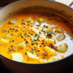 To create a hearty bowl of Creamy Potato Cheeseburger Soup, gather these key ingredients: - 4 medium potatoes, peeled and diced - 1 lb ground beef - 1 small onion, finely chopped - 2 cloves garlic, minced - 3 cups beef broth - 1 cup heavy cream - 1 cup shredded cheddar cheese - 1 tablespoon Worcestershire sauce - 1 teaspoon garlic powder - 1 teaspoon onion powder - 1 teaspoon paprika - Salt and pepper to taste - 2 tablespoons olive oil These ingredients work together to create a rich and creamy soup packed with flavor. The potatoes give it a nice texture, while the beef adds a savory taste. You can make this soup even better with a few garnishes. Consider adding: - Chopped chives - Green onions These garnishes add a fresh touch and a pop of color. They also enhance the flavor and make your soup look beautiful. To prepare this delicious soup, you will need some basic kitchen tools: - A large pot for cooking - A potato masher for texture - A knife and cutting board for chopping Having these tools ready will help you make the process smooth and easy. For the full recipe, follow the steps provided to enjoy a warm bowl of comfort. Start by preparing your ingredients. Gather everything to make the process smooth. You need: - 4 medium potatoes, peeled and diced - 1 lb ground beef - 1 small onion, finely chopped - 2 cloves garlic, minced - 3 cups beef broth - 1 cup heavy cream - 1 cup shredded cheddar cheese - 1 tablespoon Worcestershire sauce - 1 teaspoon garlic powder - 1 teaspoon onion powder - 1 teaspoon paprika - Salt and pepper to taste - 2 tablespoons olive oil - Chopped chives or green onions for garnish Make sure to chop the onion and mince the garlic well. This helps build the soup's flavor. In a large pot, heat olive oil over medium heat. Add the chopped onion and cook until soft, about 3-4 minutes. Then, add the minced garlic and stir for one more minute. Next, add the ground beef to the pot. Break it apart with a spoon and cook until browned, about 5-7 minutes. You can drain excess fat if needed. Now, add the diced potatoes, beef broth, Worcestershire sauce, garlic powder, onion powder, paprika, salt, and pepper. Bring the mixture to a boil. Once boiling, reduce the heat and let it simmer. Cover the pot and cook for 15-20 minutes, until the potatoes are tender. To get that creamy texture, mash some of the cooked potatoes in the soup with a potato masher. This will thicken the soup while leaving some chunks intact for texture. Then, reduce the heat to low and stir in the heavy cream and shredded cheddar cheese. Mix until the cheese melts and the soup becomes creamy. Taste it and adjust the seasoning with salt and pepper as needed. Serve the soup hot, garnished with chopped chives or green onions. This adds a fresh touch to your hearty meal. For the full recipe, check out the link above. When making creamy potato cheeseburger soup, avoid overcooking the potatoes. They should be tender but not mushy. If you add too much salt early on, it can overpower the dish. Taste as you go! Also, don’t skip the step of mashing some potatoes. This adds great texture. To boost the flavor, use fresh herbs like thyme or parsley. You can also add a dash of hot sauce for some heat. A squeeze of lemon juice can brighten the flavors too. Experiment with different spices, like cumin or chili powder, to find your favorite blend. For the best creamy texture, always stir in the heavy cream off the heat. This keeps it from curdling. Gradually add the cheese and stir until it melts smoothly. If the soup is too thick, add more beef broth or cream until it reaches your desired consistency. For the full recipe, you can check out the section above. {{image_2}} You can easily make a vegetarian version of this soup. Simply replace the ground beef with plant-based meat or cooked lentils. Use vegetable broth instead of beef broth. This keeps the soup filling while adding a tasty twist. You can also add some cooked mushrooms for a savory depth. This version is great for those who want a meat-free meal. Cheddar cheese is classic, but you can try other cheeses too. For a milder flavor, use Monterey Jack. If you want a sharper taste, go for aged gouda. For something unique, try a creamy blue cheese. Each of these options brings a new layer of flavor. Mixing cheeses can also give a rich taste to your soup. Boost the nutrition of your soup by adding more veggies. Carrots, celery, and bell peppers work well. Chop them finely and add them when you cook the onions. You can also stir in some fresh spinach or kale at the end. This adds color and nutrients, making your soup even heartier. Use the Full Recipe to see how easy it is to make these changes! To store your leftover soup, let it cool down. Once cooled, pour it into an airtight container. This keeps the soup fresh and safe to eat later. You can store it in the fridge for up to three days. If you want to keep it longer, consider freezing it. When you're ready to enjoy the soup again, use a pot on the stove. Heat it over medium heat until it warms up. Stir it often to prevent sticking. You can also use a microwave if you're short on time. Just make sure to cover the bowl to avoid splatters. Heat in short bursts and stir in between. If you freeze the soup, pour it into freezer-safe containers. Leave some space at the top, as liquids expand when frozen. When you want to eat it, take it out of the freezer and place it in the fridge overnight to thaw. You can also thaw it in the microwave. Once thawed, reheat as mentioned before. Enjoy every bite of this creamy potato cheeseburger soup! For the full recipe, check out the details above. Yes, you can make this soup in a slow cooker. Start by browning the ground beef in a pan. After that, add it to the slow cooker. Combine the beef with diced potatoes, chopped onion, minced garlic, beef broth, and seasonings. Cook on low for 6 to 8 hours or on high for 3 to 4 hours. Stir in the cream and cheese in the last 30 minutes. This method makes the soup rich and tasty. You can use ground turkey or chicken if you want a leaner option. For a vegetarian soup, try using lentils or mushrooms. Both options add great texture and flavor. Tofu is another choice. It absorbs flavors well and works nicely in soup. Adjust the cooking time based on what you use. If your soup is too thin, here are some easy ways to thicken it. You can mash some of the potatoes in the pot. This adds body and creaminess. Another option is to mix a tablespoon of cornstarch with water, then stir it in. Let it cook until it thickens. You can also add more cheese or cream for a thicker texture. In this article, I covered how to make creamy potato cheeseburger soup. We explored the key ingredients and discussed optional garnishes to elevate your dish. I shared step-by-step instructions for preparation and cooking, plus tips to avoid common mistakes. You can even try variations like vegetarian options or different cheeses. Remember, getting the creaminess just right is key. With this guide, you can make a warm, tasty soup that everyone loves. Enjoy cooking!