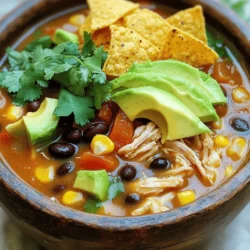 - 1 lb boneless, skinless chicken breasts - 1 tablespoon olive oil - 1 onion, chopped - 2 cloves garlic, minced - 1 bell pepper, diced (red or green) - 1 can (14.5 oz) diced tomatoes with green chilies - 4 cups chicken broth - 1 can (15 oz) black beans, rinsed and drained - 1 cup corn (fresh, frozen, or canned) - 2 teaspoons ground cumin - 1 teaspoon chili powder - Salt and pepper to taste - 1 lime, juiced - Tortilla chips, for serving - Fresh cilantro, chopped, for garnish - Avocado slices, for garnish When I make my Easy Chicken Tortilla Soup, I start with these key ingredients. The chicken brings protein and heartiness, while the olive oil adds a rich flavor. Chopped onion and minced garlic provide a strong base. Diced bell pepper adds crunch and color. Then, I add the canned tomatoes with green chilies. They give the soup a nice kick. Chicken broth helps blend all the flavors. The black beans and corn add texture and sweetness. Ground cumin and chili powder bring warmth and depth. I always season my soup with salt, pepper, and the juice of a fresh lime. This balance of flavors makes the soup come alive. For garnishes, I love using crispy tortilla chips, fresh cilantro, and creamy avocado slices. These toppings add layers of flavor and a lovely finish. Check out the Full Recipe for step-by-step instructions to create this warming dish! - In a large pot, heat olive oil over medium heat. - Add chopped onion and cook until translucent, about 3-4 minutes. I love starting my soups with a good onion base. The smell fills the kitchen and sets the stage for a warm meal. The key is to keep stirring so the onion cooks evenly. You want it soft, not brown. - Stir in minced garlic and bell pepper; cook for another 2-3 minutes. - Add chicken breasts, diced tomatoes, broth, black beans, corn, cumin, and chili powder. Once the onion is ready, garlic and bell pepper join the mix. They add layers of flavor. After a quick stir, it’s time to add the chicken. I prefer fresh chicken breasts for the best taste. The diced tomatoes bring a nice acidity, while the broth adds depth. The black beans and corn give texture. Don’t forget the cumin and chili powder; they pack a punch! - Bring to a boil, reduce heat, and simmer for 20-25 minutes. - Remove chicken from pot, shred using two forks, and return to the pot. Now, we let it simmer. This step is crucial. Simmering allows all the flavors to blend and the chicken to cook through. After 20-25 minutes, the chicken is tender. I love using two forks to shred the chicken right in the pot. This keeps everything juicy and flavorful. For the full recipe, check out the details above. Enjoy the warm comfort of this easy chicken tortilla soup! - Use fresh ingredients for optimal taste. Fresh veggies and herbs shine in this soup. - Adjust seasoning with salt, pepper, and lime juice to taste. A squeeze of lime adds brightness. - Monitor the heat to prevent burning. A steady simmer keeps flavors from getting bitter. - Use low-sodium broth for better control over salt levels. This helps you season just right. - Use a stand mixer with a paddle attachment for quick shredding. It saves time and effort. - Shred while chicken is still warm for easier handling. Warm chicken is much easier to pull apart. For the full recipe, refer to the earlier section. Enjoy your cooking! {{image_2}} You can switch things up with the protein in your Easy Chicken Tortilla Soup. - Use shredded rotisserie chicken for quicker prep. This saves time and adds great flavor. - Swap chicken for diced tofu or beans for a vegetarian version. Both options add protein and texture. To make your soup even tastier, consider these flavor boosts. - Add a splash of hot sauce or jalapeños for an extra kick. This will wake up your taste buds. - Incorporate additional veggies like zucchini or corn for more texture. These add color and nutrition to your dish. You can also play with the style of your soup. - Transform it into a creamy soup by adding sour cream or cheese. This makes it rich and smooth. - Serve as a chili-style dish by thickening with masa harina. This gives your soup a hearty feel. For a detailed guide, check the Full Recipe. Store leftover soup in an airtight container for up to 3-4 days. This keeps the flavors fresh. Allow soup to cool before refrigerating for best results. Cooling helps prevent bacteria growth. Freeze soup in portions for easy meal prep later. I like to use freezer bags. Lay them flat to save space. When you're ready to eat, defrost in the refrigerator overnight before reheating. This is safe and keeps the soup tasty. To reheat, use the stovetop over medium heat. Add water or broth to thin if needed. Stir often to heat evenly. You can also use the microwave. Heat in short intervals and stir in between. This prevents hot spots and keeps the soup from boiling. Add more chili powder or include fresh jalapeños during cooking. You can start small and taste as you go. This way, you control the heat. Spice levels can change based on personal taste, so adjust to what feels right for you. Yes, canned chicken can be used for convenience, but fresh is recommended for best flavor. It adds a richer taste and better texture. If you are in a hurry, canned chicken works well. Just drain and rinse it before adding to the soup. Serve with crusty bread, a side salad, or additional tortilla chips. A squeeze of lime on top also brightens the flavors. Each side adds a nice touch to the meal, making it more filling and exciting. Replace chicken with extra beans and use vegetable broth instead of chicken broth. You can try black beans or kidney beans for protein. Add in some extra veggies like corn or zucchini for a heartier soup. Yes, as long as the broth and canned ingredients are labeled gluten-free. Always check the labels to be sure. This makes it a safe choice for those with gluten sensitivities. Enjoy without worry! This blog post covered the key ingredients needed for easy chicken tortilla soup and how to prepare it step by step. I shared tips to enhance flavor and various options for modifications, including vegetarian choices. Keep these instructions in mind as you cook. Experiment with ingredients and flavors to make this dish your own. Enjoy making a warm, tasty meal that you can share with loved ones. This soup is sure to become a kitchen favorite!