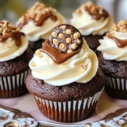 - 1 ½ cups all-purpose flour - 1 cup granulated sugar - ½ cup unsweetened cocoa powder - 1 tsp baking powder - 1 tsp baking soda - ½ tsp salt - 2 large eggs - 1 cup whole milk - ½ cup vegetable oil - 2 tsp vanilla extract - 12 Ferrero Rocher chocolates (for batter and decoration) - 1 cup chocolate hazelnut spread - 1 cup heavy cream for frosting - 2 tbsp powdered sugar and chopped hazelnuts for garnish Gather these ingredients to create your irresistible Ferrero Rocher cupcakes. You can use the Ferrero Rocher chocolates in both the batter and as decoration. Mixing the chocolate hazelnut spread into the cupcakes adds a rich flavor. The heavy cream will whip up beautifully for your frosting, giving a nice texture. Lastly, the chopped hazelnuts will add a nice crunch on top. Check the [Full Recipe] for detailed steps and tips. - Preheat Oven: Set your oven to 350°F (175°C). Line a muffin tin with cupcake liners. - Mixing Process: In one bowl, sift together the flour, sugar, cocoa powder, baking powder, baking soda, and salt. In another bowl, whisk together the eggs, milk, vegetable oil, and vanilla extract until well mixed. - Combine mixtures: Gradually mix the wet ingredients into the dry ones. Stir until just combined. The batter will be thick. Carefully add the boiling water to the batter, stirring until smooth. - Add Ferrero Rocher: Gently fold in the chopped Ferrero Rocher chocolates. - Bake: Divide the batter evenly among the cupcake liners, filling them about two-thirds full. Bake for 18 to 20 minutes. Insert a toothpick to check if it comes out clean. - Cool: Remove the cupcakes from the oven. Let them cool in the pan for 5 minutes, then move them to a wire rack to cool completely. - Make the frosting: In a mixing bowl, whip the heavy cream until soft peaks form. Gradually add the powdered sugar. Continue to whip until you see stiff peaks. - Fill cupcakes: Once the cupcakes are cool, use a small knife or corer to make a hole in the center of each cupcake. Fill the hole with chocolate hazelnut spread. - Frosting: Pipe the whipped cream over each cupcake. - Decorate: Top each cupcake with a Ferrero Rocher and sprinkle chopped hazelnuts for extra crunch. For more details on ingredients and measurements, check out the Full Recipe. - Ensuring proper oven temperature: Always preheat your oven to 350°F (175°C). This step is key to getting fluffy cupcakes. Use an oven thermometer for accuracy. A hot oven helps the cupcakes rise well. - Measuring ingredients accurately: Use measuring cups and spoons for dry and wet ingredients. Spoon flour into a cup and level it off with a knife. This method prevents too much flour in the mix, which can lead to dry cupcakes. - Creative ways to use chocolate hazelnut spread: You can swirl chocolate hazelnut spread into the frosting for extra flavor. Just warm it slightly to make it easy to drizzle. Spread it on top of the cupcake before adding the frosting for a rich layer. - How to achieve perfect frosting peaks: When whipping the cream, stop when soft peaks form. Add the powdered sugar gradually. Continue whipping until you get stiff peaks. Use a piping bag for clean, tall peaks that look inviting and professional. - Presentation ideas and pairing options: Place your cupcakes on a nice cake stand or a decorative platter. Drizzle extra chocolate hazelnut spread over the top for flair. Pair with coffee or milk for a delightful treat. Use festive liners to match the occasion and make them pop on the table. For the full recipe, check out the details above. Enjoy your baking! {{image_2}} You can mix up the flavors in your Ferrero Rocher cupcakes. Try a different frosting for a new twist. Cream cheese frosting adds a tangy touch. A rich ganache brings extra chocolate flavor. You can also swap in other chocolates. Dark chocolate or milk chocolate works well. Each choice gives a unique taste to your cupcakes. If you want gluten-free cupcakes, use almond flour instead of all-purpose flour. This change keeps the texture light and tasty. For a vegan option, replace eggs with flaxseed meal and use plant-based milk. Use coconut cream for frosting instead of heavy cream. These swaps help everyone enjoy your delicious cupcakes. Add festive cheer with holiday-themed decorations. For Christmas, use red and green sprinkles. In autumn, try pumpkin spice frosting. You can also add seasonal flavors. Incorporate fresh berries in summer or caramel in fall. These ideas keep your Ferrero Rocher cupcakes fun and exciting all year round. For the complete recipe, check out the [Full Recipe]. To keep your Ferrero Rocher cupcakes fresh, store them in an airtight container. This helps prevent them from drying out. Place a piece of wax paper between layers if you stack them. Keep the container at room temperature for up to three days. If you live in a hot and humid area, the fridge is a better option. Just remember to let them warm up a bit before serving. You can freeze your cupcakes for later enjoyment. First, let them cool completely. Then, wrap each cupcake tightly in plastic wrap. Place the wrapped cupcakes in a freezer-safe bag or container. They can stay frozen for up to three months. To thaw, take them out of the freezer and leave them at room temperature for about an hour. If you want to frost them afterward, wait until they are completely thawed. Ferrero Rocher cupcakes taste best within three days of baking. After that, their flavor and texture may decline. If you have leftovers, keep them in an airtight container. If you freeze them properly, they can last up to three months. Enjoy your treats while they are fresh for the best taste. For the full recipe, check out the detailed instructions above. How to make Ferrero Rocher cupcakes moist? To keep these cupcakes moist, you can add more milk or oil. I also suggest using boiling water in the batter. This step helps create a rich texture. Also, don’t overbake the cupcakes. Check them with a toothpick after 18 minutes. If it comes out clean, they are done! Can I use different nuts instead of hazelnuts? Yes, you can use other nuts like almonds or pecans. They will change the flavor a bit, but they can still taste great. Just chop them finely and mix them in the batter or use them as a topping. What can I use instead of eggs? If you're looking for an egg substitute, try using applesauce or mashed bananas. Use 1/4 cup of either for each egg. This will help keep the cupcakes moist and fluffy. You can also use flaxseed meal mixed with water as a binder. Can I make the frosting ahead of time? You can make the frosting in advance. Just whip it until you get stiff peaks and store it in the fridge. When you're ready to use it, give it a quick whip again to restore its texture. This method keeps it fresh and easy to work with. What to do if cupcakes sink in the middle? If your cupcakes sink, it could be due to underbaking or too much moisture. Make sure to measure your ingredients carefully. Also, let the cupcakes cool in the pan for a few minutes before moving them. This helps them set properly. How to fix a runny frosting? If your frosting is too runny, you can add more powdered sugar to thicken it. Mix it in slowly until you reach the right consistency. Another option is to chill the frosting for a bit. This can help it firm up without changing the taste. For the full recipe, check out the detailed instructions on how to make these delicious Ferrero Rocher cupcakes! In this post, we explored making delicious Ferrero Rocher cupcakes. We covered essential ingredients, precise steps, and creative ways to decorate. Remember, proper measurement and oven temperature are key for success. Don’t hesitate to try variations based on your taste, like gluten-free or vegan options. These cupcakes can impress at any occasion. With the right techniques, your baking will shine. Enjoy sharing these treats with friends and family!