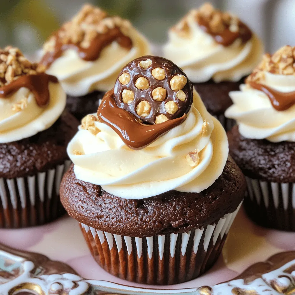 - 1 ½ cups all-purpose flour - 1 cup granulated sugar - ½ cup unsweetened cocoa powder - 1 tsp baking powder - 1 tsp baking soda - ½ tsp salt - 2 large eggs - 1 cup whole milk - ½ cup vegetable oil - 2 tsp vanilla extract - 12 Ferrero Rocher chocolates (for batter and decoration) - 1 cup chocolate hazelnut spread - 1 cup heavy cream for frosting - 2 tbsp powdered sugar and chopped hazelnuts for garnish Gather these ingredients to create your irresistible Ferrero Rocher cupcakes. You can use the Ferrero Rocher chocolates in both the batter and as decoration. Mixing the chocolate hazelnut spread into the cupcakes adds a rich flavor. The heavy cream will whip up beautifully for your frosting, giving a nice texture. Lastly, the chopped hazelnuts will add a nice crunch on top. Check the [Full Recipe] for detailed steps and tips. - Preheat Oven: Set your oven to 350°F (175°C). Line a muffin tin with cupcake liners. - Mixing Process: In one bowl, sift together the flour, sugar, cocoa powder, baking powder, baking soda, and salt. In another bowl, whisk together the eggs, milk, vegetable oil, and vanilla extract until well mixed. - Combine mixtures: Gradually mix the wet ingredients into the dry ones. Stir until just combined. The batter will be thick. Carefully add the boiling water to the batter, stirring until smooth. - Add Ferrero Rocher: Gently fold in the chopped Ferrero Rocher chocolates. - Bake: Divide the batter evenly among the cupcake liners, filling them about two-thirds full. Bake for 18 to 20 minutes. Insert a toothpick to check if it comes out clean. - Cool: Remove the cupcakes from the oven. Let them cool in the pan for 5 minutes, then move them to a wire rack to cool completely. - Make the frosting: In a mixing bowl, whip the heavy cream until soft peaks form. Gradually add the powdered sugar. Continue to whip until you see stiff peaks. - Fill cupcakes: Once the cupcakes are cool, use a small knife or corer to make a hole in the center of each cupcake. Fill the hole with chocolate hazelnut spread. - Frosting: Pipe the whipped cream over each cupcake. - Decorate: Top each cupcake with a Ferrero Rocher and sprinkle chopped hazelnuts for extra crunch. For more details on ingredients and measurements, check out the Full Recipe. - Ensuring proper oven temperature: Always preheat your oven to 350°F (175°C). This step is key to getting fluffy cupcakes. Use an oven thermometer for accuracy. A hot oven helps the cupcakes rise well. - Measuring ingredients accurately: Use measuring cups and spoons for dry and wet ingredients. Spoon flour into a cup and level it off with a knife. This method prevents too much flour in the mix, which can lead to dry cupcakes. - Creative ways to use chocolate hazelnut spread: You can swirl chocolate hazelnut spread into the frosting for extra flavor. Just warm it slightly to make it easy to drizzle. Spread it on top of the cupcake before adding the frosting for a rich layer. - How to achieve perfect frosting peaks: When whipping the cream, stop when soft peaks form. Add the powdered sugar gradually. Continue whipping until you get stiff peaks. Use a piping bag for clean, tall peaks that look inviting and professional. - Presentation ideas and pairing options: Place your cupcakes on a nice cake stand or a decorative platter. Drizzle extra chocolate hazelnut spread over the top for flair. Pair with coffee or milk for a delightful treat. Use festive liners to match the occasion and make them pop on the table. For the full recipe, check out the details above. Enjoy your baking! {{image_2}} You can mix up the flavors in your Ferrero Rocher cupcakes. Try a different frosting for a new twist. Cream cheese frosting adds a tangy touch. A rich ganache brings extra chocolate flavor. You can also swap in other chocolates. Dark chocolate or milk chocolate works well. Each choice gives a unique taste to your cupcakes. If you want gluten-free cupcakes, use almond flour instead of all-purpose flour. This change keeps the texture light and tasty. For a vegan option, replace eggs with flaxseed meal and use plant-based milk. Use coconut cream for frosting instead of heavy cream. These swaps help everyone enjoy your delicious cupcakes. Add festive cheer with holiday-themed decorations. For Christmas, use red and green sprinkles. In autumn, try pumpkin spice frosting. You can also add seasonal flavors. Incorporate fresh berries in summer or caramel in fall. These ideas keep your Ferrero Rocher cupcakes fun and exciting all year round. For the complete recipe, check out the [Full Recipe]. To keep your Ferrero Rocher cupcakes fresh, store them in an airtight container. This helps prevent them from drying out. Place a piece of wax paper between layers if you stack them. Keep the container at room temperature for up to three days. If you live in a hot and humid area, the fridge is a better option. Just remember to let them warm up a bit before serving. You can freeze your cupcakes for later enjoyment. First, let them cool completely. Then, wrap each cupcake tightly in plastic wrap. Place the wrapped cupcakes in a freezer-safe bag or container. They can stay frozen for up to three months. To thaw, take them out of the freezer and leave them at room temperature for about an hour. If you want to frost them afterward, wait until they are completely thawed. Ferrero Rocher cupcakes taste best within three days of baking. After that, their flavor and texture may decline. If you have leftovers, keep them in an airtight container. If you freeze them properly, they can last up to three months. Enjoy your treats while they are fresh for the best taste. For the full recipe, check out the detailed instructions above. How to make Ferrero Rocher cupcakes moist? To keep these cupcakes moist, you can add more milk or oil. I also suggest using boiling water in the batter. This step helps create a rich texture. Also, don’t overbake the cupcakes. Check them with a toothpick after 18 minutes. If it comes out clean, they are done! Can I use different nuts instead of hazelnuts? Yes, you can use other nuts like almonds or pecans. They will change the flavor a bit, but they can still taste great. Just chop them finely and mix them in the batter or use them as a topping. What can I use instead of eggs? If you're looking for an egg substitute, try using applesauce or mashed bananas. Use 1/4 cup of either for each egg. This will help keep the cupcakes moist and fluffy. You can also use flaxseed meal mixed with water as a binder. Can I make the frosting ahead of time? You can make the frosting in advance. Just whip it until you get stiff peaks and store it in the fridge. When you're ready to use it, give it a quick whip again to restore its texture. This method keeps it fresh and easy to work with. What to do if cupcakes sink in the middle? If your cupcakes sink, it could be due to underbaking or too much moisture. Make sure to measure your ingredients carefully. Also, let the cupcakes cool in the pan for a few minutes before moving them. This helps them set properly. How to fix a runny frosting? If your frosting is too runny, you can add more powdered sugar to thicken it. Mix it in slowly until you reach the right consistency. Another option is to chill the frosting for a bit. This can help it firm up without changing the taste. For the full recipe, check out the detailed instructions on how to make these delicious Ferrero Rocher cupcakes! In this post, we explored making delicious Ferrero Rocher cupcakes. We covered essential ingredients, precise steps, and creative ways to decorate. Remember, proper measurement and oven temperature are key for success. Don’t hesitate to try variations based on your taste, like gluten-free or vegan options. These cupcakes can impress at any occasion. With the right techniques, your baking will shine. Enjoy sharing these treats with friends and family!