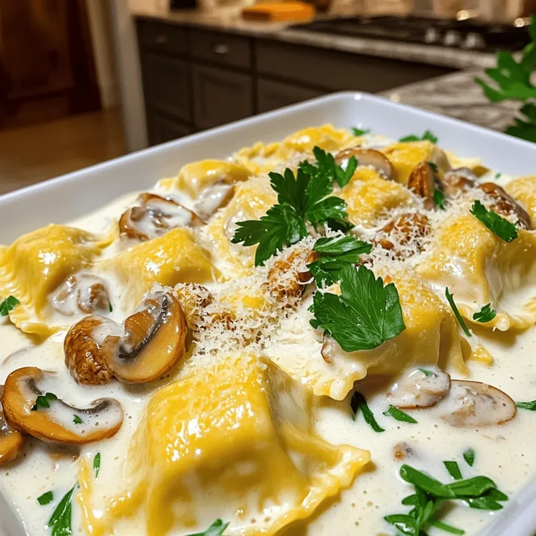 - 2 cups fresh or frozen ravioli (cheese or spinach filling) - 2 tablespoons olive oil - 1 small onion, finely chopped - 3 cloves garlic, minced - 8 ounces cremini mushrooms, sliced - 1 cup heavy cream - 1/2 cup vegetable broth - 1/4 cup grated Parmesan cheese - 1 teaspoon dried thyme - Salt and pepper to taste - Fresh parsley, chopped (for garnish) When I make my ravioli with mushroom cream sauce, I start with simple ingredients. The ravioli can be fresh or frozen, and I prefer cheese or spinach filling. The rich flavor comes from a mix of olive oil, onions, and garlic. Cremini mushrooms add depth to the sauce. Heavy cream gives the dish a smooth texture, while vegetable broth brings balance. Parmesan cheese adds a salty kick. Dried thyme rounds out the flavor. I always adjust the salt and pepper to suit my taste. - Substitute with gluten-free ravioli - Add spinach or other greens for extra nutrition - Include chicken or sausage for protein If you want to mix it up, try gluten-free ravioli. Adding fresh spinach or greens boosts nutrition. For more protein, toss in chicken or sausage. Each variation keeps the dish fun and fresh. For the full recipe, check out the detailed steps to create this comforting meal. - Boil a large pot of salted water. - Add the ravioli and cook according to package instructions. - Drain the ravioli and reserve a small cup of pasta water. Cooking the ravioli is simple. Make sure the water is boiling before adding the pasta. It helps keep the ravioli from sticking together. Follow the package instructions for cooking time. Once cooked, drain them carefully. Don’t forget to keep some pasta water. This water can help adjust the sauce later. - Sauté onions and garlic in olive oil. - Incorporate cremini mushrooms and cook until golden brown. - Add cream, broth, Parmesan, and thyme; let simmer. Start by heating olive oil in a large skillet. Add the finely chopped onion and let it cook for a few minutes. The onion should turn soft and clear. Then, stir in the minced garlic. Cook for just a minute until it smells great. Next, add the sliced cremini mushrooms. Let them cook until they are golden brown. This takes about 5 to 7 minutes. Now, pour in the heavy cream and vegetable broth. Stir everything together and add the grated Parmesan cheese and dried thyme. Bring the sauce to a gentle simmer for about 5 minutes. This helps the flavors mix well. - Season with salt and pepper. - Fold in ravioli and serve with parsley garnish. Once the sauce thickens slightly, taste it. Add salt and pepper until it’s just right. If the sauce seems too thick, add a little reserved pasta water. Now, gently fold the cooked ravioli into the sauce. Make sure they are well coated. Heat everything for another minute. Finally, plate the ravioli and add a generous scoop of sauce on top. Garnish with freshly chopped parsley for a nice touch. For the full recipe, check out the details above. Enjoy your creamy mushroom-magic ravioli! - Avoid overcooking the ravioli for perfect texture. Cooking ravioli takes just a few minutes. Follow the package instructions closely. Overcooked ravioli can be mushy and lose their shape. Keep an eye on them, and taste a piece to check if they're ready. - Use a high-quality Parmesan cheese for the best flavor. Good Parmesan adds a rich, nutty taste to your sauce. Look for aged cheese that crumbles easily. Freshly grated cheese melts better and enhances the dish. - Best paired with a crisp white wine. A nice white wine, like Pinot Grigio, complements the creamy sauce. The wine’s acidity cuts through the richness of the dish. It makes each bite even more delightful. - Suitable for romantic dinners or family gatherings. This meal is a crowd-pleaser, perfect for special nights. Its creamy sauce and comforting ravioli create a warm atmosphere. Serve it with a side salad for a complete meal. Enjoy the smiles around the table! {{image_2}} You can easily change this meal to fit your diet. If you're vegan, try using plant-based cream and cheese. This swap keeps the dish creamy while making it dairy-free. For a low-carb option, use zucchini noodles instead of ravioli. Simply spiralize the zucchini and cook it lightly. This gives you a fresh taste without the carbs. Want to add more flavor? A pinch of nutmeg brings warmth to the sauce. It pairs well with the mushrooms. You can also play with herbs like basil or oregano. Adding these can brighten the dish and make it even more delicious. Don't be afraid to experiment; find what you love! After you enjoy your meal, store leftover ravioli and sauce in an airtight container. They will stay fresh for up to 3 days. Make sure to cool them down before sealing. This way, you can savor the flavors again without waste. If you have uncooked ravioli, freeze them for later use. You can cook them straight from frozen. This is a great way to save time on busy days. For cooked ravioli in sauce, you can store them for up to 2 months. Place the ravioli in the sauce in a freezer-safe container. Just remember to label it, so you know what’s inside. When you’re ready to enjoy, thaw in the fridge overnight and reheat gently. For more details, check the Full Recipe. Refrigerate in an airtight container for up to 3 days. This keeps it fresh and safe to eat later. Yes, fresh or frozen store-bought ravioli works well. It saves time and still tastes great. A crisp white wine like Pinot Grigio or Sauvignon Blanc enhances the dish. The bright notes balance the creaminess. This blog post covered a delicious mushroom cream sauce for ravioli. You learned which ingredients to use and how to prepare the dish step by step. Tips for perfection and serving suggestions were included to enhance your meal. Feel free to adjust the recipe with variations to suit your taste. Whether for a cozy dinner or a family gathering, this dish is sure to impress. Enjoy making this meal and savor the rich flavors!