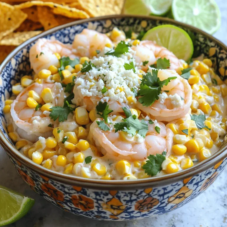 - 1 pound shrimp, peeled and deveined - 2 cups corn kernels (fresh or frozen) - 1 tablespoon olive oil - 1 teaspoon chili powder - 1 teaspoon garlic powder - 1 teaspoon lime zest - 1 tablespoon lime juice - 1/4 cup mayonnaise - 1/4 cup crumbled cotija cheese - 2 tablespoons fresh cilantro, chopped - 1/2 teaspoon smoked paprika - Salt and pepper to taste - Tortilla chips, for serving (optional) Choosing fresh ingredients makes a big difference. Use shrimp that feels firm and smells sweet. For corn, fresh is best, but frozen works well too. Olive oil gives a nice flavor and helps cook the shrimp evenly. You can swap shrimp for chicken or tofu if you want. Both options cook well and take on flavors nicely. If you need a dairy-free version, use vegan mayonnaise. For extra spice, try adding jalapeños or other peppers to the mix. By knowing these swaps, you can make this dish fit your needs. Feel free to experiment with what you have. This recipe is flexible and fun to adapt. For the full recipe, check out the details in the cooking section. First, you need to heat a large skillet over medium heat. Add one tablespoon of olive oil. Wait for the oil to shimmer before adding the shrimp. For the shrimp, use one pound, peeled and deveined. Season the shrimp with one teaspoon of chili powder, one teaspoon of garlic powder, lime zest, salt, and pepper. It’s important to coat the shrimp evenly. Cook the shrimp for about 3-4 minutes, turning them occasionally. They should turn pink and opaque. Once done, remove the shrimp from the skillet and set them aside. In the same skillet, add two cups of corn kernels, fresh or frozen. Sauté the corn for about 5-6 minutes. You want them to caramelize and heat through. This will give the corn a sweet and rich flavor. After that, reduce the heat to low. Add 1/4 cup of mayonnaise, one tablespoon of lime juice, and 1/2 teaspoon of smoked paprika to the corn. Mix in half of the crumbled cotija cheese as well. Stir everything well and heat for 2-3 minutes until combined. Now it’s time to mix the shrimp back in. Gently combine the shrimp with the corn sauce in the skillet. Heat everything through for a minute. For a beautiful presentation, serve the shrimp and corn sauce in a decorative bowl. Top it with the remaining cotija cheese and chopped fresh cilantro. You can serve this dish with tortilla chips for an extra crunch. This dish is colorful and packed with flavor. You can follow these steps for a delightful meal. For the complete recipe, be sure to check [Full Recipe]. - Avoiding overcooking shrimp: Cook shrimp for just 3-4 minutes. They turn pink when done. If you cook too long, they get tough. Keep an eye on them! - Ideal heat levels for cooking: Use medium heat. This helps shrimp cook evenly. High heat can burn them, while low heat can make them rubbery. - Additional spices for flavor depth: Try adding cayenne for heat or cumin for warmth. A pinch of smoked paprika adds a nice touch too. Experiment to find your favorite mix! - Adding texture with garnishes like avocado or nuts: Chop fresh avocado for creaminess. Toasted nuts add crunch. Both make the dish more appealing and tasty. - Serving suggestions and plating techniques: Use a colorful bowl to serve. Layer the shrimp and corn sauce for a nice effect. Place tortilla chips around for extra flair. - Garnishing ideas for an appealing look: Add lime wedges and fresh cilantro on top. This not only looks good but also adds freshness to each bite. For the full recipe, check out Shrimp Delight with Mexican Street Corn Sauce . {{image_2}} You can easily switch up the shrimp in this dish. Try chicken or tofu instead. These proteins absorb flavors well, just like shrimp. For seafood lovers, scallops or fish can work. Use what you have on hand. If you want a vegetarian version, use jackfruit or chickpeas. Both add great texture and flavor. You can also swap mayonnaise for vegan mayo. This keeps the dish creamy and rich without the dairy. To change the flavor, add new spices or herbs. Try cumin or oregano for a different twist. Fresh herbs like basil or parsley can brighten the dish. You may also want to add a hint of heat with fresh jalapeños or hot sauce. Adjust the spice to suit your taste. Different regions have their own versions of this dish. In some areas, you might find lime and cilantro mixed in with the corn sauce. In others, they might add more cheese or spices. Explore these variations to keep things exciting. Pair this dish with simple sides. Rice or a fresh salad works well. You can also serve it in tacos or wraps. This makes the meal fun and easy to eat. If you want crunch, serve with tortilla chips. You can dip them in the sauce for extra flavor. This dish also looks great on a platter. Serve it family-style for a casual meal. Add lime wedges and extra cilantro for a pop of color. You’ll impress your guests with both the taste and the look of it! For the full recipe, check out Shrimp Delight with Mexican Street Corn Sauce. To keep shrimp and corn sauce fresh, place them in an airtight container. Make sure the shrimp cool completely before sealing. This helps prevent moisture buildup. Store the dish in the fridge. It should stay good for 3 to 4 days. Reheat shrimp and corn sauce gently to keep them tender. Use a skillet over low heat. Stir often to avoid burning. You can also use the microwave. Heat in short bursts, stirring in between. Pair reheated leftovers with rice or a fresh salad for a full meal. To freeze this dish, first let it cool completely. Then, transfer it to a freezer-safe container. Use a vacuum sealer if you have one. This helps prevent freezer burn. The dish can be frozen for up to 2 months. For thawing, place it in the fridge overnight. Reheat using the skillet method to keep the texture nice. Enjoy your meal later with the same great taste! For the full details on how to make this dish, check out the Full Recipe. Making Shrimp with Mexican Street Corn Sauce takes about 20 minutes. You will need 10 minutes to prep and about 10 minutes to cook. This makes it a quick and tasty option for any meal. Yes, you can make this dish ahead of time. Cook the shrimp and corn sauce, then store them separately in the fridge. When you are ready to eat, just heat them up together. This keeps the shrimp juicy and the sauce creamy. If cotija cheese is hard to find, you can use feta cheese. It has a similar salty and crumbly texture. You can also use queso fresco or even shredded Parmesan for a different but tasty flavor. The dish can have a mild spice level. It uses chili powder, which adds flavor without too much heat. If you like it spicier, consider adding diced jalapeños or more chili powder to your liking. To make the recipe gluten-free, ensure that any sauces you use are gluten-free. The main ingredients, shrimp, corn, and cotija cheese, are gluten-free. You can serve it with gluten-free tortilla chips or skip them altogether for a lighter dish. For the full recipe, check out the details above. You learned how to make a tasty shrimp dish with Mexican street corn sauce. We covered essential ingredients, step-by-step cooking tips, and fun variations. Ensuring your shrimp are not overcooked is key, and seasoning makes a big difference. Play with spices and substitute ingredients to make it your own. Enjoy serving this on busy nights or at gatherings. With proper storage, you can also enjoy it later. Dive in and start cooking this delicious dish today!