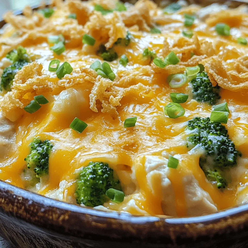 - 2 cups cooked shredded chicken - 1 cup cream cheese, softened - 1 cup ranch dressing - 1 cup shredded cheddar cheese - 1 cup frozen broccoli florets - 1 cup cooked brown rice - 1/2 cup green onions, chopped - 1 teaspoon garlic powder - 1 teaspoon onion powder - Salt and pepper to taste - 1/2 cup crispy fried onions (for topping) For this dish, you need simple and tasty ingredients. Start with cooked shredded chicken. It gives the casserole its main flavor. Next, cream cheese adds richness and creaminess. The ranch dressing brings a zesty touch. Shredded cheddar cheese melts beautifully on top, making it extra delicious. Frozen broccoli florets add color and nutrients. Cooked brown rice acts as a hearty base, giving you energy. Green onions add a fresh crunch. Garlic powder and onion powder boost the flavor. Finally, salt and pepper help tie all the tastes together. You can find the full recipe for Crack Chicken Casserole online. Cooking is fun and easy with these fresh ingredients! 1. Preheat your oven to 350°F (175°C). This helps the casserole cook evenly. 2. Grease a 9x13 inch casserole dish. It stops the food from sticking. 3. In a large bowl, mix together the cooked chicken, cream cheese, and ranch dressing. You want a smooth mix. 4. Add the cooked brown rice and stir well. This adds a nice texture. 5. Toss in the frozen broccoli, garlic powder, onion powder, and half of the cheddar cheese. Mix until well combined. 6. Season with salt and pepper to your liking. Taste as you go. 1. Pour the chicken mixture into the greased casserole dish. Spread it evenly. 2. Sprinkle the remaining cheddar cheese on top. This will melt and create a nice crust. 3. Bake in the preheated oven for 25-30 minutes. Check if the cheese is melted and bubbly. 4. In the last 5 minutes, take it out and add crispy fried onions on top. It adds a great crunch. 5. Return to the oven and bake for an additional 5 minutes. 1. Once done, remove the casserole from the oven. Let it cool for a few minutes. This makes it easier to serve. 2. Garnish with chopped green onions. They add a fresh taste and color. 3. Serve straight from the dish or on individual plates. Enjoy your meal! For the full recipe with all the details, click [Full Recipe]. - How to shred chicken efficiently To shred chicken, I find it easy to use two forks. Hold one fork to steady the meat. Use the other fork to pull apart the chicken into fine shreds. This method works fast and keeps the chicken moist. - Best practices for blending cream cheese Always let your cream cheese sit out a bit. This softens it, making it easy to mix. I recommend using a hand mixer for a smooth blend. This ensures no lumps in your casserole. - Substitutions for dietary restrictions You can swap the cream cheese for a dairy-free option like cashew cream. For gluten-free needs, use gluten-free ranch dressing and brown rice. These swaps keep the dish tasty and suitable for all. - Cooking times for alternative ovens If you’re using a convection oven, reduce the baking time by about 5 minutes. Check for doneness a bit early, as these ovens cook faster. Always look for melted cheese and bubbling edges. - Serving in the baking dish vs. individual plates Serving directly from the baking dish gives a homey feel. If you want a fancy touch, use individual plates. This makes each serving special and great for guests. - Garnishing for visual appeal Add chopped green onions on top before serving. This gives a nice burst of color and freshness. You can also sprinkle extra fried onions for crunch and style. {{image_2}} You can easily change the protein in this dish. Try turkey instead of chicken. If you want a veggie option, use tofu. Both options keep the dish tasty and filling. You can also swap out the veggies. Spinach and bell peppers work great. They add color and flavor to your casserole. Want to kick up the taste? Add spices like paprika or cayenne. Fresh herbs like parsley or thyme can also give it a fresh twist. You can change the sauces, too. Try barbecue sauce for a sweet and smoky flavor. Or, use hot sauce for some heat. This dish is perfect for meal prep. You can make it ahead for busy weeknights. Just assemble it, cover it, and store it in the fridge. It stays fresh for a few days. You can also freeze portions. Just cut them into serving sizes and wrap well. When you’re ready, thaw and bake. This way, you always have a quick meal on hand. For the full recipe, check the earlier section. To store your Crack Chicken Casserole, let it cool first. Then, place it in an airtight container. This keeps it fresh. You can keep it in the fridge for up to five days. If you want to enjoy it later, make sure to eat it within this time frame. Freezing the casserole is easy. Cut it into portions before freezing. This makes it simple to reheat later. Use a freezer-safe container or wrap it tightly in foil. You can freeze it for up to three months. When you’re ready to eat, thaw it in the fridge overnight. To reheat, place it in the oven at 350°F (175°C) for about 25 minutes. This will warm it up nicely without drying it out. Leftovers can be fun! You can turn them into a tasty wrap. Just take a tortilla, add the casserole, and roll it up. You can also make a quick soup. Just add chicken broth and heat it on the stove. For the best results when reheating, use the oven or stovetop. This keeps the flavors strong and the texture nice. Microwaving is fine but may not give you the best taste. How do I make Crack Chicken Casserole gluten-free? To make Crack Chicken Casserole gluten-free, use gluten-free ranch dressing and brown rice. Check the labels of all products. Gluten-free options for fried onions are also available. This way, you can enjoy the same great taste without gluten! Can I use rotisserie chicken for the recipe? Yes, rotisserie chicken is a great choice! It saves time and adds flavor. Just shred the chicken and mix it with the other ingredients. This little shortcut makes the dish even easier to prepare. What to serve with Crack Chicken Casserole? Crack Chicken Casserole pairs well with a green salad or steamed vegetables. You can also serve it with crusty bread for a hearty meal. These sides balance the rich flavors of the casserole. How long does the casserole last in the fridge? The casserole lasts about three to four days in the fridge. Store it in an airtight container to keep it fresh. Just reheat it in the oven or microwave when you're ready to eat. Can I substitute cream cheese for a dairy-free option? Yes, you can use dairy-free cream cheese or a cashew cheese spread. These options work well in the recipe. They keep the dish creamy without dairy, making it suitable for those with dairy allergies. What type of ranch dressing works best? I recommend using a ranch dressing you enjoy. Homemade ranch adds a fresh taste, while store-bought options are quick and easy. Just ensure it has a good balance of flavor to complement the dish! This blog post detailed how to make a delicious Crack Chicken Casserole. We explored the ingredients, provided step-by-step instructions, and shared useful tips. You learned about storage, meal prep ideas, and creative ways to use leftovers. That said, this recipe is flexible and fun. You can adjust it to fit your taste. Try different proteins or veggies to keep things exciting. Enjoy cooking, and make this dish your own!
