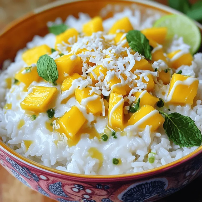 To make Coconut Rice with Mango, you need these simple ingredients: - 1 cup jasmine rice - 1 cup coconut milk - 1 cup water - 1/4 teaspoon salt - 1 ripe mango, peeled and diced - 2 tablespoons shredded coconut (preferably unsweetened) - 1 tablespoon maple syrup or honey (optional) - 1 tablespoon lime juice - Fresh mint leaves for garnish When making this dish, fresh ingredients shine. Look for ripe mangoes at the store. They are sweet and juicy. Use coconut milk from a can for rich flavor. Jasmine rice is easy to find. Keep pantry staples like salt and syrup at home. These ingredients make the dish taste great. Choosing the right mango is key for flavor. Here’s how to tell if a mango is ripe: - Color: Look for a mango that has a yellow or red hue. - Feel: Gently squeeze the mango. It should feel slightly soft but not mushy. - Smell: A ripe mango has a sweet, fruity smell at the stem end. Always pick mangoes that feel heavy for their size. This means they are juicy. If you find hard mangoes, let them ripen at room temperature. Enjoy the sweet taste of ripe mango in your dish. For the full method, check the Full Recipe. Start by rinsing the jasmine rice. Place it in a fine mesh strainer. Run cold water over it until the water runs clear. This step is key. It removes excess starch. Removing starch keeps the rice light and fluffy. In a medium saucepan, combine the rinsed rice, coconut milk, water, and salt. Stir to mix everything well. Place the saucepan over medium heat. Watch for the mixture to start boiling gently. Once it boils, reduce the heat to low. Cover the saucepan with a lid. Let it simmer for 15 minutes. This allows the rice to absorb the liquid fully. After 15 minutes, remove it from heat. Let it sit covered for another 5 minutes. Fluff the rice with a fork. Stir in the shredded coconut. While the rice cooks, it’s time for the mango. Peel the ripe mango and dice it into small cubes. In a bowl, combine the mango with lime juice. If you like, add maple syrup or honey for sweetness. Toss gently to coat the mango. To serve, spoon the coconut rice onto plates. Top each serving with the lime-infused mango pieces. Finish with fresh mint leaves for garnish. This adds a bright touch and a pop of color. Enjoy this delightful Coconut Rice with Mango! For the full recipe, click here. To make perfect coconut rice, start with the right rice. I recommend jasmine rice. It has a lovely aroma and a slightly sticky texture. Rinse the rice well. This removes extra starch and prevents clumps. Use a medium saucepan for even cooking. Combine the rinsed rice, coconut milk, water, and salt in the saucepan. Bring it to a gentle boil over medium heat. Once boiling, reduce the heat to low. Cover the pan and let it simmer for 15 minutes. Wait patiently as the rice absorbs the liquid. After 15 minutes, remove it from heat but keep it covered for another 5 minutes. This step makes the rice fluffy and light. You can boost the flavor of coconut rice in simple ways. Try adding lime juice for a zesty kick. Fresh herbs like cilantro or mint can add freshness. You can also mix in spices like cinnamon or cardamom for warmth. If you like sweetness, add a little maple syrup or honey. Unsweetened shredded coconut gives a nice texture. This mix of flavors makes the dish more exciting and delicious. Many people make mistakes when cooking coconut rice. One common mistake is not rinsing the rice. Skipping this step can lead to gummy rice. Another mistake is using too much liquid. Stick to the 1:1 ratio of rice to liquid. If you cook the rice too long, it becomes mushy. Always check the rice near the end of cooking time. Lastly, don't forget to let it sit after cooking. This resting time helps the rice become fluffy. Follow these tips to enjoy a great coconut rice experience. For the full recipe, check out the [Full Recipe]. {{image_2}} You can swap mango for many other fruits. Pineapple adds a sweet and tangy flavor. Try using diced kiwi for a unique twist. Fresh berries like strawberries or blueberries give a pop of color and taste. Each fruit changes the dish, making it fun to try new things. To keep this recipe vegan, use maple syrup instead of honey. Coconut milk is already dairy-free, which is great. You can use any plant-based sweetener if you want extra sweetness. If you do not have jasmine rice, use basmati rice for a nice flavor. Coconut rice with mango is perfect for many events. Serve it as a side dish at summer barbecues. It works well for birthday parties or tropical-themed events. You can also enjoy it as a light dessert after dinner. This dish fits in anywhere, making it a go-to choice. You can keep leftover coconut rice in an airtight container. Let it cool first. Store it in the fridge for up to three days. If you want to keep it longer, freezing is a great option. When you reheat coconut rice, add a splash of water. This keeps it moist. Use the microwave or a pot on the stove. If using the stove, heat on low and stir often. This helps the rice warm up evenly. You can freeze coconut rice and mango together. Just place the rice in a freezer-safe bag. Add the mango pieces on top. Make sure to remove as much air as possible. This way, the flavors stay fresh. You can freeze it for up to three months. When ready to eat, thaw in the fridge overnight. Then, reheat as needed. Enjoy your delicious dish again! Yes, you can use brown rice. Brown rice has more fiber and nutrients. However, it takes longer to cook. You will need to adjust the water and cooking time. Generally, use two cups of water and cook for about 40-45 minutes. This change will give your coconut rice a nuttier flavor and a chewier texture. Yes, you can make coconut rice with mango in advance. Cook the rice and store it in the fridge for up to three days. For the best taste, wait to add the mango until you're ready to serve. This keeps the mango fresh and bright. Just reheat the rice gently before serving. Coconut rice with mango pairs well with many dishes. Think grilled chicken or shrimp for a nice contrast. You can also serve it with spicy curries, which balance the sweet coconut flavor. For a vegetarian option, try it with roasted vegetables or tofu. The creamy rice complements these dishes beautifully. For the full recipe, please [Full Recipe]. Coconut rice paired with ripe mango is delicious and easy to make. We covered how to choose the best ingredients, prepare the rice, and serve it nicely. I shared tips to enhance flavors and avoid common mistakes. You can also explore fun variations for different meals and occasions. In the end, this dish is versatile and can impress anyone. Enjoy making coconut rice with mango, and share your results!