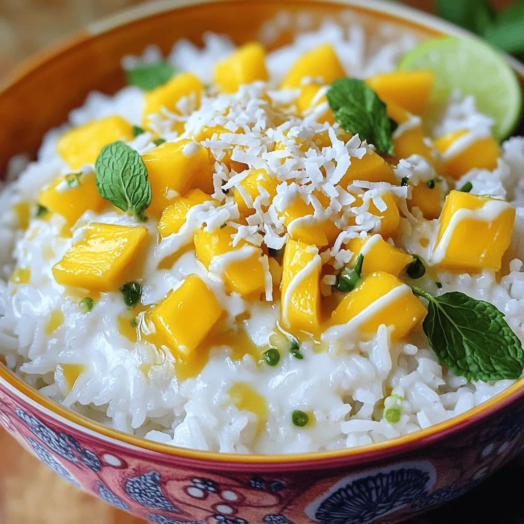 To make Coconut Rice with Mango, you need these simple ingredients: - 1 cup jasmine rice - 1 cup coconut milk - 1 cup water - 1/4 teaspoon salt - 1 ripe mango, peeled and diced - 2 tablespoons shredded coconut (preferably unsweetened) - 1 tablespoon maple syrup or honey (optional) - 1 tablespoon lime juice - Fresh mint leaves for garnish When making this dish, fresh ingredients shine. Look for ripe mangoes at the store. They are sweet and juicy. Use coconut milk from a can for rich flavor. Jasmine rice is easy to find. Keep pantry staples like salt and syrup at home. These ingredients make the dish taste great. Choosing the right mango is key for flavor. Here’s how to tell if a mango is ripe: - Color: Look for a mango that has a yellow or red hue. - Feel: Gently squeeze the mango. It should feel slightly soft but not mushy. - Smell: A ripe mango has a sweet, fruity smell at the stem end. Always pick mangoes that feel heavy for their size. This means they are juicy. If you find hard mangoes, let them ripen at room temperature. Enjoy the sweet taste of ripe mango in your dish. For the full method, check the Full Recipe. Start by rinsing the jasmine rice. Place it in a fine mesh strainer. Run cold water over it until the water runs clear. This step is key. It removes excess starch. Removing starch keeps the rice light and fluffy. In a medium saucepan, combine the rinsed rice, coconut milk, water, and salt. Stir to mix everything well. Place the saucepan over medium heat. Watch for the mixture to start boiling gently. Once it boils, reduce the heat to low. Cover the saucepan with a lid. Let it simmer for 15 minutes. This allows the rice to absorb the liquid fully. After 15 minutes, remove it from heat. Let it sit covered for another 5 minutes. Fluff the rice with a fork. Stir in the shredded coconut. While the rice cooks, it’s time for the mango. Peel the ripe mango and dice it into small cubes. In a bowl, combine the mango with lime juice. If you like, add maple syrup or honey for sweetness. Toss gently to coat the mango. To serve, spoon the coconut rice onto plates. Top each serving with the lime-infused mango pieces. Finish with fresh mint leaves for garnish. This adds a bright touch and a pop of color. Enjoy this delightful Coconut Rice with Mango! For the full recipe, click here. To make perfect coconut rice, start with the right rice. I recommend jasmine rice. It has a lovely aroma and a slightly sticky texture. Rinse the rice well. This removes extra starch and prevents clumps. Use a medium saucepan for even cooking. Combine the rinsed rice, coconut milk, water, and salt in the saucepan. Bring it to a gentle boil over medium heat. Once boiling, reduce the heat to low. Cover the pan and let it simmer for 15 minutes. Wait patiently as the rice absorbs the liquid. After 15 minutes, remove it from heat but keep it covered for another 5 minutes. This step makes the rice fluffy and light. You can boost the flavor of coconut rice in simple ways. Try adding lime juice for a zesty kick. Fresh herbs like cilantro or mint can add freshness. You can also mix in spices like cinnamon or cardamom for warmth. If you like sweetness, add a little maple syrup or honey. Unsweetened shredded coconut gives a nice texture. This mix of flavors makes the dish more exciting and delicious. Many people make mistakes when cooking coconut rice. One common mistake is not rinsing the rice. Skipping this step can lead to gummy rice. Another mistake is using too much liquid. Stick to the 1:1 ratio of rice to liquid. If you cook the rice too long, it becomes mushy. Always check the rice near the end of cooking time. Lastly, don't forget to let it sit after cooking. This resting time helps the rice become fluffy. Follow these tips to enjoy a great coconut rice experience. For the full recipe, check out the [Full Recipe]. {{image_2}} You can swap mango for many other fruits. Pineapple adds a sweet and tangy flavor. Try using diced kiwi for a unique twist. Fresh berries like strawberries or blueberries give a pop of color and taste. Each fruit changes the dish, making it fun to try new things. To keep this recipe vegan, use maple syrup instead of honey. Coconut milk is already dairy-free, which is great. You can use any plant-based sweetener if you want extra sweetness. If you do not have jasmine rice, use basmati rice for a nice flavor. Coconut rice with mango is perfect for many events. Serve it as a side dish at summer barbecues. It works well for birthday parties or tropical-themed events. You can also enjoy it as a light dessert after dinner. This dish fits in anywhere, making it a go-to choice. You can keep leftover coconut rice in an airtight container. Let it cool first. Store it in the fridge for up to three days. If you want to keep it longer, freezing is a great option. When you reheat coconut rice, add a splash of water. This keeps it moist. Use the microwave or a pot on the stove. If using the stove, heat on low and stir often. This helps the rice warm up evenly. You can freeze coconut rice and mango together. Just place the rice in a freezer-safe bag. Add the mango pieces on top. Make sure to remove as much air as possible. This way, the flavors stay fresh. You can freeze it for up to three months. When ready to eat, thaw in the fridge overnight. Then, reheat as needed. Enjoy your delicious dish again! Yes, you can use brown rice. Brown rice has more fiber and nutrients. However, it takes longer to cook. You will need to adjust the water and cooking time. Generally, use two cups of water and cook for about 40-45 minutes. This change will give your coconut rice a nuttier flavor and a chewier texture. Yes, you can make coconut rice with mango in advance. Cook the rice and store it in the fridge for up to three days. For the best taste, wait to add the mango until you're ready to serve. This keeps the mango fresh and bright. Just reheat the rice gently before serving. Coconut rice with mango pairs well with many dishes. Think grilled chicken or shrimp for a nice contrast. You can also serve it with spicy curries, which balance the sweet coconut flavor. For a vegetarian option, try it with roasted vegetables or tofu. The creamy rice complements these dishes beautifully. For the full recipe, please [Full Recipe]. Coconut rice paired with ripe mango is delicious and easy to make. We covered how to choose the best ingredients, prepare the rice, and serve it nicely. I shared tips to enhance flavors and avoid common mistakes. You can also explore fun variations for different meals and occasions. In the end, this dish is versatile and can impress anyone. Enjoy making coconut rice with mango, and share your results!