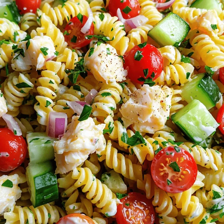- Fresh crab meat options - Use fresh lump crab meat for the best taste. - You can also use pasteurized crab meat if fresh is not available. - Recommended pasta types - Rotini pasta works great because it holds sauce well. - You can also try fusilli or bowtie pasta for fun shapes. - Optional ingredients for customization - Add avocado for creaminess. - Include bell peppers for a pop of color. - Green peas can bring sweetness and texture. This crab pasta salad is full of flavor and can be made your own. You can find the full recipe above to make this delightful dish. To make this crab pasta salad, start by cooking the rotini pasta. Boil water in a big pot. Add the pasta and cook it until it is al dente, which means it should be firm but not hard. This usually takes about 8 to 10 minutes. Once cooked, drain the pasta in a colander. Rinse the pasta under cold water. This cooling step is key. It stops the cooking process and keeps the pasta from becoming mushy. In a large mixing bowl, combine the cooled rotini pasta with the other ingredients. Add the fresh lump crab meat, cherry tomatoes, diced cucumber, and finely chopped red onion. Mix these well so that every bite is full of flavor. Now, let’s make the dressing. In a small bowl, whisk together the mayonnaise, Greek yogurt, Dijon mustard, lemon juice, and Old Bay seasoning. Mix until smooth. Taste the dressing and adjust flavors. You can add more lemon juice or salt to suit your taste. Pour the dressing over the pasta mixture. Gently toss everything together. Make sure all the ingredients are coated in the dressing. Cover the salad and chill it in the fridge for at least 30 minutes. This chilling time lets all the flavors blend together. When ready to serve, give it another gentle toss and garnish with chopped parsley. Enjoy your crab pasta salad! For the full recipe, check out the detailed instructions above. When choosing crab meat, fresh is best. Fresh crab meat has a sweet taste and tender texture. Look for meat that is white with a few brown bits. Canned crab meat is another option. It is more affordable and lasts longer. Check for quality brands with minimal additives. Store crab meat in the coldest part of your fridge. Use it within two days if fresh. If you buy canned, keep it in a cool, dark place. Once opened, use it quickly. Seasoning is key to a great crab pasta salad. Use salt and pepper to start. Fresh lemon juice brightens the dish. You can also use Old Bay seasoning for a classic touch. It adds depth without overpowering the crab. Try adding fresh herbs like dill or basil. Chopped chives can give a mild onion flavor. For more heat, consider a pinch of cayenne pepper. Experiment to find what you love! Pair your crab pasta salad with crusty bread or a light green salad. These sides balance the flavors well. For a nice touch, serve it in a colorful bowl. Garnish with extra parsley for a fresh look. A clean, organized plate makes a big difference. You can also try adding slices of lemon on the side for color. That way, guests can add more if they want. This salad is perfect for picnics or barbecues. Enjoy it chilled for the best taste! For the complete recipe, check the Full Recipe. {{image_2}} You can switch the crab meat for shrimp or chicken. Both options bring a lovely taste. Shrimp adds a sweet touch, while chicken gives a heartier bite. If you prefer a vegetarian dish, use chickpeas or tofu. These ingredients keep the salad filling and tasty. If you want a lighter salad, try low-fat dressing. Greek yogurt can replace mayonnaise for a creamy feel. For those avoiding gluten, gluten-free pasta works great. Look for pasta made from rice or corn. These options keep the dish enjoyable for everyone. Adding fruits or nuts can change the game. Try diced apples or grapes for a sweet twist. Nuts like walnuts or almonds add a nice crunch. Different dressings can also enhance the taste. Try a vinaigrette or a spicy aioli for new flavors. The full recipe gives you a great base to start with, but don’t hesitate to make it your own! To keep your crab pasta salad fresh, store it in an airtight container. This helps keep moisture in and bacteria out. Place it in the fridge right away. It should stay good for three to four days. If you want to freeze it, use a freezer-safe container. However, know that freezing may change the texture of the crab meat. For best results, only freeze the pasta salad if it’s not mixed with the dressing. How long does crab pasta salad last? When stored properly in the fridge, it lasts three to four days. If you notice any off smell, it’s best to throw it away. Signs it has gone bad include a slimy texture or discoloration. Always trust your senses. If it looks or smells strange, don’t eat it. Yes, you can use frozen crab meat. Just make sure to thaw it properly. To thaw, place the crab in the fridge overnight. If you need it sooner, run cold water over the sealed package. Once thawed, drain any excess liquid. Pat the crab dry with a paper towel before adding it to your salad. This keeps your dish from getting too watery. You can add some heat to your crab pasta salad in a few ways. Try mixing in a dash of hot sauce or a pinch of cayenne pepper. You could also add diced jalapeños or crushed red pepper flakes. For a unique twist, consider using spicy mustard instead of Dijon. Each option gives a nice kick that pairs well with the crab. Crab pasta salad is best served cold. Chilling the salad enhances its flavors. After mixing your ingredients, let it rest in the fridge for at least 30 minutes. This allows the dressing to soak into the pasta and crab. When ready to serve, provide a fresh garnish, like chopped parsley. It adds a nice touch to your dish! This blog post shared a simple yet tasty crab pasta salad recipe. We covered key ingredients, including crab meat and pasta options. I detailed step-by-step instructions to make it easy. You learned tips for selecting fresh crab and enhancing flavors. Variations allow you to customize the dish. Remember to store leftovers properly for the best taste. Enjoy this refreshing salad any time, whether for a meal or gathering. Dive in and have fun making your own unique version!