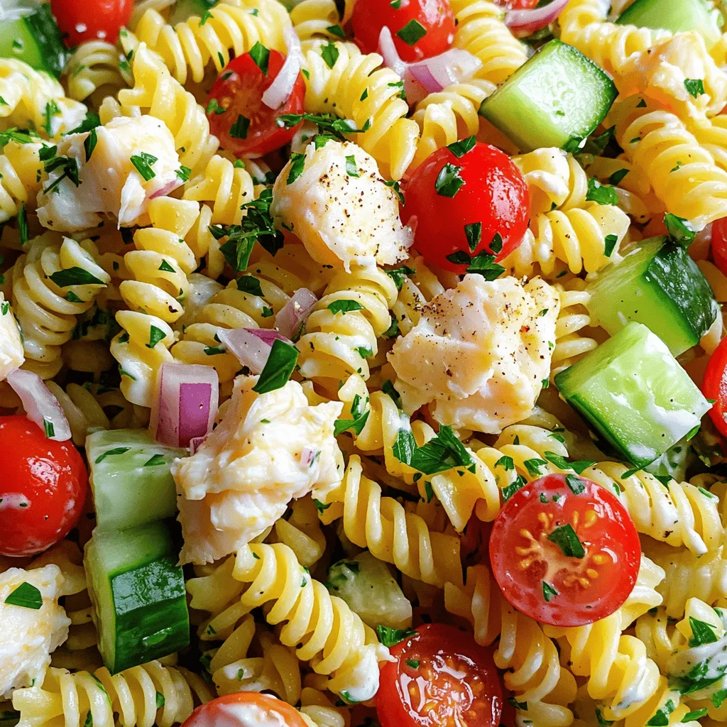 - Fresh crab meat options - Use fresh lump crab meat for the best taste. - You can also use pasteurized crab meat if fresh is not available. - Recommended pasta types - Rotini pasta works great because it holds sauce well. - You can also try fusilli or bowtie pasta for fun shapes. - Optional ingredients for customization - Add avocado for creaminess. - Include bell peppers for a pop of color. - Green peas can bring sweetness and texture. This crab pasta salad is full of flavor and can be made your own. You can find the full recipe above to make this delightful dish. To make this crab pasta salad, start by cooking the rotini pasta. Boil water in a big pot. Add the pasta and cook it until it is al dente, which means it should be firm but not hard. This usually takes about 8 to 10 minutes. Once cooked, drain the pasta in a colander. Rinse the pasta under cold water. This cooling step is key. It stops the cooking process and keeps the pasta from becoming mushy. In a large mixing bowl, combine the cooled rotini pasta with the other ingredients. Add the fresh lump crab meat, cherry tomatoes, diced cucumber, and finely chopped red onion. Mix these well so that every bite is full of flavor. Now, let’s make the dressing. In a small bowl, whisk together the mayonnaise, Greek yogurt, Dijon mustard, lemon juice, and Old Bay seasoning. Mix until smooth. Taste the dressing and adjust flavors. You can add more lemon juice or salt to suit your taste. Pour the dressing over the pasta mixture. Gently toss everything together. Make sure all the ingredients are coated in the dressing. Cover the salad and chill it in the fridge for at least 30 minutes. This chilling time lets all the flavors blend together. When ready to serve, give it another gentle toss and garnish with chopped parsley. Enjoy your crab pasta salad! For the full recipe, check out the detailed instructions above. When choosing crab meat, fresh is best. Fresh crab meat has a sweet taste and tender texture. Look for meat that is white with a few brown bits. Canned crab meat is another option. It is more affordable and lasts longer. Check for quality brands with minimal additives. Store crab meat in the coldest part of your fridge. Use it within two days if fresh. If you buy canned, keep it in a cool, dark place. Once opened, use it quickly. Seasoning is key to a great crab pasta salad. Use salt and pepper to start. Fresh lemon juice brightens the dish. You can also use Old Bay seasoning for a classic touch. It adds depth without overpowering the crab. Try adding fresh herbs like dill or basil. Chopped chives can give a mild onion flavor. For more heat, consider a pinch of cayenne pepper. Experiment to find what you love! Pair your crab pasta salad with crusty bread or a light green salad. These sides balance the flavors well. For a nice touch, serve it in a colorful bowl. Garnish with extra parsley for a fresh look. A clean, organized plate makes a big difference. You can also try adding slices of lemon on the side for color. That way, guests can add more if they want. This salad is perfect for picnics or barbecues. Enjoy it chilled for the best taste! For the complete recipe, check the Full Recipe. {{image_2}} You can switch the crab meat for shrimp or chicken. Both options bring a lovely taste. Shrimp adds a sweet touch, while chicken gives a heartier bite. If you prefer a vegetarian dish, use chickpeas or tofu. These ingredients keep the salad filling and tasty. If you want a lighter salad, try low-fat dressing. Greek yogurt can replace mayonnaise for a creamy feel. For those avoiding gluten, gluten-free pasta works great. Look for pasta made from rice or corn. These options keep the dish enjoyable for everyone. Adding fruits or nuts can change the game. Try diced apples or grapes for a sweet twist. Nuts like walnuts or almonds add a nice crunch. Different dressings can also enhance the taste. Try a vinaigrette or a spicy aioli for new flavors. The full recipe gives you a great base to start with, but don’t hesitate to make it your own! To keep your crab pasta salad fresh, store it in an airtight container. This helps keep moisture in and bacteria out. Place it in the fridge right away. It should stay good for three to four days. If you want to freeze it, use a freezer-safe container. However, know that freezing may change the texture of the crab meat. For best results, only freeze the pasta salad if it’s not mixed with the dressing. How long does crab pasta salad last? When stored properly in the fridge, it lasts three to four days. If you notice any off smell, it’s best to throw it away. Signs it has gone bad include a slimy texture or discoloration. Always trust your senses. If it looks or smells strange, don’t eat it. Yes, you can use frozen crab meat. Just make sure to thaw it properly. To thaw, place the crab in the fridge overnight. If you need it sooner, run cold water over the sealed package. Once thawed, drain any excess liquid. Pat the crab dry with a paper towel before adding it to your salad. This keeps your dish from getting too watery. You can add some heat to your crab pasta salad in a few ways. Try mixing in a dash of hot sauce or a pinch of cayenne pepper. You could also add diced jalapeños or crushed red pepper flakes. For a unique twist, consider using spicy mustard instead of Dijon. Each option gives a nice kick that pairs well with the crab. Crab pasta salad is best served cold. Chilling the salad enhances its flavors. After mixing your ingredients, let it rest in the fridge for at least 30 minutes. This allows the dressing to soak into the pasta and crab. When ready to serve, provide a fresh garnish, like chopped parsley. It adds a nice touch to your dish! This blog post shared a simple yet tasty crab pasta salad recipe. We covered key ingredients, including crab meat and pasta options. I detailed step-by-step instructions to make it easy. You learned tips for selecting fresh crab and enhancing flavors. Variations allow you to customize the dish. Remember to store leftovers properly for the best taste. Enjoy this refreshing salad any time, whether for a meal or gathering. Dive in and have fun making your own unique version!