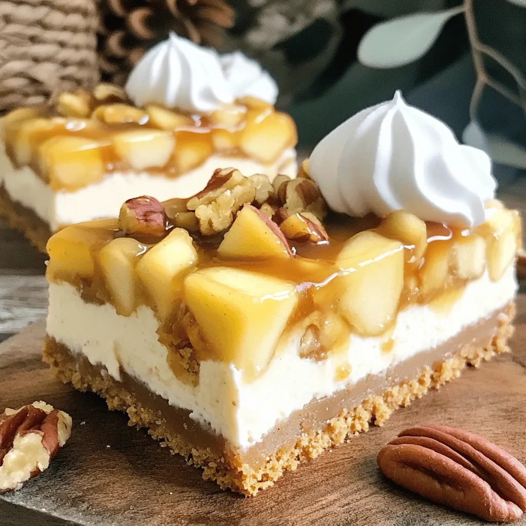 To make these tasty bars, you need some key items: - 2 cups graham cracker crumbs - 1/2 cup unsalted butter, melted - 1/4 cup granulated sugar - 2 (8 oz) packages cream cheese, softened - 1/2 cup brown sugar - 1 teaspoon vanilla extract - 2 large eggs - 2 cups apples, peeled and diced (about 2 medium apples) - 1 teaspoon ground cinnamon - 1/4 teaspoon nutmeg - 1 cup caramel sauce (store-bought or homemade) - Whipped cream for serving (optional) - Chopped pecans for garnish (optional) These ingredients come together to create a creamy, sweet, and crunchy treat. The apples and caramel give it a rich flavor that will wow everyone. To make your bars even better, consider adding these fun toppings: - Whipped cream - Chopped pecans - Extra caramel sauce These garnishes add texture and flavor. They make each bite special and fun. To prepare these cheesecake bars, you will need a few tools: - 9x13 inch baking pan - Parchment paper - Medium mixing bowl - Large mixing bowl - Electric mixer or whisk - Knife for cutting Having the right tools makes cooking easier and more enjoyable. You can find most of these items in your kitchen. For a complete guide on how to put this all together, check the Full Recipe for Caramel Apple Cheesecake Bars. Enjoy making this easy and delicious treat! Start by preheating your oven to 325°F (163°C). Line a 9x13 inch baking pan with parchment paper. Leave some paper hanging over the sides. This helps with easy removal later. In a medium bowl, mix 2 cups of graham cracker crumbs, 1/2 cup of melted unsalted butter, and 1/4 cup of granulated sugar. Stir until the crumbs feel moist. Press this mixture into the bottom of the pan. Make sure it's even and compact. Bake the crust for 10 minutes. Take it out and let it cool a bit. In a large mixing bowl, beat together 2 packages of softened cream cheese, 1/2 cup of brown sugar, and 1 teaspoon of vanilla extract. Mix until it is smooth and creamy. Add in 2 large eggs, one at a time. Make sure to mix well after each addition. In another bowl, take 2 cups of peeled and diced apples. Toss them with 1 teaspoon of ground cinnamon and 1/4 teaspoon of nutmeg. Fold this apple mix into the cream cheese mixture gently. This will add great flavor. Now, pour the cheesecake batter over the cooled crust in the pan. Spread it out evenly. Drizzle 1 cup of caramel sauce over the top. Use a knife to swirl it around a bit for a marbled look. Bake everything in the oven for 35-40 minutes. The center should be set but still have a slight jiggle. Let the bars cool on a wire rack for at least 1 hour. Once cooled, put them in the fridge for at least 3 hours or overnight. This makes cutting easier. When ready to serve, lift the bars out using the parchment paper. Cut them into squares. You can drizzle more caramel on top if you like. Add whipped cream and chopped pecans for a tasty finish. To get the best cheesecake texture, start with room temperature cream cheese. Cold cream cheese can turn lumpy. Beat the cream cheese well until it is smooth and creamy. This step is key for a rich filling. When you add eggs, mix them in one at a time. This keeps the batter smooth. Avoid over-mixing after adding eggs. Over-mixing can make the cheesecake too airy and cause cracks. Swirling caramel into your cheesecake adds a fun look and flavor. After pouring the batter into the pan, drizzle your caramel sauce over the top. Use a knife or a toothpick to create swirls. Don’t overdo it; you want to see both the cheesecake and caramel. If you prefer more caramel flavor, add extra swirls. Just remember, a little goes a long way. There are a few mistakes to watch for when making these bars. First, don’t skip the cooling steps. Allow the crust to cool before adding the cheesecake mix. This helps keep the layers separate. Second, avoid opening the oven door while baking. This can change the temperature and make your bars sink. Lastly, refrigerating the bars is a must. This helps them set well and makes cutting easier. For more tips, check the Full Recipe for details. {{image_2}} If you need a gluten-free crust, use ground almonds or gluten-free graham crackers. Both options give a nice flavor and texture. Just mix these with melted butter and sugar as you would with regular crumbs. Press it down firmly in the pan for a solid base. To make this recipe dairy-free, you can use vegan cream cheese. Brands like Tofutti or Kite Hill work well. They have a similar texture and taste. You can also try silken tofu blended until smooth. This option is lighter and still creamy. You can play with flavors in this recipe. Try adding a pinch of ginger or allspice for warmth. You can also use vanilla bean paste instead of extract for a richer taste. For a fun twist, mix in some chopped caramel candies in the batter for extra sweetness. Explore these variations to make the caramel apple cheesecake bars fit your needs and preferences. For the complete recipe, check out the Full Recipe section. To keep your caramel apple cheesecake bars fresh, store them in the fridge. Place the bars in an airtight container. This prevents them from drying out. You can also cover them tightly with plastic wrap. They will stay good for up to five days. If you plan to enjoy them later, think about freezing. Freezing these bars is simple. First, let them cool completely. Then, cut them into squares. Wrap each square in plastic wrap. Place the wrapped bars in a freezer bag or container. Label it with the date. These bars can last in the freezer for up to three months. When you’re ready, take out only what you need. To enjoy your frozen bars, thaw them in the fridge overnight. If you want them a bit warm, you can heat them in the microwave. Just place a bar on a microwave-safe plate. Heat it for about 15-20 seconds. This will make the caramel gooey and delicious again. Serve with a drizzle of caramel sauce or whipped cream for extra delight. The Full Recipe is a great guide for making these tasty treats. Yes, you can use different fruits in these bars. Pears, peaches, or berries work well. Just remember to adjust the spices to match the fruit. For example, you might skip the nutmeg when using berries. If you need a substitute for cream cheese, try mascarpone or Greek yogurt. Both will give a creamy texture. You can also use a dairy-free cream cheese if you prefer. You can store these bars in the fridge for about five days. Make sure to keep them in an airtight container. This helps keep them fresh and tasty. Yes, refrigerating the cheesecake bars is important. It helps them set properly. Chilling makes them easier to cut and gives the flavors time to blend. I recommend chilling them for at least three hours, or even overnight for best results. In this article, we explored how to make delicious caramel apple cheesecake bars. We covered essential ingredients, tools needed, and clear steps for a perfect bake. I shared tips for texture, caramel techniques, and common mistakes to avoid. Plus, we looked at tasty variations and best storage practices for leftovers. With these insights, you can confidently create your own bars. Enjoy experimenting with flavors, and don’t hesitate to make this recipe your own!