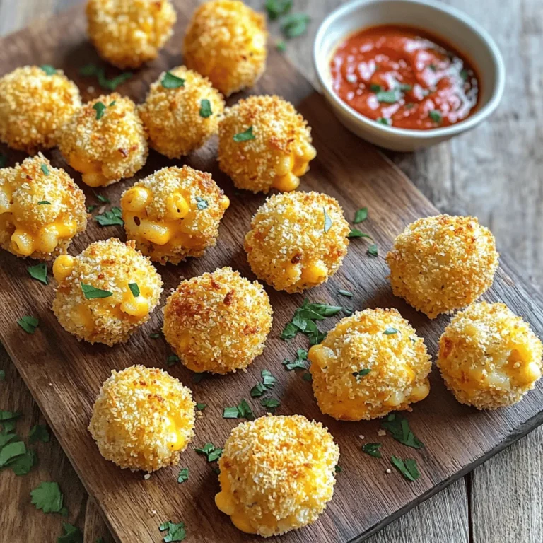 - 2 cups cooked mac and cheese - 1 cup breadcrumbs (preferably panko) - 1/2 cup all-purpose flour - 2 large eggs, beaten - 1 teaspoon garlic powder - 1 teaspoon onion powder - 1 teaspoon smoked paprika - Salt and pepper to taste - Olive oil spray - Air fryer - Mixing bowls - Baking tray When you gather your ingredients, make sure to use your favorite mac and cheese recipe. The better the mac and cheese, the tastier the balls! I love using panko breadcrumbs. They give a nice crunch. The spices add great flavor and aroma. You will need an air fryer for this recipe. It cooks the balls quickly and keeps them crispy. Mixing bowls help you prepare the coating and beat the eggs. A baking tray is useful for forming the balls before cooking. Once you have everything ready, you're set to make these crispy treats! Check out the Full Recipe for all the steps. 1. Chill the mac and cheese: Place your cooked mac and cheese in the fridge. Let it chill for at least one hour. This makes it firm and easier to handle. 2. Form the mac and cheese balls: Once chilled, scoop out about one tablespoon of mac and cheese. Roll it into a ball using your hands. Repeat this step until you shape all the mixture into 12 to 15 balls. 1. Prepare the coating station: Set up three bowls. In the first bowl, mix flour with salt, pepper, garlic powder, onion powder, and smoked paprika. In the second bowl, beat the eggs. Pour breadcrumbs into the third bowl. 2. Roll and coat the balls: Take each mac and cheese ball. First, roll it in the seasoned flour. Next, dip it in the beaten eggs. Lastly, coat it with breadcrumbs. Make sure each ball is fully covered. 1. Preheat the air fryer: Set your air fryer to 375°F (190°C). Let it preheat for about five minutes. 2. Air fry the mac and cheese balls: Lightly spray the air fryer basket with olive oil. Place the mac and cheese balls in a single layer. Be sure they are not touching. Spray the tops lightly with olive oil too. 3. Cooking: Cook the balls for 8 to 10 minutes. Flip them halfway through. They should be golden brown and crispy when done. You may need to cook in batches if your air fryer is small. 4. Serving suggestions: Let the balls cool slightly after cooking. Serve warm with marinara sauce, ranch dressing, or any dip you like. To get that perfect crispy texture, make sure to chill your mac and cheese before you form the balls. This step helps hold their shape. Aim for a chilling time of at least one hour. When air frying, set your air fryer to 375°F (190°C). This temperature cooks the balls evenly and gives them a golden color. Cook them for about 8 to 10 minutes, flipping halfway through for even crispness. One common mistake is not chilling the mac and cheese. If you skip this step, the balls may fall apart when you fry them. Another mistake is overcrowding the air fryer. Make sure to leave space between each ball. This allows the hot air to circulate and cook the balls evenly, giving you that desired crunch. To boost the flavor, consider adding spices or herbs to your mac and cheese mix. A pinch of cayenne pepper can add heat, while fresh herbs like parsley or chives can brighten the flavor. You can also use different types of cheese. Mixing sharp cheddar with creamy mozzarella can create a delightful flavor contrast. Experimenting with these options will make your mac and cheese balls even more delicious. For the full recipe, check out the Crunchy Air Fryer Fried Mac and Cheese Balls. {{image_2}} You can easily make these mac and cheese balls gluten-free. Use gluten-free breadcrumbs and flour. Many brands offer great options, so check your local store. For cheese, feel free to swap out your favorite kinds. Cheddar is classic, but mozzarella or gouda works well too. Each choice will give a unique taste. Want to spice things up? Add crispy bacon bits or chopped jalapeños to the mix. Both will give your treats a kick. You could also add veggies like spinach or bell peppers for extra nutrients. Pair your mac and cheese balls with tasty sauces. Marinara sauce is a classic choice. Ranch dressing or spicy aioli also work wonders. If you want to make your own sauce, try mixing sour cream with herbs or yogurt with hot sauce. These add flavor and fun to your snacks. For the full recipe, check out the link provided. To keep your mac and cheese balls fresh, follow these steps: - Refrigeration: Place leftovers in an airtight container. Store them in the fridge for up to 3 days. This helps maintain flavor and texture. - Freezing for Longer Storage: For longer storage, freeze the mac and cheese balls. Lay them on a baking sheet and freeze for about 1 hour. Once firm, transfer them to a freezer-safe bag. They can last up to 3 months in the freezer. To enjoy these tasty treats again, reheating is key. Here are my best methods: - Best Methods to Retain Crispiness: The air fryer is the best choice. It brings back that crunch. Preheat the air fryer to 375°F (190°C). - Time and Temperature Recommendations: Place the frozen or refrigerated balls in the air fryer. Cook for about 5-7 minutes, shaking halfway through. You want them hot and crispy again. Can I use store-bought mac and cheese? Yes, you can use store-bought mac and cheese if you are short on time. Just make sure it is firm after cooling. This helps form better balls. How do I know when they are done cooking? Your mac and cheese balls are done when they are golden brown. They should feel crispy on the outside. Use a fork to check if they are hot inside. Can I bake these instead of air frying? Yes, you can bake them. Set your oven to 400°F (200°C). Bake for about 15-20 minutes. Check often to ensure they do not burn. How to adjust cooking times for different air fryer models? Every air fryer is different. Start with the suggested time and check early. If they seem undercooked, add a few more minutes. What should I do if my mac and cheese balls fall apart? If they fall apart, chill them longer before cooking. You can also add a bit more flour to help bind them. This will keep them together during cooking. You now have a tasty way to enjoy mac and cheese. We covered the ingredients, how to shape the balls, and air-frying tips. Remember to chill the mac and cheese for the best texture. Experiment with flavors and sauces to match your taste. Store leftovers properly to retain crispness. With these steps, you can enjoy a delightful snack anytime. Dive in and savor your delicious creation. Enjoy cooking and sharing with others!