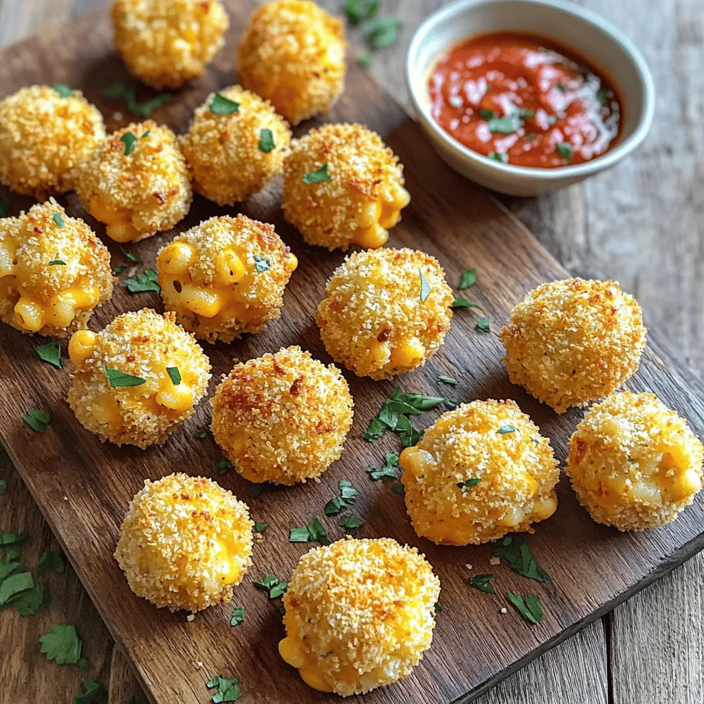 - 2 cups cooked mac and cheese - 1 cup breadcrumbs (preferably panko) - 1/2 cup all-purpose flour - 2 large eggs, beaten - 1 teaspoon garlic powder - 1 teaspoon onion powder - 1 teaspoon smoked paprika - Salt and pepper to taste - Olive oil spray - Air fryer - Mixing bowls - Baking tray When you gather your ingredients, make sure to use your favorite mac and cheese recipe. The better the mac and cheese, the tastier the balls! I love using panko breadcrumbs. They give a nice crunch. The spices add great flavor and aroma. You will need an air fryer for this recipe. It cooks the balls quickly and keeps them crispy. Mixing bowls help you prepare the coating and beat the eggs. A baking tray is useful for forming the balls before cooking. Once you have everything ready, you're set to make these crispy treats! Check out the Full Recipe for all the steps. 1. Chill the mac and cheese: Place your cooked mac and cheese in the fridge. Let it chill for at least one hour. This makes it firm and easier to handle. 2. Form the mac and cheese balls: Once chilled, scoop out about one tablespoon of mac and cheese. Roll it into a ball using your hands. Repeat this step until you shape all the mixture into 12 to 15 balls. 1. Prepare the coating station: Set up three bowls. In the first bowl, mix flour with salt, pepper, garlic powder, onion powder, and smoked paprika. In the second bowl, beat the eggs. Pour breadcrumbs into the third bowl. 2. Roll and coat the balls: Take each mac and cheese ball. First, roll it in the seasoned flour. Next, dip it in the beaten eggs. Lastly, coat it with breadcrumbs. Make sure each ball is fully covered. 1. Preheat the air fryer: Set your air fryer to 375°F (190°C). Let it preheat for about five minutes. 2. Air fry the mac and cheese balls: Lightly spray the air fryer basket with olive oil. Place the mac and cheese balls in a single layer. Be sure they are not touching. Spray the tops lightly with olive oil too. 3. Cooking: Cook the balls for 8 to 10 minutes. Flip them halfway through. They should be golden brown and crispy when done. You may need to cook in batches if your air fryer is small. 4. Serving suggestions: Let the balls cool slightly after cooking. Serve warm with marinara sauce, ranch dressing, or any dip you like. To get that perfect crispy texture, make sure to chill your mac and cheese before you form the balls. This step helps hold their shape. Aim for a chilling time of at least one hour. When air frying, set your air fryer to 375°F (190°C). This temperature cooks the balls evenly and gives them a golden color. Cook them for about 8 to 10 minutes, flipping halfway through for even crispness. One common mistake is not chilling the mac and cheese. If you skip this step, the balls may fall apart when you fry them. Another mistake is overcrowding the air fryer. Make sure to leave space between each ball. This allows the hot air to circulate and cook the balls evenly, giving you that desired crunch. To boost the flavor, consider adding spices or herbs to your mac and cheese mix. A pinch of cayenne pepper can add heat, while fresh herbs like parsley or chives can brighten the flavor. You can also use different types of cheese. Mixing sharp cheddar with creamy mozzarella can create a delightful flavor contrast. Experimenting with these options will make your mac and cheese balls even more delicious. For the full recipe, check out the Crunchy Air Fryer Fried Mac and Cheese Balls. {{image_2}} You can easily make these mac and cheese balls gluten-free. Use gluten-free breadcrumbs and flour. Many brands offer great options, so check your local store. For cheese, feel free to swap out your favorite kinds. Cheddar is classic, but mozzarella or gouda works well too. Each choice will give a unique taste. Want to spice things up? Add crispy bacon bits or chopped jalapeños to the mix. Both will give your treats a kick. You could also add veggies like spinach or bell peppers for extra nutrients. Pair your mac and cheese balls with tasty sauces. Marinara sauce is a classic choice. Ranch dressing or spicy aioli also work wonders. If you want to make your own sauce, try mixing sour cream with herbs or yogurt with hot sauce. These add flavor and fun to your snacks. For the full recipe, check out the link provided. To keep your mac and cheese balls fresh, follow these steps: - Refrigeration: Place leftovers in an airtight container. Store them in the fridge for up to 3 days. This helps maintain flavor and texture. - Freezing for Longer Storage: For longer storage, freeze the mac and cheese balls. Lay them on a baking sheet and freeze for about 1 hour. Once firm, transfer them to a freezer-safe bag. They can last up to 3 months in the freezer. To enjoy these tasty treats again, reheating is key. Here are my best methods: - Best Methods to Retain Crispiness: The air fryer is the best choice. It brings back that crunch. Preheat the air fryer to 375°F (190°C). - Time and Temperature Recommendations: Place the frozen or refrigerated balls in the air fryer. Cook for about 5-7 minutes, shaking halfway through. You want them hot and crispy again. Can I use store-bought mac and cheese? Yes, you can use store-bought mac and cheese if you are short on time. Just make sure it is firm after cooling. This helps form better balls. How do I know when they are done cooking? Your mac and cheese balls are done when they are golden brown. They should feel crispy on the outside. Use a fork to check if they are hot inside. Can I bake these instead of air frying? Yes, you can bake them. Set your oven to 400°F (200°C). Bake for about 15-20 minutes. Check often to ensure they do not burn. How to adjust cooking times for different air fryer models? Every air fryer is different. Start with the suggested time and check early. If they seem undercooked, add a few more minutes. What should I do if my mac and cheese balls fall apart? If they fall apart, chill them longer before cooking. You can also add a bit more flour to help bind them. This will keep them together during cooking. You now have a tasty way to enjoy mac and cheese. We covered the ingredients, how to shape the balls, and air-frying tips. Remember to chill the mac and cheese for the best texture. Experiment with flavors and sauces to match your taste. Store leftovers properly to retain crispness. With these steps, you can enjoy a delightful snack anytime. Dive in and savor your delicious creation. Enjoy cooking and sharing with others!