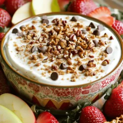 To make Christmas Crack Dip, you need three main ingredients: - 8 oz cream cheese, softened - 1 cup powdered sugar - 1 cup Greek yogurt or sour cream The cream cheese gives the dip a rich base. The powdered sugar adds sweetness, making it fun and festive. Greek yogurt or sour cream adds a nice tang and creamy texture. Next, you can add some fun mix-ins and toppings: - 1/2 cup toffee bits - 1/2 cup mini chocolate chips - 1/2 cup crushed pretzels - 1/2 cup chopped pecans or walnuts Toffee bits bring a sweet crunch to the mix. Mini chocolate chips add more chocolatey goodness. Crushed pretzels give a salty bite that balances the sweet. Chopped nuts add texture and flavor, but feel free to skip them if you prefer. For dipping, you can use fresh fruit: - Strawberries - Apple slices Fresh fruit adds a great contrast to the creamy dip. You can also serve it with other snacks like graham crackers or even cookies. These options add variety and keep the party fun! Start by mixing the cream cheese and powdered sugar. Use a hand mixer for a smooth blend. This step is key to a creamy dip. Next, add the Greek yogurt or sour cream. Pour in the vanilla extract too. Mix until the mixture is totally smooth and fluffy. Now it’s time to add some fun! Gently fold in the toffee bits, mini chocolate chips, crushed pretzels, and chopped nuts. Each ingredient brings its own flavor and crunch. Make sure they are evenly mixed in. This makes every bite exciting! Transfer your dip to a serving dish. Smooth the top with a spatula for a nice finish. For a festive touch, sprinkle some extra toffee bits, chocolate chips, and pretzel pieces on top. Chill the dip in the fridge for at least 30 minutes. This helps the flavors mix well. Serve with fresh fruit slices, like strawberries or apple slices, for a sweet balance. For the full recipe, check out the details above! To make Christmas Crack Dip smooth, start with room temperature cream cheese. Cold cream cheese can cause lumps. After softening, mix the cream cheese and powdered sugar well. Use a hand mixer to ensure it blends evenly. This step prevents those pesky lumps. Also, when adding Greek yogurt or sour cream, make sure they are at room temperature too. This will help the dip stay creamy. If your ingredients are cold, they won’t mix well. For a fun presentation, serve your dip on a colorful platter. You can arrange fresh fruit slices around the dip. Strawberries and apple slices work great. They add color and a healthy touch. Consider adding festive decorations like holiday-themed napkins or small ornaments. Pair the dip with other appetizers. Cheese and crackers, or veggies with dip can enhance your spread. This creates a festive atmosphere for your guests. You can adjust the sweetness of your dip. If you like it sweeter, add a bit more powdered sugar. If you prefer less sweetness, reduce the sugar. Feel free to mix in extra flavors too. Try adding a dash of cinnamon or a splash of almond extract. Chopped dried fruit can add a nice twist. You can also swap out nuts for a nut-free version if needed. For more details, check out the Full Recipe. {{image_2}} If you need a nut-free version of Christmas Crack Dip, you can easily swap out the nuts. Use more crushed pretzels instead. They add a nice crunch and keep the texture fun. You might also try using seeds like sunflower or pumpkin seeds. These options will not change the flavor much, but they give the dip a little bite. This way, everyone can enjoy the dip without worry! Want to switch things up? You can add flavors like peppermint or espresso. For peppermint, mix in a few crushed candies. This gives a festive taste that matches the season. If you lean towards espresso, add a teaspoon of coffee granules. You can even adjust the sweetness to balance it out. Try these flavors for different holidays, too. A hint of cinnamon works well for Thanksgiving, while orange zest adds brightness for a spring gathering. For a healthier twist, consider using Greek yogurt instead of sour cream. Greek yogurt is creamy but lower in fat. It also packs in extra protein, making the dip a bit more filling. You can also lower the sugar content. Use half the amount of powdered sugar, or try a sugar substitute. This makes the dip lighter without losing its yummy taste. You can enjoy this holiday treat while keeping health in mind! For the full recipe, check out the Christmas Crack Dip section. To keep your Christmas Crack Dip fresh, refrigerate it right after serving. Place it in an airtight container. This helps lock in flavor and moisture. If you have leftovers, try to eat them within three days. For the best taste, let it chill in the fridge for at least 30 minutes before serving. You can freeze this dip for long-term storage. First, place it in a freezer-safe container. Make sure to leave some space at the top for expansion. When you're ready to enjoy it again, take it out of the freezer. Thaw it in the fridge overnight. After thawing, stir it well before serving to restore the creamy texture. In the fridge, the dip lasts about 3 to 5 days. Always check for signs of spoilage before eating. If you notice an off smell or change in color, it's best to toss it. Fresh ingredients like cream cheese and yogurt can spoil quickly, so keep an eye on them. For a full recipe, you can find it in my earlier sections. Yes, you can make Christmas Crack Dip ahead of time. I often prepare it the day before a party. Just mix all the ingredients as in the Full Recipe. Once it's ready, store it in an airtight container in the fridge. This allows flavors to blend well. When you are ready to serve, take it out and let it sit for a few minutes. This helps it soften a bit. You can serve many tasty items with this dip. Here are some popular dippables: - Fresh fruit slices (like strawberries or apples) - Graham crackers - Pretzel sticks - Vanilla wafers - Pita chips These options add a nice contrast to the dip's rich flavor. They also bring fun and variety to your snack table. To make the dip lighter, you can swap some ingredients. Here are some tips: - Use low-fat cream cheese instead of regular cream cheese. - Substitute Greek yogurt for sour cream. - Cut down on the amount of powdered sugar. - Add more fresh fruit for natural sweetness. These changes can help lower the calories and fat content while still keeping the dip delicious. This blog post covered how to make Christmas Crack Dip, from essential ingredients to storage tips. You learned about the tasty mix-ins and how to customize the dip. I also shared ways to achieve the perfect texture and flavor. Remember, this dip is fun to make and enjoy with friends. Try different flavors and toppings to suit your taste. Share this treat at gatherings, and it will surely impress everyone!
