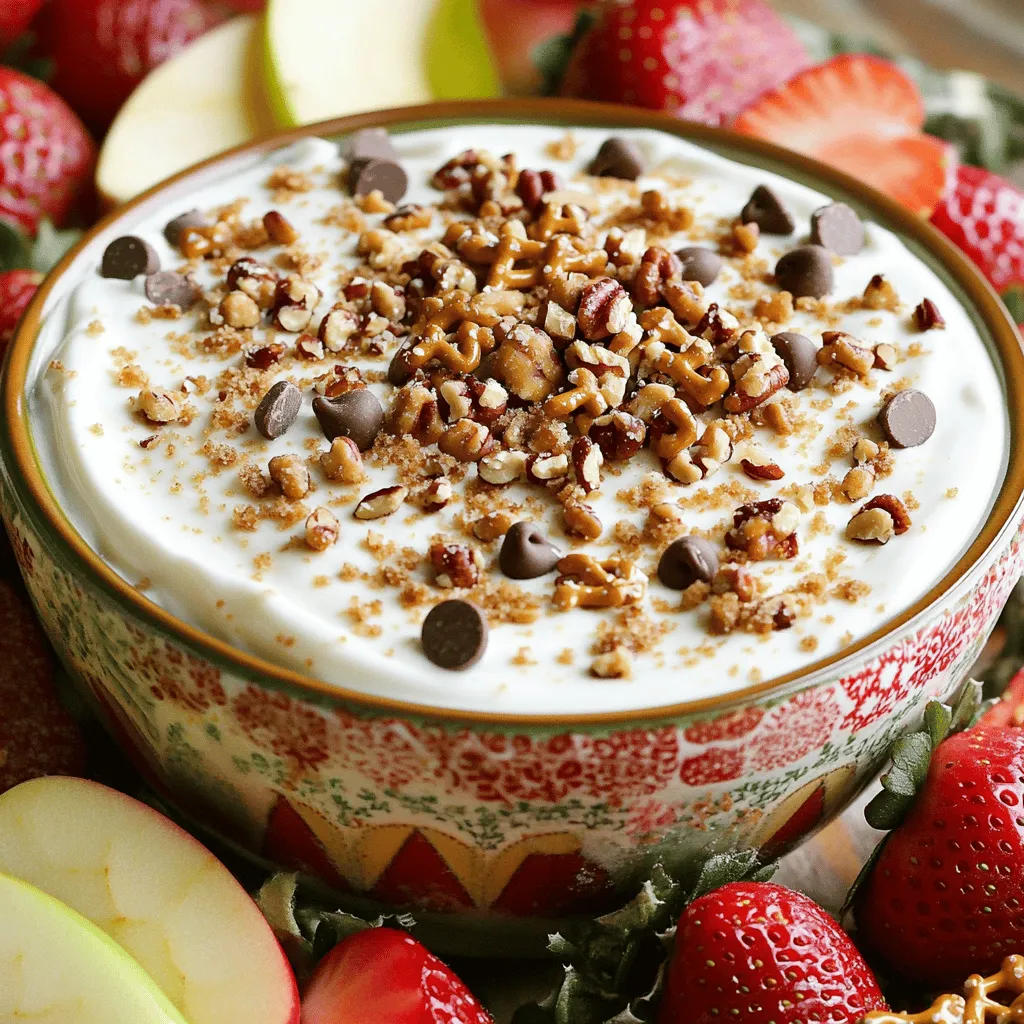 To make Christmas Crack Dip, you need three main ingredients: - 8 oz cream cheese, softened - 1 cup powdered sugar - 1 cup Greek yogurt or sour cream The cream cheese gives the dip a rich base. The powdered sugar adds sweetness, making it fun and festive. Greek yogurt or sour cream adds a nice tang and creamy texture. Next, you can add some fun mix-ins and toppings: - 1/2 cup toffee bits - 1/2 cup mini chocolate chips - 1/2 cup crushed pretzels - 1/2 cup chopped pecans or walnuts Toffee bits bring a sweet crunch to the mix. Mini chocolate chips add more chocolatey goodness. Crushed pretzels give a salty bite that balances the sweet. Chopped nuts add texture and flavor, but feel free to skip them if you prefer. For dipping, you can use fresh fruit: - Strawberries - Apple slices Fresh fruit adds a great contrast to the creamy dip. You can also serve it with other snacks like graham crackers or even cookies. These options add variety and keep the party fun! Start by mixing the cream cheese and powdered sugar. Use a hand mixer for a smooth blend. This step is key to a creamy dip. Next, add the Greek yogurt or sour cream. Pour in the vanilla extract too. Mix until the mixture is totally smooth and fluffy. Now it’s time to add some fun! Gently fold in the toffee bits, mini chocolate chips, crushed pretzels, and chopped nuts. Each ingredient brings its own flavor and crunch. Make sure they are evenly mixed in. This makes every bite exciting! Transfer your dip to a serving dish. Smooth the top with a spatula for a nice finish. For a festive touch, sprinkle some extra toffee bits, chocolate chips, and pretzel pieces on top. Chill the dip in the fridge for at least 30 minutes. This helps the flavors mix well. Serve with fresh fruit slices, like strawberries or apple slices, for a sweet balance. For the full recipe, check out the details above! To make Christmas Crack Dip smooth, start with room temperature cream cheese. Cold cream cheese can cause lumps. After softening, mix the cream cheese and powdered sugar well. Use a hand mixer to ensure it blends evenly. This step prevents those pesky lumps. Also, when adding Greek yogurt or sour cream, make sure they are at room temperature too. This will help the dip stay creamy. If your ingredients are cold, they won’t mix well. For a fun presentation, serve your dip on a colorful platter. You can arrange fresh fruit slices around the dip. Strawberries and apple slices work great. They add color and a healthy touch. Consider adding festive decorations like holiday-themed napkins or small ornaments. Pair the dip with other appetizers. Cheese and crackers, or veggies with dip can enhance your spread. This creates a festive atmosphere for your guests. You can adjust the sweetness of your dip. If you like it sweeter, add a bit more powdered sugar. If you prefer less sweetness, reduce the sugar. Feel free to mix in extra flavors too. Try adding a dash of cinnamon or a splash of almond extract. Chopped dried fruit can add a nice twist. You can also swap out nuts for a nut-free version if needed. For more details, check out the Full Recipe. {{image_2}} If you need a nut-free version of Christmas Crack Dip, you can easily swap out the nuts. Use more crushed pretzels instead. They add a nice crunch and keep the texture fun. You might also try using seeds like sunflower or pumpkin seeds. These options will not change the flavor much, but they give the dip a little bite. This way, everyone can enjoy the dip without worry! Want to switch things up? You can add flavors like peppermint or espresso. For peppermint, mix in a few crushed candies. This gives a festive taste that matches the season. If you lean towards espresso, add a teaspoon of coffee granules. You can even adjust the sweetness to balance it out. Try these flavors for different holidays, too. A hint of cinnamon works well for Thanksgiving, while orange zest adds brightness for a spring gathering. For a healthier twist, consider using Greek yogurt instead of sour cream. Greek yogurt is creamy but lower in fat. It also packs in extra protein, making the dip a bit more filling. You can also lower the sugar content. Use half the amount of powdered sugar, or try a sugar substitute. This makes the dip lighter without losing its yummy taste. You can enjoy this holiday treat while keeping health in mind! For the full recipe, check out the Christmas Crack Dip section. To keep your Christmas Crack Dip fresh, refrigerate it right after serving. Place it in an airtight container. This helps lock in flavor and moisture. If you have leftovers, try to eat them within three days. For the best taste, let it chill in the fridge for at least 30 minutes before serving. You can freeze this dip for long-term storage. First, place it in a freezer-safe container. Make sure to leave some space at the top for expansion. When you're ready to enjoy it again, take it out of the freezer. Thaw it in the fridge overnight. After thawing, stir it well before serving to restore the creamy texture. In the fridge, the dip lasts about 3 to 5 days. Always check for signs of spoilage before eating. If you notice an off smell or change in color, it's best to toss it. Fresh ingredients like cream cheese and yogurt can spoil quickly, so keep an eye on them. For a full recipe, you can find it in my earlier sections. Yes, you can make Christmas Crack Dip ahead of time. I often prepare it the day before a party. Just mix all the ingredients as in the Full Recipe. Once it's ready, store it in an airtight container in the fridge. This allows flavors to blend well. When you are ready to serve, take it out and let it sit for a few minutes. This helps it soften a bit. You can serve many tasty items with this dip. Here are some popular dippables: - Fresh fruit slices (like strawberries or apples) - Graham crackers - Pretzel sticks - Vanilla wafers - Pita chips These options add a nice contrast to the dip's rich flavor. They also bring fun and variety to your snack table. To make the dip lighter, you can swap some ingredients. Here are some tips: - Use low-fat cream cheese instead of regular cream cheese. - Substitute Greek yogurt for sour cream. - Cut down on the amount of powdered sugar. - Add more fresh fruit for natural sweetness. These changes can help lower the calories and fat content while still keeping the dip delicious. This blog post covered how to make Christmas Crack Dip, from essential ingredients to storage tips. You learned about the tasty mix-ins and how to customize the dip. I also shared ways to achieve the perfect texture and flavor. Remember, this dip is fun to make and enjoy with friends. Try different flavors and toppings to suit your taste. Share this treat at gatherings, and it will surely impress everyone!