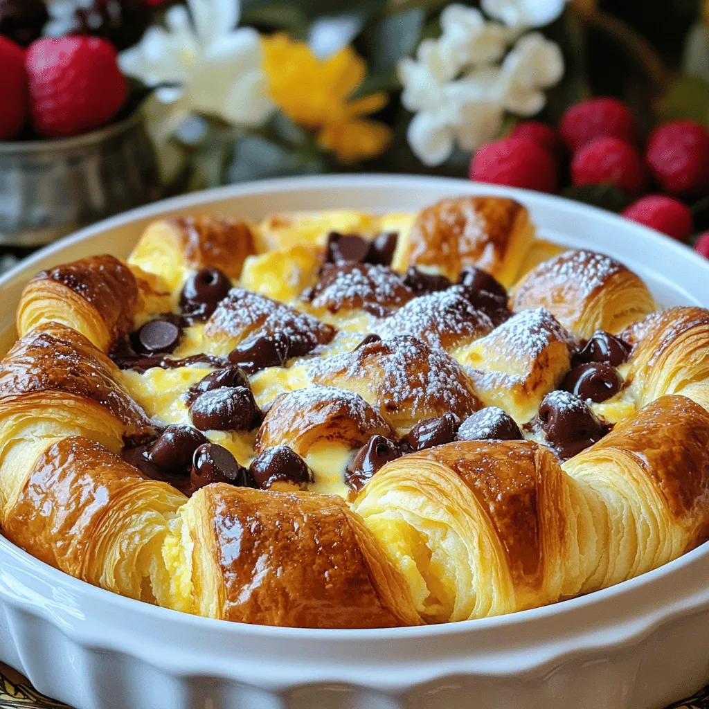 Gathering the right ingredients makes all the difference. Here’s what you need for this delightful Chocolate Croissant Breakfast Bake: - 4 large buttery croissants, cut into bite-sized pieces - 1 cup semi-sweet chocolate chips - 4 large eggs - 1 cup whole milk - 1/4 cup granulated sugar - 1 teaspoon vanilla extract - 1/2 teaspoon ground cinnamon - 1/4 teaspoon salt - Powdered sugar for dusting (optional) - Fresh berries for garnish (optional) Each ingredient plays a key role. The croissants bring a soft, buttery base. Chocolate chips add sweet bites throughout. Eggs and milk create a rich custard that binds everything. Sugar, vanilla, cinnamon, and salt enhance the flavors, making each bite a treat. Using fresh ingredients ensures the best taste. For a twist, try different types of chocolate or even add nuts. This recipe is simple and allows for creativity. Check the Full Recipe for detailed steps to make this tasty morning treat! - Preheat the oven to 350°F (175°C). - Grease a 9x13-inch baking dish with butter or cooking spray. - Arrange croissant pieces evenly in the dish. Start by preheating your oven. This step is key for even baking. Next, grease your dish well so the bake does not stick. After that, cut your buttery croissants into bite-sized pieces. Place them in the dish, making sure they cover the bottom. - Sprinkle chocolate chips over croissants. - Mix egg mixture ingredients in a bowl. - Pour egg mixture over croissants. Once the croissants are ready, it’s time for the fun part. Sprinkle the chocolate chips all over the croissant pieces. This will create pockets of melty chocolate. In a bowl, whisk together the eggs, milk, sugar, vanilla, cinnamon, and salt. This mixture will soak into the croissants. Pour it evenly over the croissants and chocolate chips. - Press down on croissant pieces. - Let sit for soaking time. - Bake until golden brown. Gently press down on the croissant pieces. This helps them soak up the egg mixture. Let it sit for about 10 minutes. Then, place the dish in your preheated oven. Bake for 25-30 minutes. Your bake is ready when the top is golden brown and the center is set. For the full recipe, check the section above to ensure you have everything you need for this delicious treat! - Ensure even soaking of croissants: Make sure each piece is fully covered by the egg mixture. Press down gently to help them soak. - Ideal baking duration for best texture: Bake for 25-30 minutes. You want the top to be golden brown, not too dark. - Avoid over-baking: Check for doneness around 25 minutes. If the edges start to burn, it's time to take it out. - Dusting with powdered sugar: After baking, sprinkle some powdered sugar on top. It adds a sweet touch and looks nice. - Garnishing with fresh berries: Add a handful of fresh berries on the side. They bring color and a fresh flavor. - Serving suggestions: Serve with a hot cup of coffee or tea. This makes it a perfect breakfast treat. For more details, check the Full Recipe for how to make this delightful dish. {{image_2}} You can get creative with your Chocolate Croissant Breakfast Bake by changing some ingredients. Here are a few ideas: - Using different types of bread: If you don’t have croissants, try brioche or even challah. Both will give a rich flavor and soft texture. - Alternative chocolates or add-ins: Swap semi-sweet chocolate chips for dark chocolate or white chocolate. You can also use chocolate chunks or even Nutella for a fun twist. - Non-dairy milk options: If you prefer non-dairy, almond milk or oat milk work well. They add a nice flavor and keep the bake moist. Adding new flavors can make this dish even more exciting. Here are some fun options: - Adding nuts or dried fruit: Toss in chopped nuts like pecans or walnuts for crunch. Dried cherries or cranberries can add a sweet bite, too. - Incorporating spices (like nutmeg): A pinch of nutmeg or cardamom can elevate the flavor profile. They give a warm, cozy taste that pairs well with chocolate. - Experimenting with flavored extracts: Try adding almond or orange extract instead of vanilla. These can add a unique twist to the overall flavor. Feel free to explore these options and make this breakfast bake your own! You can find the full recipe [here](#). You can store your chocolate croissant breakfast bake in the fridge. First, let it cool completely. Then, cover it with plastic wrap or foil. This will keep it fresh for about 2 to 3 days. You can also use an airtight container. This prevents it from drying out and keeps the flavors intact. If you want to keep it longer, freezing is a great option. Cut the bake into portions before freezing. Wrap each piece in plastic wrap, then place them in a freezer bag. This way, you can enjoy it later. It will stay fresh for up to 2 months. When you're ready to eat, simply remove a portion from the freezer. Thaw it in the fridge overnight. To reheat, place it in the oven at 350°F (175°C) for about 15 minutes. You can also microwave it for 1-2 minutes if you're in a hurry. Enjoy your tasty morning treat anytime! Can I use stale croissants for this recipe? Yes, stale croissants work well. They soak up the egg mixture better. This makes the bake soft and tasty. Just cut them into pieces as usual. What can I substitute for chocolate chips? You can use chopped chocolate bars or cocoa nibs. Nuts or dried fruit also add nice flavors. Feel free to get creative based on what you have. How do I make this recipe ahead of time? You can prepare the dish the night before. Just cover it and place it in the fridge. Bake it in the morning for a fresh breakfast. What should I do if the center is not set? If the center is not set, bake it a bit longer. Check every few minutes until it firms up. This ensures a perfect bake. Can I double the recipe for a larger crowd? Yes, you can double the recipe. Use a larger baking dish and adjust the baking time. This way, you can serve more friends and family. How do I customize the sweetness level? To change the sweetness, adjust the sugar. You can add less or more based on your taste. Taste the egg mixture before pouring it over the croissants. This recipe combines simple ingredients to create a delicious treat. We explored how to prepare buttery croissant bites soaked in a rich egg mixture and topped with chocolate chips. I shared baking tips and fun variations so you can customize it your way. Remember, perfection comes from even soaking and careful baking. Feel free to experiment with flavors and storage methods. With these steps, you’ll impress anyone who tries your dish. Enjoy your baking journey!