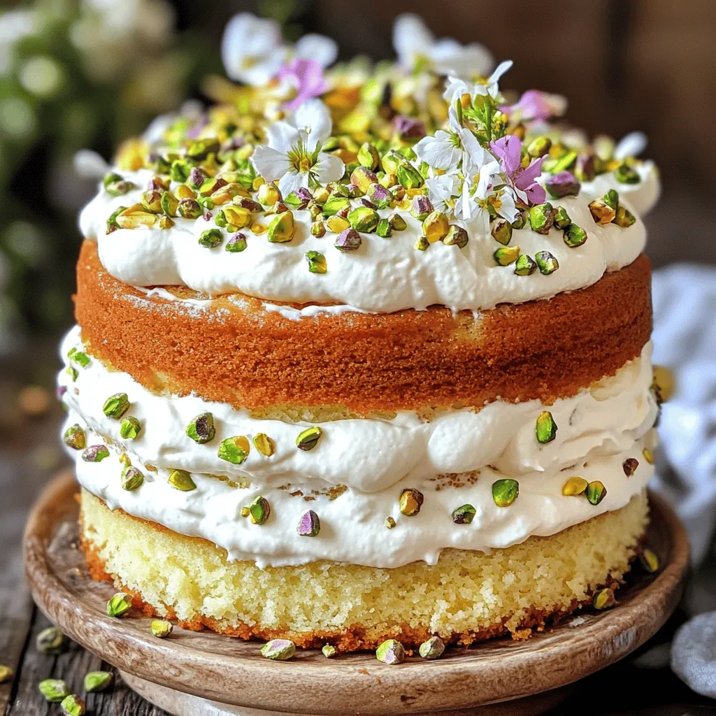 To make a delicious white chocolate pistachio cake, you need the following ingredients: - 1 ¾ cups all-purpose flour - 1 cup unsalted butter, softened - 1 cup granulated sugar - ½ cup packed brown sugar - 3 large eggs - 1 teaspoon vanilla extract - ½ teaspoon almond extract - 1 teaspoon baking powder - ½ teaspoon baking soda - ½ teaspoon salt - 1 cup white chocolate chips - ¾ cup shelled pistachios, roughly chopped - ½ cup whole milk - Optional: Whipped cream and additional pistachios for topping For best results, use precise measurements. If you need to make substitutions, here are some ideas: - You can use coconut oil instead of butter for a dairy-free option. - Swap granulated sugar with coconut sugar for a richer taste. - For a gluten-free version, use a 1:1 gluten-free flour blend. - Use almond milk instead of whole milk for a lighter cake. Gather the right tools to make this cake easy to prepare. You will need: - Two 8-inch round cake pans - Electric mixer - Mixing bowls - Measuring cups and spoons - Rubber spatula - Wire rack for cooling - Whisk for dry ingredients - Parchment paper (optional for easy cake removal) Now that you have everything ready, you can dive into making this delightful cake. For the full recipe, check out the complete instructions. Enjoy the process! First, gather your ingredients. You need flour, butter, sugars, eggs, and more. Start by preheating your oven to 350°F (175°C). Grease and flour two 8-inch round cake pans. In a medium bowl, whisk together the flour, baking powder, baking soda, and salt. Set this bowl aside for now. In a large mixing bowl, cream the softened butter, granulated sugar, and brown sugar together. Use an electric mixer for about 3-4 minutes until it looks light and fluffy. Next, add the eggs one at a time. Mix well after each egg. Then, pour in the vanilla and almond extracts and mix until combined. Gradually add the dry ingredients to the wet mixture. Alternate with the whole milk. Start and end with the dry mix. This helps keep the batter smooth. Gently fold in the white chocolate chips and chopped pistachios. Be careful not to overmix; you want them to stay whole. Now that your batter is ready, divide it evenly between the prepared cake pans. Smooth the tops with a spatula. Place the pans in the preheated oven and bake for 25-30 minutes. Check if they are done by inserting a toothpick into the center. If it comes out clean, the cakes are ready. Once baked, take the cakes out of the oven. Let them cool in the pans for 10 minutes. After that, transfer them to a wire rack to cool completely. When they are cool, layer the cakes with whipped cream. Sprinkle more chopped pistachios on each layer for added crunch. If you like, frost the top and sides with whipped cream. Garnish with extra pistachios for a pretty finish. Enjoy this delightful treat! For the complete recipe, check the Full Recipe. To get a soft and moist cake, start with room-temperature butter. This helps it blend well with sugar. Cream the butter and sugars together until they look fluffy. This step adds air, making your cake light. Mix the eggs in one at a time. This gives the batter a nice structure. Don't overmix when adding the dry ingredients. Just mix until everything is combined. This keeps your cake tender. Store your cake in an airtight container. This keeps it moist and fresh. If you have leftovers, you can wrap each slice in plastic wrap. Then place them in the fridge. For longer storage, freeze the slices. Just make sure to use freezer-safe wrap. Your cake will stay good for up to three months in the freezer. This cake shines on its own but pairs well with many treats. A dollop of whipped cream adds creaminess. Fresh berries bring a burst of flavor. You can also serve it with a scoop of vanilla ice cream. The cold ice cream contrasts nicely with the warm cake. For a special touch, sprinkle some extra chopped pistachios on top. You can find the full recipe [Full Recipe]. {{image_2}} To make a gluten-free white chocolate pistachio cake, swap all-purpose flour for a gluten-free blend. Use a blend that measures cup-for-cup like Bob's Red Mill or King Arthur Flour. This change keeps the texture light and fluffy. Be sure to check that your baking powder and chocolate chips are gluten-free, too. You can play with the flavors in this cake. Try adding orange zest for a citrus twist. Lemon zest also gives a bright note. If you love nuts, add walnuts or almonds instead of pistachios. For a richer taste, mix in dark chocolate chips with the white chocolate. Each option adds a unique spin. To create a vegan version, replace the eggs with flax eggs. Mix one tablespoon of flaxseed meal with three tablespoons of water for each egg. Use vegan butter and plant-based milk like almond or oat milk. Make sure your white chocolate chips are dairy-free. This version is just as tasty and kind to animals. For the full recipe, check the main section. Enjoy experimenting with these variations! To keep your leftover cake fresh, wrap it tightly. Use plastic wrap or foil. Store it in the fridge for up to a week. If you want to keep it longer, consider freezing it. For freezing, slice the cake into pieces. Wrap each slice in plastic wrap. Place the wrapped slices in a freezer-safe bag. This method keeps the cake moist. You can freeze it for up to three months. When you are ready to enjoy your cake, remove it from the freezer. Let it thaw in the fridge overnight. For a warm slice, use a microwave. Heat each slice for about 10 to 15 seconds. Enjoy your cake as if it were fresh! For more tips, check the Full Recipe. Baking this cake takes about 25 to 30 minutes. You should check it with a toothpick. If the toothpick comes out clean, the cake is done. The total time for making the cake is around one hour and ten minutes. This includes prep time and cooling time, so plan your baking well. Yes, you can. If you don't have white chocolate chips, use butterscotch or milk chocolate instead. The flavor will change, but it can still taste great. Make sure to adjust the sweetness if you use a different type of chocolate. I love serving this cake with whipped cream and extra chopped pistachios on top. It adds a nice touch and makes it look pretty. You can also add edible flowers or fresh mint leaves for extra flair. This cake pairs well with a scoop of vanilla ice cream, too. Absolutely! You can bake the cake a day ahead. Just store it in an airtight container. When you are ready to serve, layer and frost it with whipped cream. This keeps it fresh and tasty. Store leftover cake in an airtight container at room temperature for up to three days. If you want it to last longer, refrigerate it for up to a week. Just be sure to cover it well to keep it moist. For frosting, use whipped cream. It’s light and pairs well with the rich cake. You can also mix in a bit of almond extract for extra flavor. Spread it evenly between the layers and on top for a beautiful finish. Yes, you can freeze this cake! Wrap the cooled cake tightly in plastic wrap and then foil. It can last for up to three months in the freezer. When ready to eat, let it thaw in the fridge overnight before serving. For the full recipe, check out the section above! This blog post shared all you need for a White Chocolate Pistachio Cake. You learned about essential ingredients, their measures, and equipment. The step-by-step guide showed you how to mix, bake, and cool your cake. I also gave tips for texture, storage, and serving ideas. Additionally, we explored gluten-free and vegan options. In closing, indulge in this unique cake! It’s simple to make and delicious. Enjoy your baking journey!
