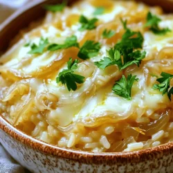 To make this dish, you need a few key items. Here’s what you’ll need: - 1 cup Arborio rice - 4 large onions, thinly sliced - 4 cups vegetable broth Arborio rice is special. It is starchy, which helps make your soup creamy. Thinly sliced onions add a sweet taste when cooked well. Vegetable broth brings all the flavors together. Next, we need some flavor enhancers to make the dish pop: - 1 tablespoon olive oil - 1 tablespoon butter - 2 cloves garlic, minced - 1 teaspoon fresh thyme leaves (or ½ teaspoon dried) - 1 bay leaf The olive oil and butter help caramelize the onions. Garlic adds a nice depth. Thyme and bay leaf bring earthy notes to the dish. Finally, you want some yummy toppings: - 1 cup Gruyère cheese, shredded - Fresh parsley, chopped (for garnish) - 1 tablespoon soy sauce The Gruyère cheese melts beautifully on top, making it rich and creamy. Fresh parsley adds color and brightness. A touch of soy sauce gives a savory kick that enhances the soup's flavor. For the full recipe, check out the detailed steps. To start, I heat a large pot over medium heat. I add one tablespoon of olive oil and one tablespoon of butter. The combo gives a rich flavor. Then, I add four large onions, thinly sliced, along with a pinch of salt. I cook the onions for about 20-25 minutes. This is the key to caramelization. I stir them often until they turn a deep golden brown. This step unlocks their natural sweetness. Next, I add two cloves of minced garlic. Cooking it for just two minutes adds a nice aroma. I stir constantly to avoid burning the garlic. Now, I stir in one cup of Arborio rice. Toasting the rice for a few minutes helps it soak up flavors. I keep stirring for about 2-3 minutes until it gets slightly toasty. Then, I pour in four cups of vegetable broth, a tablespoon of soy sauce, along with a teaspoon of fresh thyme leaves and one bay leaf. I bring this mix to a boil. Once boiling, I lower the heat and cover the pot. I let it simmer for about 18-20 minutes. The rice should be creamy and tender. If it absorbs all the liquid too quickly, I add a bit more broth or water as needed. Once the rice is cooked, I remove the bay leaf and season with salt and pepper to taste. Next, I stir in half of the shredded Gruyère cheese. This makes the dish creamy and rich. To serve, I spoon the rice into bowls and top with the remaining cheese. If I want it bubbly and brown, I place the bowls under a broiler for 2-3 minutes. Finally, I garnish with fresh parsley before serving. Enjoy this unique twist on French onion soup! For the full recipe, check the section above. To get the best flavor, cook your onions low and slow. This means keeping the heat low and letting them cook for 20-25 minutes. Stir often to avoid burning. This process brings out their natural sweetness. Adjust salt levels while cooking. A pinch of salt helps draw out moisture from onions, making them softer. Try adding more herbs for a boost. Fresh thyme works well, but you can also use rosemary or oregano. If you want to change the cheese, Gruyère is great, but you can use cheddar or mozzarella too. Each gives a unique taste to the dish. Stir the rice gently while it cooks. This helps keep it fluffy. If the rice sticks, it can get mushy. Pay attention to the liquid amounts. If the rice absorbs too much broth, add a bit more as needed. This will keep your dish creamy and delicious. For more details, check the Full Recipe of French Onion Soup Rice to make this comforting dish at home! {{image_2}} You can add proteins to make French onion soup rice heartier. Incorporating cooked chicken is a great choice. Just shred the chicken and stir it in when you mix in the cheese. It adds a nice texture and flavor. If you prefer a vegetarian option, try adding mushrooms. They bring a rich umami taste that pairs well with the caramelized onions. Sauté sliced mushrooms until golden, then mix them in with the rice. To give your dish a new twist, experiment with different types of cheese. Cheddar works well if you want a sharper flavor. Mix it in during the final steps for a gooey texture. Another fun option is to add a splash of white wine while cooking the onions. This adds depth and acidity, balancing the sweetness of the onions. For a vegan version, substitute butter with a plant-based option. Olive oil is a perfect choice and keeps the dish rich. Make sure to check that your broth is vegan-friendly. Many store-bought vegetable broths are, but always check the label. This way, you can enjoy all the flavors without any animal products. To keep your French onion soup rice fresh, store it in the fridge. Place it in an airtight container. This helps avoid any unwanted flavors. Make sure to cool the rice to room temperature before sealing it. Leftovers can last up to three days in the fridge. When it’s time to enjoy your leftovers, you have two good options: the microwave or the stove. For the microwave, place the rice in a bowl and cover it with a damp paper towel. Heat for 1-2 minutes, stirring halfway. For the stove, warm it slowly in a pot over low heat. Add a splash of broth to keep it creamy. Stir often to ensure even heating. Freezing is a great way to save extra rice. First, let the rice cool completely. Then, scoop it into freezer-safe containers. Leave some space at the top to allow for expansion. It will keep well for up to three months. When you’re ready to eat, thaw it in the fridge overnight. Reheat using the stove or microwave, adding a little broth to maintain creaminess. This way, you’ll have a delicious meal ready whenever you crave it! To keep your rice from getting mushy, follow these tips: - Use Arborio rice. This rice type holds its shape well. - Stir gently and less often. Over-stirring can break the rice grains. - Add broth slowly. Pour it in gradually to control moisture. - Check doneness early. It’s better to stop cooking just before it’s fully done. These steps help you achieve the right texture. You want your rice creamy but still firm. Yes, you can make French Onion Soup Rice ahead of time. - Storage: Place it in an airtight container. Keep it in the fridge for up to three days. - Reheating: Reheat on the stove. Add a splash of broth to keep it creamy. Stir gently and heat on low to avoid burning. Making it ahead saves time, especially on busy days. You can enjoy French Onion Soup Rice with various sides: - A fresh green salad adds crunch and brightness. - A side of crusty bread is great for dipping. - Roasted vegetables add color and flavor. These pairings enhance your meal and make it more satisfying. You now have a clear guide to create delicious French Onion Soup Rice. We've explored the essential ingredients and highlighted tips for perfect cooking. Remember, low heat helps caramelize onions beautifully, enhancing your dish's flavor. Don't shy away from experimenting with variations or proteins to suit your taste. Proper storage ensures your leftovers stay tasty for later. With these steps, you can make a comforting meal that impresses everyone. Dive in and enjoy the process; cooking is about discovering new flavors and enjoying every bite.