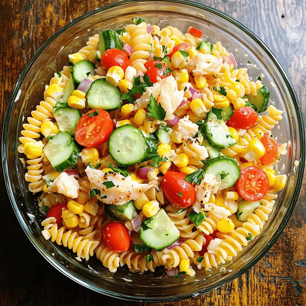 - 8 ounces rotini pasta - 1 cup cooked crab meat (fresh or canned) - 1 cup cherry tomatoes, halved - 1 cup cucumber, diced - 1/2 cup red bell pepper, diced - 1/4 cup red onion, finely chopped - 1/2 cup sweet corn (canned or frozen) - 1/3 cup mayonnaise - 2 tablespoons Greek yogurt - 1 tablespoon lemon juice - 1 tablespoon Dijon mustard - 1 teaspoon Old Bay seasoning - Salt and pepper to taste - Fresh parsley, chopped for garnish - Pot for boiling pasta - Mixing bowls - Whisk for dressing Gather these ingredients before you start. Fresh crab meat gives the best taste. If you can't find fresh, canned crab works well too. The rotini pasta holds the dressing nicely and adds a fun twist. For tools, a pot for boiling pasta is key. You need a big mixing bowl for the veggies and another for the dressing. A whisk helps make the dressing smooth. Using these fresh ingredients will help you create a bright and tasty dish. You can find the full recipe in the section above. Boiling the rotini Start with a large pot. Fill it with water and add a pinch of salt. Bring the water to a rolling boil. Add the rotini pasta and cook it according to the package instructions. You want it to be al dente, which means it should be firm yet cooked through. This usually takes about 8 to 10 minutes. Rinsing and cooling the pasta Once the pasta is cooked, drain it in a colander. Rinse it under cold water to stop the cooking process. This also helps cool it down quickly. Make sure to shake off any excess water. Set the pasta aside while you prepare the veggies. Chopping techniques for veggies While the pasta cooks, grab your vegetables. Take the cherry tomatoes and cut them in half. Dice the cucumber, red bell pepper, and red onion into small pieces. You can use a sharp knife for clean cuts. Place all the chopped veggies in a large mixing bowl. Add the sweet corn for a nice touch. Combining ingredients in the bowl Make sure all your chopped vegetables are mixed well in the bowl. This will ensure that every bite of your salad has a bit of everything. It is important to keep your veggies fresh and colorful for a vibrant dish. Mixing the dressing In a small bowl, you will create the dressing. Combine mayonnaise, Greek yogurt, lemon juice, Dijon mustard, Old Bay seasoning, salt, and pepper. Use a whisk to blend everything until it is smooth. This dressing will add a creamy and tangy flavor to your salad. Combining pasta, crab, and vegetables Now, add the cooled pasta and crab meat to the bowl of veggies. Pour the dressing over everything. Gently toss the mixture until all ingredients are well coated. You want to make sure every piece is flavorful. After this, cover the bowl with plastic wrap and chill it in the fridge for at least 30 minutes. This will let the flavors blend nicely. Enjoy your Seafood Pasta Salad with Real Crab! For the complete recipe, see the [Full Recipe]. To make your seafood pasta salad truly shine, you need balance. Each ingredient should complement the others. For instance, the sweetness of the corn pairs well with the tangy dressing. Don't be afraid to taste as you go. Adjusting seasoning is key. If it feels bland, add a pinch more salt or a splash of lemon juice. These small tweaks can lift the dish. Texture is important in this salad. For crunch, use fresh veggies like cucumbers and bell peppers. They add a nice bite. You can also try adding toasted nuts for extra crunch. Chilling the salad is essential. It melds the flavors and keeps it refreshing. Aim to chill for at least 30 minutes. This waiting time pays off, making every bite more tasty. These tips will help you create a seafood pasta salad that is fresh, easy, and full of flavor. For the complete guide, check the Full Recipe. {{image_2}} You can easily switch up the protein in your seafood pasta salad. If you want a change, consider using shrimp or lobster instead of crab. Both options add a sweet and delicate flavor. Just cook the shrimp until it turns pink. For lobster, boil it until fully cooked, then chop it into bite-sized pieces. This keeps your salad fresh and exciting. If you need a quick option, try canned tuna. It’s ready to go and packed with flavor. Just drain it well and add it to your salad. This saves time and still gives you a tasty dish. If you're looking to make your salad gluten-free, use gluten-free pasta. There are many types available now, made from rice or chickpeas. These can replace regular rotini without losing taste or texture. For those watching their fat intake, try using low-fat dressing options. You can mix Greek yogurt with a bit of lemon juice and mustard for a creamy dressing that’s light. This keeps your salad tasty while being healthier. These easy changes let you enjoy a delicious seafood pasta salad that fits your needs. To keep your seafood pasta salad fresh, store it right. First, refrigerate any leftovers in an airtight container. This helps maintain flavor and texture. Your salad will stay fresh for about three days. Always make sure it is well sealed to keep out air and moisture. If you want to save it longer, you can freeze it. However, freezing can change the texture of the pasta and crab. To freeze, place the salad in a freezer-safe container. Leave some space at the top for expansion. It can last for up to a month in the freezer. When you are ready to eat, thaw it in the fridge overnight before serving. Knowing when your salad has gone bad is important. Look for changes in color or smell. If the salad smells sour or has an off odor, it is time to toss it. Also, check for any slime on the pasta or veggies. This is a clear sign of spoilage. For the best taste, eat your salad within three days of making it. If it sits longer than that, it is safer to throw it away. Always trust your senses. If something seems off, it is better to be safe than sorry. For this salad, you can use fresh or canned crab meat. Fresh crab gives a sweet, tender taste. It adds a nice texture to the dish. Canned crab is convenient and still tasty. It saves you time and effort. If using canned crab, choose a high-quality brand for the best flavor. When you want the best of both worlds, mix both types for optimal taste and texture. Yes, you can prepare this salad ahead of time. It’s great for meal prep! Make it a few hours or even a day in advance. Just store it in the fridge, covered. This allows the flavors to mix well. However, avoid adding delicate ingredients, like parsley, until you’re ready to serve. This keeps them fresh and vibrant. Seafood pasta salad can last up to three days in the fridge. Store it in a sealed container to keep it fresh. Check for any off smells or changes in texture before eating. If it looks or smells odd, it’s best to throw it away. Always trust your senses to ensure safety. Absolutely! You can customize the seafood in this salad. Try using shrimp or lobster for a different taste. If you prefer, you can add canned tuna for a quick option. For a twist, mix in some smoked salmon. Just remember to balance flavors and textures. This keeps the salad delicious and exciting. You now have all the steps to make a tasty seafood pasta salad. We covered ingredients, cooking methods, and helpful tips. You learned about variations and how to store your salad safely. Remember, this dish is great for any meal and easy to adjust. Enjoy crafting your salad however you like. With fresh flavors and the right mix, it can be a hit for everyone. Happy cooking!