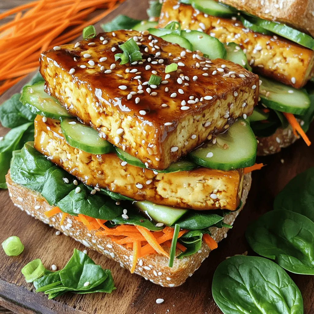 To make a tasty teriyaki tofu sandwich, gather these main ingredients: - 1 block of firm tofu, pressed and sliced - 1/4 cup teriyaki sauce - 1 tablespoon sesame oil - 1 avocado, sliced - 1 small cucumber, thinly sliced - 1 carrot, grated - 1 cup fresh spinach leaves - 4 whole grain sandwich rolls or ciabatta - Sesame seeds for garnish - Green onions, chopped (for garnish) These ingredients work together to create a delicious meal. The tofu brings protein, while the veggies add crunch and nutrients. You can add your favorite toppings to make this sandwich even better. Here are some ideas: - Pickled ginger - Sliced jalapeños - Fresh cilantro - Sriracha for spice - Lettuce for extra crunch Feel free to mix and match these toppings. It’s all about what you enjoy. Choosing the right bread makes a huge difference. Here are some excellent options: - Whole grain sandwich rolls - Ciabatta for a crusty texture - Sourdough for tangy flavor - Baguette for a nice crunch Pick a bread that you like. Make sure it holds up to the filling without getting soggy. This way, every bite will be tasty and satisfying. Start with a block of firm tofu. First, you need to press it. This step removes extra water and makes the tofu firmer. Wrap the tofu in a clean kitchen towel. Place a heavy object, like a skillet, on top. Leave it for about 15 minutes. Once pressed, slice the tofu into 1/2-inch thick pieces. This thickness helps the tofu cook evenly. Next, take the sliced tofu and put it in a bowl. Pour in 1/4 cup of teriyaki sauce. Make sure each piece is well-coated. For the best flavor, let it marinate for at least 30 minutes. If you have time, marinate overnight. This allows the flavors to soak in deeply. Now, heat 1 tablespoon of sesame oil in a non-stick skillet over medium heat. Once hot, carefully add the marinated tofu slices. Cook them in batches to avoid crowding the pan. Each side should take about 3-4 minutes. You want them golden brown and slightly caramelized. While the tofu cooks, prep your veggies. Slice the avocado and cucumber. Grate the carrot. When the tofu is done, it's time to build your sandwich. Cut your whole grain rolls in half. Start with fresh spinach leaves on the bottom. Add 2-3 pieces of grilled teriyaki tofu on top. Layer with avocado, cucumber, and grated carrot. To finish, sprinkle sesame seeds and chopped green onions on top. Place the other half of the roll on top. Press down gently and slice the sandwich in half. This makes it easier to enjoy. For a beautiful presentation, serve the sandwiches on a wooden platter, with extra spinach and carrot shavings on the side. Tofu needs time to soak up flavor. I recommend marinating it for at least 30 minutes. For more depth, let it marinate overnight. Use a bowl that fits the tofu snugly. This helps the sauce cover all sides. Flip the tofu halfway through to ensure even flavor. To get that perfect crispy texture, dry the tofu well after marinating. Use a non-stick skillet and heat sesame oil over medium heat. Cook the tofu for 3-4 minutes on each side. You want it golden brown and slightly caramelized. Avoid overcrowding the pan; cook in batches if needed. Serve your Teriyaki Tofu Sandwich on a wooden platter. This adds a rustic feel to your meal. For a fresh touch, add extra spinach and carrot shavings on the side. Wrap each sandwich in parchment paper for a nice look. You can also sprinkle sesame seeds and chopped green onions on top for a pop of color. {{image_2}} You can add more flavor to your teriyaki tofu sandwich. Try using different sauces. For a spicy kick, add sriracha or chili paste. You can also use peanut sauce for a nutty taste. These small changes can make a big difference. Feel free to mix up the veggies in your sandwich. Instead of cucumber, use bell peppers or radishes for crunch. You can also add roasted red peppers for sweetness. Fresh herbs like cilantro or basil can boost flavor too. The more color, the better! If you need a gluten-free option, choose gluten-free sandwich rolls. Many brands offer these now. You can also use large lettuce leaves for a low-carb wrap. This keeps your sandwich fresh and light. Enjoy experimenting with different breads! For the full recipe, check [Full Recipe]. To store your leftover teriyaki tofu sandwich, wrap it tightly in plastic wrap or foil. You can also place it in an airtight container. This keeps the sandwich fresh and prevents it from drying out. Make sure you store it in the fridge. It’s best to eat the sandwich within a few days for the best taste. When you want to reheat the sandwich, take it out of the fridge. You can use a microwave or a skillet. If using a microwave, heat it for about 30 seconds. Check if it’s warm. If not, heat in 15-second bursts until hot. For a skillet, warm it over low heat for 3-5 minutes, turning it to avoid burning. This method keeps the bread crispy. The tofu can last up to one week in the fridge if you store it properly. The teriyaki sauce has a longer shelf life, usually around a month once opened. Fresh veggies like spinach and cucumber last about 3-5 days, while avocado should be eaten within 1-2 days after cutting. Check them often to ensure they are still fresh. To press tofu, start with firm tofu. Wrap the block in a clean towel. Place a heavy object, like a cast iron pan, on top. Let it sit for 15 to 30 minutes. This step removes extra water, making the tofu firmer. A firmer texture helps it absorb flavors and crisp better when cooked. Yes, you can use store-bought teriyaki sauce. It saves time and still adds great flavor. Just check the label for quality ingredients. Look for sauces with less sugar and no artificial additives. If you have the time, homemade teriyaki sauce can be more flavorful and fresh. You can find a simple recipe in the Full Recipe. Many sides go well with a Teriyaki Tofu Sandwich. Here are some tasty options: - Sweet potato fries: Their sweetness complements the teriyaki flavors. - Crispy edamame: A crunchy and protein-rich snack. - Asian slaw: A refreshing side with cabbage and carrots. - Miso soup: A warm, savory option that balances the meal. Feel free to mix and match based on your taste! In this blog post, we explored how to make a tasty Teriyaki Tofu Sandwich. We covered main ingredients, preparation steps, and tips for ideal texture and flavor. You also learned about storing leftovers and variations to suit your taste. Now, you have the tools to create a delicious, healthy meal. Enjoy making this sandwich your own. Remember, the key is in the sauce and toppings you choose! Happy cooking!