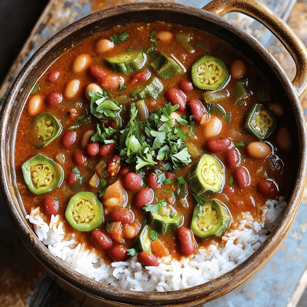 - Vegetables and Legumes - 1 large onion, diced - 1 green bell pepper, diced - 1 celery stalk, diced - 4 cloves garlic, minced - 1 can (15 oz) diced tomatoes, undrained - 1 can (15 oz) kidney beans, rinsed and drained - 1 can (15 oz) chickpeas, rinsed and drained - 2 cups okra, sliced These fresh veggies give gumbo its rich taste. The beans and chickpeas add protein and texture. - Essential Spices and Seasonings - 1/4 cup vegetable oil - 1/4 cup all-purpose flour - 4 cups vegetable broth - 1 tablespoon Cajun seasoning - 2 teaspoons smoked paprika - 1 teaspoon dried thyme - 2 bay leaves - Salt and pepper to taste Spices are key to gumbo’s bold flavor. The Cajun seasoning and smoked paprika bring warmth and depth. - Optional Garnishes and Serving Suggestions - 1/4 cup fresh parsley, chopped (for garnish) - Cooked rice (for serving) Garnish with parsley for color and freshness. Serve over rice for a hearty meal. For the Full Recipe, check the details above. To make the roux, start by taking a large pot. Add 1/4 cup of vegetable oil and 1/4 cup of all-purpose flour into the pot. Heat it over medium heat. Stir the mixture constantly. You want it to turn a rich brown color, which takes about 15 to 20 minutes. Patience is key here. A good roux adds depth to your gumbo. Next, it’s time to cook your vegetables. The holy trinity of Cajun cooking includes onion, bell pepper, and celery. Dice 1 large onion, 1 green bell pepper, and 1 celery stalk. Once your roux is ready, add these diced vegetables to the pot. Cook them for about 5 minutes until they soften. This step builds the foundation of flavor. Now, let’s combine everything. Start by adding minced garlic for extra flavor. Then, pour in 1 can of diced tomatoes, 1 can of kidney beans, and 1 can of chickpeas. Mix well. Slowly pour in 4 cups of vegetable broth next. This helps to create a hearty base. Now, add 2 cups of sliced okra, 1 tablespoon of Cajun seasoning, 2 teaspoons of smoked paprika, and 1 teaspoon of dried thyme. Don't forget to add 2 bay leaves for extra aroma. Stir everything together and season with salt and pepper to taste. Bring the gumbo to a gentle simmer. Cover the pot and cook for 30 to 40 minutes, stirring occasionally. This simmering time lets all the flavors blend beautifully. For the final touch, taste the gumbo. Adjust the seasoning if needed. Don’t forget to remove the bay leaves before serving. Serve it hot over cooked rice, and garnish with fresh parsley. Enjoy your vegan gumbo rich in flavor and texture! Check out the Full Recipe for more details. For a deeper taste, you can modify the seasoning. Try adding more Cajun seasoning for heat. You can also mix in some cayenne pepper for a spicy kick. Fresh herbs like thyme elevate the flavor too. Add-ins can boost nutrition. Consider tossing in some spinach or kale. They add fiber and vitamins. You can also stir in some nutritional yeast for a cheesy flavor. Preventing a burnt roux is key. Stir the oil and flour mix constantly. Keep the heat at medium to avoid scorching. If it burns, start over. A good roux should be a rich brown color. Simmering time matters for flavor. Let your gumbo cook for 30-40 minutes. This allows all the flavors to blend. If you rush it, you lose depth in taste. Serve vegan gumbo over cooked rice. It absorbs the rich broth well. You can also pair it with crusty bread. This adds a nice texture contrast. For a fun twist, try serving it in a bread bowl. This makes for a great presentation. You can also garnish with fresh parsley for color and taste. For a kick, serve with hot sauce on the side. Check out the Full Recipe for more details on how to create this delicious dish! {{image_2}} You can swap out beans in your gumbo for other tasty options. Try adding lentils for a soft texture, or tempeh for a firm bite. Both of these options give your gumbo depth and protein. You can also use tofu, which absorbs flavors well. Just remember to press it first to remove excess water. Seasonal veggies can change your gumbo game. In spring, add fresh asparagus or peas. In fall, try sweet potatoes or butternut squash for a cozy twist. If you have frozen veggies, they work great too! Just toss them in the pot without thawing. They add color and nutrition to your dish. Adjusting your spice level is easy. If you like it mild, use less Cajun seasoning. For a spicy kick, add cayenne pepper or hot sauce. Cajun flavors are bold and smoky, while Creole gives a sweeter taste. Experiment with both styles to find your favorite mix. Each brings its own charm to the pot. For the full experience, check out the Full Recipe for Vegan Gumbo Delight. To store leftover gumbo, let it cool first. Once cool, transfer it to a container. Use airtight containers to keep the flavors fresh. Glass or plastic containers work great. Keep the gumbo in the fridge for up to three days. Always label your container with the date. To freeze gumbo, place it in freezer-safe bags or containers. Remove as much air as possible to prevent freezer burn. Gumbo can last in the freezer for about three months. When you’re ready to eat, thaw it overnight in the fridge. Reheat it gently on the stove for the best taste. The key to a great vegan gumbo is building layers of flavor. Start with a dark roux. Cook the flour and oil until it turns a deep brown. This step adds a nutty taste. Next, use the holy trinity: onion, bell pepper, and celery. This mix adds sweetness and texture. Cook these until soft, then add garlic. Season your gumbo well. Use Cajun seasoning, smoked paprika, and thyme. Fresh herbs like parsley brighten the dish. Don't forget to taste as you go. Yes, you can make vegan gumbo gluten-free! Instead of all-purpose flour, use gluten-free flour for the roux. Almond flour or brown rice flour works well. Check your broth, too. Some brands may contain gluten. Use a gluten-free vegetable broth. You can also use gluten-free grains or serve it over quinoa instead of rice. To spice up your gumbo, add cayenne pepper or hot sauce. Start with a small amount, then taste. You can always add more! Consider fresh jalapeños or serrano peppers for heat. Chop them finely and add them to the holy trinity. You can also use spicy Cajun seasoning. This adds flavor and heat at the same time. To reheat leftover gumbo, use a pot on the stove. Add a splash of broth or water to keep it moist. Heat it over medium-low heat. Stir often to avoid sticking. You can also use the microwave. Place it in a microwave-safe bowl, cover it, and heat in short bursts. Stir in between to keep it even. Reheating slowly helps preserve the texture and flavor of your gumbo. Enjoy it with some fresh rice! Vegan gumbo is a dish made from rich flavors and fresh ingredients. You learned about key veggies, spices, and how to make the perfect roux. Combining your ingredients in the right order enhances taste. Remember to avoid common mistakes like burning the roux. Feel free to try different protein options and seasonal vegetables. Lastly, store any leftovers correctly to enjoy them later. Cooking vegan gumbo is fun, and it can be a tasty adventure in your kitchen. Enjoy creating your own unique version!