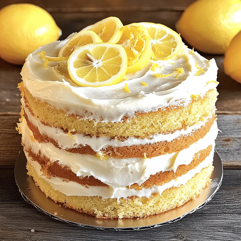 To make a delicious lemon cake, gather these ingredients: - 2 cups all-purpose flour - 1 ½ cups granulated sugar - ½ cup unsalted butter, softened - 1 cup buttermilk - 3 large eggs - 2 tablespoons lemon zest - ¼ cup fresh lemon juice - 2 teaspoons baking powder - 1 teaspoon baking soda - ½ teaspoon salt - 1 teaspoon vanilla extract - 1 cup powdered sugar (for frosting) - 2 tablespoons lemon juice (for frosting) You will need some tools to bake this cake: - Two 9-inch round cake pans - Large mixing bowl - Hand or stand mixer - Whisk for dry ingredients - Measuring cups and spoons - Rubber spatula - Wire rack for cooling If you need alternatives, here are a few options: - Use yogurt instead of buttermilk. - Swap granulated sugar for coconut sugar for a healthier option. - You can use lemon extract if you don't have fresh lemons. - For gluten-free, replace flour with a gluten-free blend. First, set your oven to 350°F (175°C). This temperature is perfect for baking. While the oven heats, grab two 9-inch round cake pans. Grease them with butter and dust with flour. This helps the cake release easily after baking. In a large bowl, add the softened butter and granulated sugar. Use a mixer to beat them together until they look light and fluffy. This step adds air, making your cake soft. It takes about 3-5 minutes to achieve the right texture. In another bowl, mix the flour, baking powder, baking soda, and salt. Use a whisk to blend these well. Mixing dry ingredients separately helps distribute the baking powder evenly. This way, your cake rises beautifully. Now, add the dry mixture to the butter and sugar mix. Alternate this with buttermilk. Start and end with the dry mix. Stir until everything is just combined. Pour the batter into the prepared pans. Bake for 25-30 minutes. Check doneness by inserting a toothpick in the center. It should come out clean. Once the cakes are done, take them out of the oven. Let them cool in the pans for about 10 minutes. Then, transfer the cakes to a wire rack. Allow them to cool completely before frosting. For the frosting, mix powdered sugar and lemon juice until smooth. Spread frosting between the layers and on top. You can garnish with lemon zest or slices for extra flair. For the full recipe, check out the complete details! To get a moist and fluffy lemon cake, focus on a few key steps. First, use room temperature ingredients. This includes butter, eggs, and buttermilk. They mix better if they are not cold. Second, do not overmix your batter. Mix until just combined to keep the cake light. Lastly, baking time matters. Check your cake a few minutes early. If a toothpick comes out clean, it is done. For a stronger lemon flavor, consider adding more lemon zest. The zest adds a bright, fresh taste. If you prefer a subtler flavor, reduce the zest. You can also play with the lemon juice. More juice gives a tangy kick. Less juice makes it sweeter. Adjust based on your taste. Watch out for a few common pitfalls. First, don’t skip the baking powder. It helps your cake rise. If you do not have buttermilk, make your own. Mix milk with a bit of vinegar, and let it sit for five minutes. Avoid opening the oven too soon. This can cause the cake to sink. Lastly, let the cake cool fully before frosting. This helps the frosting stay put and look nice. For all the details on making this cake, check out the Full Recipe above! {{image_2}} You can switch up the frosting for your lemon cake. Here are a few tasty ideas: - Cream Cheese Frosting: Blend cream cheese with powdered sugar and lemon juice. This adds a rich, tangy flavor. - Whipped Cream: Whip heavy cream and sugar until soft peaks form. This gives a light and fluffy topping. - Lemon Glaze: Mix powdered sugar with lemon juice for a simple, sweet glaze. Pour it over the cake for a shiny finish. Want to make your lemon cake even more special? Here are some fun add-ins: - Fresh Berries: Fold in raspberries or blueberries for a fruity burst. - Nuts: Add chopped walnuts or almonds for a crunchy texture. - Chocolate Chips: Mix in white chocolate or dark chocolate chips for a sweet twist. You can easily make this cake gluten-free or vegan. Here’s how: - Gluten-Free: Replace all-purpose flour with a gluten-free flour blend. Ensure the baking powder is also gluten-free. - Vegan: Swap eggs with applesauce or flaxseed meal mixed with water. Use plant-based butter and non-dairy milk for a delicious vegan option. For the full recipe, check the [Full Recipe]. To keep your lemon cake fresh, wrap it tightly. Use plastic wrap or aluminum foil. Store it in an airtight container. If you have frosting left, store it separately. This helps keep the cake moist and the frosting creamy. Always place the cake in a cool, dry area. Avoid sunlight and heat. If you want to freeze your lemon cake, follow these steps: 1. Let the cake cool completely. 2. Wrap each layer in plastic wrap. 3. Place the wrapped layers in a freezer bag. 4. Label the bag with the date. 5. To thaw, move the cake to the fridge overnight. 6. Once thawed, frost and serve as desired. Lemon cake lasts about 5 days in the fridge. If kept at room temperature, it stays fresh for about 3 days. Always check for signs of spoilage before eating. If you notice any mold or off smells, throw it away. For the best taste, enjoy it fresh! For the full recipe, refer to the earlier section. Yes, you can make this cake ahead of time. Here are some tips: - Bake the cakes a day or two before serving. - Cool completely before wrapping each layer in plastic wrap. - Store in the fridge to keep it fresh. - Frost the cake on the day you plan to serve it. This keeps the frosting from getting soft. - You can also freeze the layers. Just wrap them tightly and store for up to three months. To check if the cake is done, look for these signs: - Golden-brown tops that spring back when lightly touched. - Toothpick test: Insert a toothpick in the center. It should come out clean or with a few crumbs. - Edges pulling away: The cake edges may pull slightly from the pan. This lemon cake pairs well with many delicious options: - Fresh berries like strawberries or blueberries add color and flavor. - A scoop of vanilla ice cream makes a great creamy contrast. - Whipped cream on top adds a light and airy touch. - Mint leaves as a garnish give a fresh pop. - Serve with tea or lemonade for a refreshing drink pairing. For the full recipe of this delightful cake, check the [Full Recipe]. This blog post covered everything you need to make a delicious lemon cake. We detailed the ingredients, tools, and substitutions to help you get started. You learned step-by-step instructions for baking and frosting the cake. We also shared tips for perfect texture and flavor enhancement. Variations and storage tips ensure your cake stays fresh and tasty. With this guide, you're ready to bake with confidence. Enjoy your lemon cake journey!