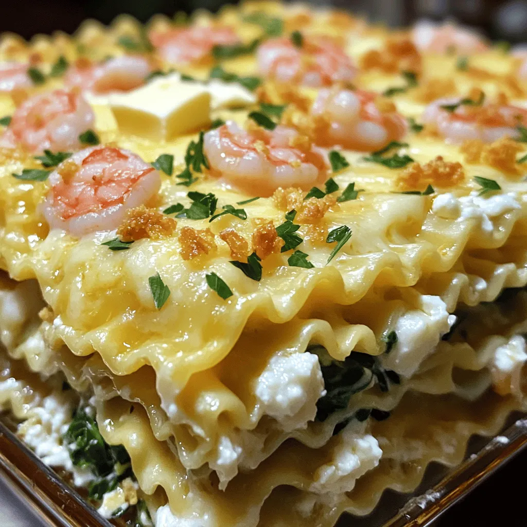 - 9 lasagna noodles - 1 lb large shrimp, peeled and deveined - 1 cup unsalted butter (split into ½ cup and ½ cup) - 6 cloves garlic, minced - 2 cups ricotta cheese - 1 cup grated Parmesan cheese - 2 cups shredded mozzarella cheese - 1 cup fresh spinach, chopped In this dish, lasagna noodles form the base, holding everything together. The shrimp and garlic bring a burst of flavor. The cheese and spinach blend adds creaminess and color. - Salt and pepper - 1 teaspoon red pepper flakes - 1 tablespoon lemon juice Salt and pepper enhance the taste of every layer. Red pepper flakes add a kick, while lemon juice brightens the dish. - Fresh parsley, chopped - Additional grated cheese Garnishing with fresh parsley brings a pop of color. Extra cheese on top makes each slice look mouthwatering. For the full recipe, check the details above to create this flavorful dish. To start, boil a large pot of salted water. Add your lasagna noodles. Cook them according to the package instructions until they are al dente. This usually takes about 8 to 10 minutes. Once cooked, drain the noodles. To prevent sticking, lay them flat on a clean surface. You can also drizzle a bit of oil over them. This will help keep them separate. Next, take a large skillet and melt ½ cup of butter over medium heat. Add the minced garlic and red pepper flakes. Stir them for about one minute until you smell the garlic. Now, add your shrimp. Cook until they turn bright pink, which takes about 2 to 3 minutes. Don’t forget to stir in the lemon juice. This adds a fresh taste! Season with salt and pepper to enhance the flavor. Now it’s time to put everything together. Grab a 9x13-inch baking dish. Start by spreading a thin layer of the shrimp and garlic mixture on the bottom. Place three lasagna noodles on top. Next, spread half of the ricotta mixture over the noodles. Follow this with half of the shrimp mixture. Sprinkle a layer of mozzarella cheese on top for that gooey goodness. Repeat this layering: noodles, ricotta, shrimp, and mozzarella. For the final layer, place three noodles on top again. Spread the remaining shrimp mixture over the last layer. Then, sprinkle the rest of the mozzarella and any leftover Parmesan cheese on top. To finish, dot the top with the remaining ½ cup of butter, cut into small pieces. Now, cover the dish with aluminum foil and bake it at 375°F for 25 minutes. After that, remove the foil and bake for another 15 to 20 minutes. You want the top to be golden and bubbly. Once done, let it cool for 5 to 10 minutes before slicing. Enjoy your delicious Garlic Butter Shrimp Scampi Lasagna! For the complete recipe, check the [Full Recipe]. Using fresh ingredients makes a big difference. Fresh shrimp tastes better than frozen. They have a nice texture and flavor. Always choose fresh garlic over powder. The aroma will fill your kitchen. Adjust spice levels to fit your taste. If you like heat, add more red pepper flakes. For milder flavors, cut down on the spice. You can also squeeze in extra lemon juice for zest. The right cheese blend can improve your dish. Mix mozzarella, Parmesan, and ricotta for a creamy texture. I suggest using whole milk ricotta for extra creaminess. You can also add a bit of cream to the ricotta. This will make each bite rich and smooth. Adding a touch of cream enhances the overall flavor. Cook the lasagna noodles just right. Follow the package instructions for al dente. Overcooked noodles can turn mushy. To avoid sogginess, layer your ingredients carefully. Don’t add too much sauce. This keeps the layers from becoming wet and messy. Make sure to let the lasagna cool before slicing. Cooling helps the layers hold together better. For the full recipe, check out the complete instructions. {{image_2}} You can switch up the seafood in this dish. Try scallops or crab for a new taste. If you want a vegetarian option, use mushrooms or artichokes instead of shrimp. These substitutes keep the dish flavorful while meeting your needs. Herbs and spices can change the whole dish. Basil and thyme add a nice twist. You can also add a bit of smoked paprika for depth. Another great option is to add zucchini or bell peppers. They add texture and extra nutrients. Pair this lasagna with a fresh salad or garlic bread. A crisp Caesar salad balances the rich flavors. If you prefer a one-pot meal, cook everything in the same pan. Layer the ingredients and bake them together for an easy cleanup. For the full recipe, check out the details above. To store leftovers, let the lasagna cool first. Cover it tightly with plastic wrap or foil. This helps keep moisture in and prevents drying. Place the lasagna in the fridge. It can stay fresh for up to three days. Always reheat only what you plan to eat. To maintain freshness, use an airtight container. This can help keep out air and odors. If you have sauce left over, store it separately. It stays fresh longer that way. You can freeze Garlic Butter Shrimp Scampi Lasagna before or after baking. If freezing before baking, wrap it tightly in plastic wrap and then foil. It will last up to three months. To freeze after baking, let it cool completely first. Then, follow the same wrapping steps. For reheating, thaw the lasagna overnight in the fridge. Preheat your oven to 375°F (190°C). Cover the dish with foil to keep moisture in. Bake for about 30 minutes or until heated through. You can also microwave it, but be careful not to overcook it. In the fridge, your lasagna will last about three days. After that, it may lose flavor and texture. If you notice any mold or an off smell, toss it right away. Signs of spoilage include a change in color or texture. If the cheese looks dry or the shrimp appears slimy, do not eat it. Always trust your senses when it comes to food safety. Garlic Butter Shrimp Scampi Lasagna is a tasty twist on two classic dishes. It combines layers of creamy ricotta, shrimp, and garlic butter sauce with rich cheeses. Each bite offers a burst of flavor and comfort. The blend of shrimp, garlic, and buttery goodness creates a unique dish you will love. Yes, you can prep this dish in advance. Cook the noodles and shrimp ahead of time. Mix the ricotta filling and layer the lasagna in a baking dish. Cover it tightly with plastic wrap and store it in the fridge. You can bake it later. Just add a few extra minutes to the baking time for a cold dish. To make this dish less rich, you can reduce the amount of butter and cheese. Use half the butter in the shrimp mixture. For the cheese, try using low-fat mozzarella or ricotta. You can also add more veggies like spinach or zucchini to balance the flavors. This keeps the dish tasty without all the richness. Yes, you can make this recipe gluten-free. Use gluten-free lasagna noodles instead of regular ones. Many brands offer great options that work well. Be sure to check the package instructions for cooking times. This way, you can enjoy the same delicious flavors without gluten. This blog post covers how to make a delicious Garlic Butter Shrimp Scampi Lasagna. We explored the key ingredients like lasagna noodles, shrimp, cheese, and spinach. I shared seasoning tips to boost flavor and garnishes for visual appeal. You learned step-by-step instructions, including how to prep noodles and cook shrimp perfectly. I also included suggestions on variations and storage tips to keep your dish fresh. Remember, cooking should be fun and creative. Don’t hesitate to customize this lasagna to suit your taste. Enjoy each bite!