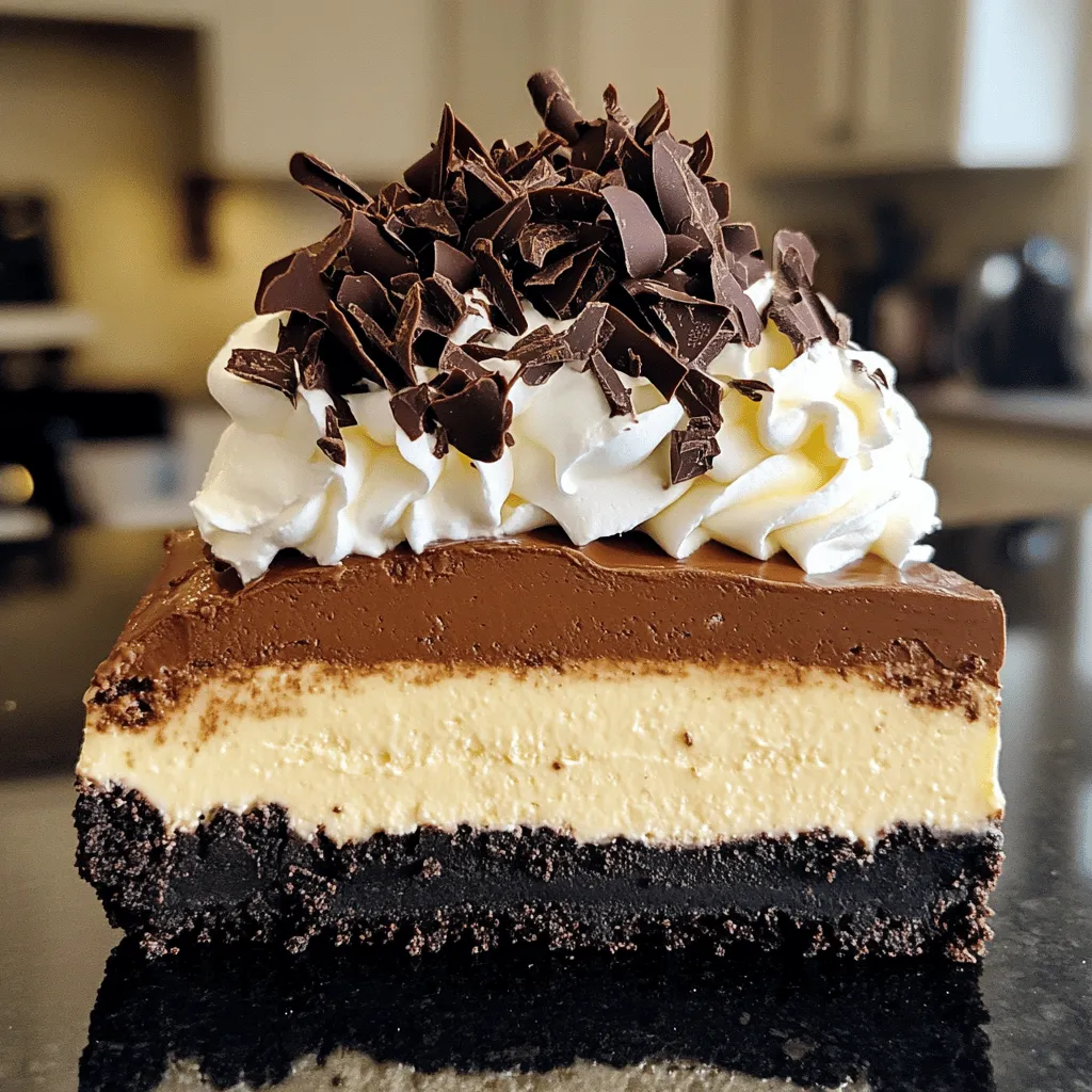 To make this creamy delight, you need the following ingredients: - 1 ½ cups Oreo cookie crumbs - ½ cup unsalted butter, melted - 3 (8 oz) packages cream cheese, softened - 1 cup granulated sugar - 1 teaspoon vanilla extract - 3 large eggs - 8 oz semisweet chocolate, melted and cooled - 8 oz white chocolate, melted and cooled - ½ cup sour cream - ¼ cup cocoa powder - Whipped cream and chocolate shavings (for garnish) Using high-quality ingredients makes a big difference. The Oreo cookie crumbs give a rich, chocolatey base. Unsalted butter helps bind the crust. Cream cheese is the star of the cheesecake, giving it that creamy texture. Granulated sugar adds sweetness, while vanilla extract brings warmth. Eggs help set the cheesecake. Melted semisweet and white chocolate create deep flavors. Sour cream adds creaminess and tang. Cocoa powder enhances the chocolate taste. Finally, whipped cream and chocolate shavings add a nice touch on top. For the complete list and more details, check the Full Recipe. Start by preheating your oven to 325°F (160°C). In a mixing bowl, combine 1 ½ cups of Oreo cookie crumbs with ½ cup of melted unsalted butter. Mix until the crumbs look wet and clumpy. Press this mixture firmly into the bottom of a 9-inch springform pan. Make sure it is even. Bake the crust for 10 minutes, then take it out and let it cool completely. In a large bowl, beat 3 packages of softened cream cheese with a hand mixer until smooth. Gradually add 1 cup of granulated sugar and 1 teaspoon of vanilla extract. Mix until it is creamy. Add 3 large eggs one at a time, blending well after each. Now, divide the mixture into three bowls. In the first bowl, fold in 8 oz of melted semisweet chocolate. In the second bowl, fold in 8 oz of melted white chocolate. In the last bowl, mix in ½ cup of sour cream and ¼ cup of cocoa powder until smooth. Pour the semisweet chocolate mixture over the cooled crust. Spread it evenly. Next, layer the white chocolate mixture on top, followed by the cocoa mixture. Use a knife to swirl the layers for a marbled look. Bake the cheesecake for 60-70 minutes. The center should be set but jiggly. Turn off the oven and crack the door open, letting the cheesecake cool for 1 hour inside. After that, refrigerate it for at least 4 hours or overnight. Before serving, add whipped cream and chocolate shavings on top for a beautiful finish. For the full recipe, refer to the earlier section. To get a creamy and smooth texture, make sure all your ingredients are at room temperature. Softened cream cheese mixes better than cold. When you beat the cream cheese, do it slowly at first to avoid lumps. Mixing in eggs one by one helps keep the batter smooth. Don't overmix once you add the chocolate. This keeps your cheesecake light and fluffy. A common mistake is baking too long. Overbaking can dry out your cheesecake. The center should jiggle slightly when you take it out. Another mistake is not cooling it properly. Letting it cool in the oven helps prevent cracks on top. Also, remember to chill it for at least four hours before serving. This helps the flavors meld together. For a stunning presentation, garnish your cheesecake just before serving. Use whipped cream and chocolate shavings for a nice touch. A drizzle of chocolate sauce can also add flair. Slice your cheesecake with a hot knife for clean edges. Wipe the knife with a damp cloth between cuts. This ensures each slice looks perfect and tempting. For more details, check the Full Recipe. {{image_2}} You can add unique flavors to your cheesecake. Try mixing in some espresso powder for a coffee twist. This gives a rich depth to the chocolate. You can also use orange zest for a bright note. This adds a fresh flavor that pairs well with chocolate. Another idea is to fold in peanut butter. This creates a creamy, nutty layer that is hard to resist. If you want to change the crust, there are many options. You can use graham crackers instead of Oreos. This gives a more classic taste. For a nutty flavor, try using crushed almonds or pecans. You can mix them with butter, just like the Oreo crust. If you want something gluten-free, use almond flour. It creates a delicious, unique base for your cheesecake. Dress your cheesecake based on the event. For birthdays, add colorful sprinkles on top. They create a fun look. For holidays, top with fresh berries or a berry sauce. This makes the cheesecake look festive. If it's a dinner party, serve slices with a dollop of whipped cream and a sprinkle of chocolate shavings for elegance. You can find the full recipe to create this masterpiece and impress your guests. To keep your cheesecake fresh, wrap it well. Use plastic wrap or aluminum foil. Store it in the fridge. It can last for up to five days. If you want to save it longer, freezing is a great option. Make sure it is completely cooled before storing. This prevents moisture build-up. To freeze your cheesecake, first, let it cool in the fridge. Once cooled, wrap it tightly in plastic wrap. Then, place it in a freezer-safe bag or container. This helps keep out air and prevents freezer burn. Your cheesecake can last in the freezer for up to three months. When you're ready to enjoy it, just remove it from the freezer. To thaw your cheesecake, move it from the freezer to the fridge. Let it thaw overnight for best results. If you're short on time, you can leave it at room temperature for a few hours. Avoid using a microwave, as this can change the texture. Once thawed, you can add fresh whipped cream or chocolate shavings from the Full Recipe for a tasty touch. Enjoy your rich treat! To make the cheesecake less sweet, reduce the sugar. Start by cutting it in half. You can also add more cocoa powder to balance the sweetness. This adds a rich chocolate taste without extra sugar. Yes, you can use low-fat cream cheese. It will change the texture slightly, making it less creamy. Your cheesecake may not taste as rich, but it will still be delicious. If you need an egg substitute, use unsweetened applesauce. Replace each egg with 1/4 cup of applesauce. You can also use flaxseed meal mixed with water. Mix 1 tablespoon of flaxseed with 2.5 tablespoons of water to replace one egg. The cheesecake can last in the fridge for up to five days. Make sure it is covered tightly to keep it fresh. If you notice any off smells or changes in texture, it's best to toss it. Yes, making this cheesecake ahead of time is great idea. You can prepare it one or two days before serving. Just store it in the fridge. For the best taste, let it chill overnight. Check out the Full Recipe for more details! This post covers all you need for a delicious triple chocolate cheesecake. We discussed the key ingredients, easy steps for preparation, and tips for a perfect texture. You learned about fun variations and how to store your cheesecake well. Remember, small changes can make a big impact. Enjoy this rich treat any time. With the right care, your cheesecake will impress everyone. Now, gather your ingredients and start baking!