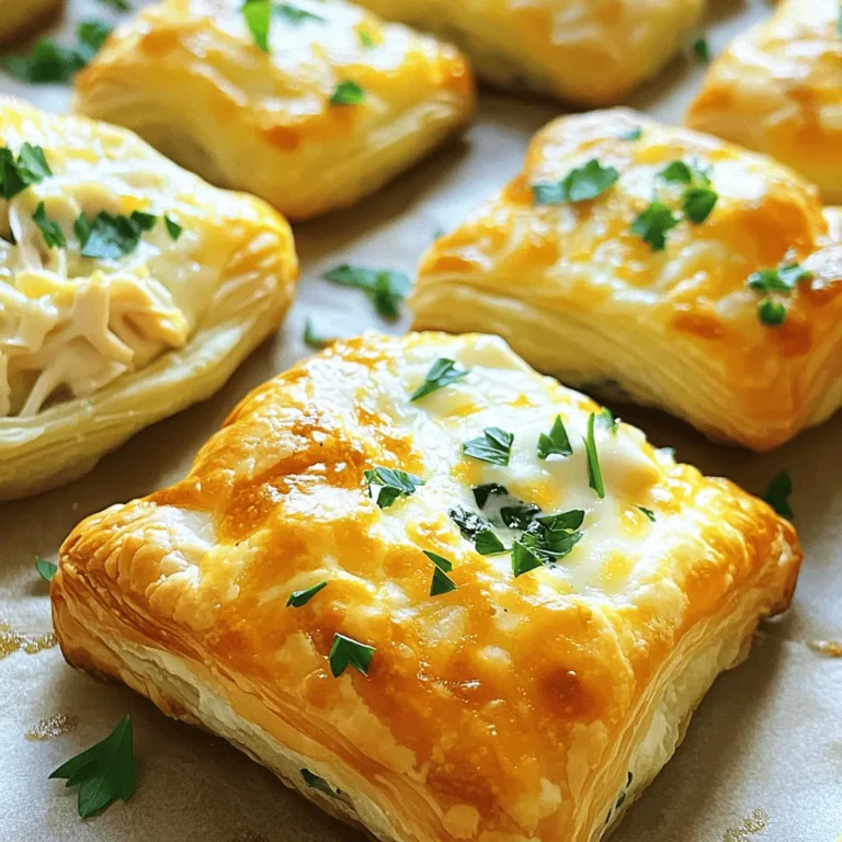 - 1 cup cooked chicken, shredded - 1 cup Alfredo sauce (store-bought or homemade) - 1 cup shredded mozzarella cheese - 1 package puff pastry (2 sheets), thawed - 1/2 cup fresh spinach, chopped - 1/4 teaspoon garlic powder - 1/4 teaspoon black pepper - 1 egg, beaten (for egg wash) - Fresh parsley, chopped (for garnish) - Alternative proteins: You can use turkey, ham, or even shrimp instead of chicken. Each option gives a unique taste to the puffs. - Vegan cheese options: Look for dairy-free mozzarella or cashew-based cheeses. They melt nicely and add flavor. - Homemade Alfredo sauce ingredients: If you want to make your own sauce, use butter, heavy cream, garlic, and Parmesan cheese. This blend creates a rich flavor that enhances the puffs. These ingredients come together to create the perfect balance of creamy and crispy. You can mix and match based on what you have at home. By following the Full Recipe, you can make these delicious puffs easily. 1. Preheat the oven and prepare baking sheet: Start by preheating your oven to 400°F (200°C). This step ensures your puffs bake evenly. Line a baking sheet with parchment paper. This prevents sticking and makes cleanup easy. 2. Combine filling ingredients in a bowl: In a medium bowl, mix together your filling. Add 1 cup of shredded chicken, 1 cup of Alfredo sauce, and 1 cup of shredded mozzarella cheese. Toss in 1/2 cup of chopped spinach, 1/4 teaspoon of garlic powder, and 1/4 teaspoon of black pepper. Stir well until all ingredients blend smoothly. 1. Rolling out the pastry: Place your thawed puff pastry sheets on a lightly floured surface. Use a rolling pin to flatten them a bit. This helps make the pastry more even for cutting. 2. Cutting into square shapes: Cut each pastry sheet into 3-inch squares. You should get about 12 squares from both sheets. Keep the squares as uniform as you can for even baking. 1. Filling the pastry squares: Take about a tablespoon of the chicken Alfredo mixture and place it in the center of each pastry square. Do not overfill; this keeps them from leaking during baking. 2. Sealing the puffs: Fold the corners of each square over the filling to create a pouch. Pinch the edges firmly to seal. Make sure there are no gaps; this keeps the filling inside. 3. Applying egg wash and baking: Brush each pouch with the beaten egg. This gives them a nice golden finish while baking. Place the puffs on your prepared baking sheet. Bake them in your preheated oven for 20-25 minutes. They should turn golden brown and puff up beautifully. For the full recipe, check out [Full Recipe]. Enjoy your cooking! To get the best puff, you need to avoid soggy bottoms. Here are my top tips: - Use parchment paper: Always line your baking sheet with parchment paper. This helps with air circulation and keeps the bottoms from getting wet. - Preheat your oven: Make sure your oven is fully heated before you place your puffs inside. A hot oven makes them rise better. - Don’t overfill: If you add too much filling, the puffs may not cook evenly. Stick to about a tablespoon of filling for each puff. For a golden, crispy outer layer, follow these steps: - Brush with egg wash: Before baking, brush each puff with a beaten egg. This gives them a nice shine and helps achieve that golden color. - Bake on the middle rack: This ensures even cooking. If they are too close to the top or bottom, they may brown too quickly. - Keep an eye on them: Every oven is different. Check your puffs a few minutes before the time is up to avoid overbaking. When serving Chicken Alfredo Puffs, the right dips or sides can make a big difference: - Creamy ranch or blue cheese dressing: These pair well with the rich flavors of the puffs. - Fresh veggies: Serve with a side of crunchy carrot sticks or celery for a nice contrast. - Simple salad: A light salad can balance the heaviness of the puffs. For presentation, try these garnishing ideas: - Chopped fresh parsley: A sprinkle on top adds color and freshness. - Serve on a platter: Arrange the puffs on a nice platter for a more appealing look. - Add a drizzle: A light drizzle of extra Alfredo sauce around the puffs adds flair. These tips will help you enjoy your Chicken Alfredo Puffs even more. For a complete guide, be sure to check the Full Recipe! {{image_2}} You can mix up the flavors in your Chicken Alfredo Puffs easily. Adding different cheeses can change the taste. Try sharp cheddar for a tangy kick or creamy fontina for richness. You can also blend two or more cheeses for a unique twist. Incorporating herbs and spices is another fun way to add flavor. A bit of Italian seasoning brings a warm taste. Fresh basil or thyme can also boost the dish. A sprinkle of red pepper flakes adds a slight heat. Get creative and make it your own! For those who need gluten-free options, look for gluten-free puff pastry. Many brands offer this, allowing you to enjoy the puffs without worry. Just check the label to make sure it fits your needs. If you're looking for vegetarian alternatives, swap out the chicken for mushrooms or spinach. Adding cooked lentils gives a nice texture and protein. You can also use a mix of veggies like bell peppers and zucchini for a colorful filling. Enjoy experimenting with these changes! To keep your Chicken Alfredo Puffs fresh, store them in an airtight container. This helps prevent them from drying out. Place them in the fridge right after they cool down. They stay tasty for about 3 days, but the sooner you eat them, the better they taste! You can freeze Chicken Alfredo Puffs for later. First, let them cool completely. Then, place them on a baking sheet in a single layer. Freeze the puffs for about an hour. After that, transfer them to a freezer bag. Make sure to squeeze out the air before sealing. To reheat frozen puffs, preheat your oven to 375°F (190°C). Place the puffs on a baking sheet and bake for 15-20 minutes until warm and crispy. Enjoy them just like when they were fresh! For the full recipe, check out the details above. Can I make these puffs ahead of time? Yes, you can make these puffs ahead of time. Prepare the filling and fill the pastry squares. Then, store them in the fridge for up to 24 hours before baking. This way, you save time when you want to serve them. Just remember to brush them with the egg wash before baking. What can I serve with Chicken Alfredo Puffs? Chicken Alfredo Puffs pair well with many sides. You can serve them with a fresh salad or a light soup. Dipping sauces like marinara or ranch add a nice touch too. These options enhance the meal and keep it fun. Can I use different sauces or fillings? Absolutely! You can switch up the sauces and fillings. Try using pesto, barbecue sauce, or even buffalo sauce. You can also mix in veggies like mushrooms or bell peppers. The key is to keep the filling balanced and flavorful. Why are my puffs not rising? If your puffs are not rising, check the puff pastry. It needs to be cold when it goes into the oven. Warm pastry won’t puff as well. Also, avoid overcrowding the baking sheet. Give each puff space to expand. How do I fix a messy filling? To fix a messy filling, make sure to not overfill the puffs. Stick to about a tablespoon of filling per square. If the filling spills out, it can ruin the puff. You can also seal them tightly to help keep the filling inside. You can create delicious Chicken Alfredo Puffs with simple ingredients and easy steps. This dish is perfect for any occasion and allows for many tasty variations. Remember to experiment with flavors and adjust for dietary needs. Store leftovers properly to enjoy later. Whether it’s a family meal or a party snack, these puffs will impress and satisfy. Enjoy your cooking journey and make these puffs a favorite in your kitchen!