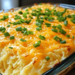 To make your savory egg and cream cheese hashbrown casserole, gather these simple ingredients: - 4 cups frozen shredded hashbrowns, thawed - 1 cup cream cheese, softened - 6 large eggs - 1 cup shredded cheddar cheese - 1/2 cup milk - 1/2 teaspoon garlic powder - 1/2 teaspoon onion powder - Salt and pepper to taste - 1/4 cup green onions, chopped (for garnish) These ingredients blend together for a creamy, cheesy delight. You can swap out some ingredients if needed. Here are a few ideas: - Use fresh hashbrowns instead of frozen for a fresher taste. - Swap cream cheese for ricotta for a lighter texture. - Any cheese works; try mozzarella or pepper jack for a twist. - Almond or oat milk can replace regular milk for a dairy-free option. These swaps let you customize the flavor to your liking. Choosing the best ingredients makes a big difference. Here are my tips: - For hashbrowns, look for brands with no added preservatives. - Choose cream cheese that is full-fat for a rich taste. - When buying eggs, select organic or free-range for better flavor. - Fresh vegetables, like green onions, should be crisp and green. Quality ingredients help create a tasty dish, so pay attention to what you buy. First, preheat your oven to 350°F (175°C). Next, grease a 9x13-inch baking dish with cooking spray or butter. In a large mixing bowl, beat 6 large eggs until they are well mixed. Add in 1/2 cup of milk and 1 cup of softened cream cheese. Include 1/2 teaspoon of garlic powder and 1/2 teaspoon of onion powder. Season with salt and pepper to your taste. Mix everything until the cream cheese is smooth and mixed fully. Now, stir in 4 cups of thawed shredded hashbrowns and half of the 1 cup of shredded cheddar cheese. Make sure all the hashbrowns are coated well. Pour the hashbrown mixture into the prepared baking dish. Spread it evenly across the dish. Then, top the casserole with the rest of the shredded cheddar cheese. Place the dish in the preheated oven. Bake for 35-40 minutes. You want the top to be golden brown and set. To check if your casserole is done, look for a golden brown top. You can also insert a knife into the center. If it comes out clean, your casserole is ready. Once baked, remove it from the oven and let it cool for a few minutes. Before serving, garnish with chopped green onions for added flavor. For the full recipe, refer to the earlier section. To get a creamy texture in your casserole, use softened cream cheese. This helps it mix smoothly with the eggs and milk. Beat the eggs well first to add air. This makes the mixture light and fluffy. Another tip is to mix gently. Overmixing can make it tough. When baking, keep an eye on the time. If you bake it too long, it may dry out. One common mistake is not thawing the hashbrowns. Frozen hashbrowns can make the casserole watery. Always thaw them well and drain any excess moisture. Another mistake is not greasing the baking dish. This can cause the casserole to stick. Make sure to choose a baking dish that is the right size. If it’s too small, the mixture can overflow. Serve the casserole warm right from the oven. It pairs well with fresh fruit or a side salad. For an extra kick, add hot sauce or salsa on top. You can also sprinkle some extra cheese just before serving. This adds a nice melty touch. Enjoy it for breakfast, brunch, or even dinner. For more ideas, check the Full Recipe. {{image_2}} You can make this casserole meat-free by using veggies. Try adding bell peppers, mushrooms, or spinach. These will give color and flavor. You can also add cooked quinoa for extra texture. This keeps the dish filling without meat. If you want a meatier dish, add proteins like bacon or sausage. Cook the meat first, then mix it into the egg mixture. This adds a savory depth that many love. You can also use turkey sausage for a lighter option. Add herbs and spices to make it your own. Try adding paprika for a smoky taste. Fresh herbs like chives or parsley add brightness. Just remember to adjust the salt. This helps keep the flavors balanced. You can mix and match until you find your favorite blend. For the full recipe, check out the details above. To keep your Egg and Cream Cheese Hashbrown Casserole fresh, place it in an airtight container. Make sure it cools down first. Store it in the fridge for up to three days. This method helps maintain the flavor and texture of the dish. If you have extra, you can cover the casserole with plastic wrap before sealing it in the container. When you’re ready to enjoy leftovers, preheat your oven to 350°F (175°C). Place the casserole in an oven-safe dish. Cover it with foil to keep it moist. Heat for about 20 minutes or until it’s hot throughout. You can also reheat individual portions in the microwave. Heat for one minute, then check. If it’s not hot yet, heat it in ten-second bursts until warmed through. If you want to freeze the casserole, do it before baking. Assemble the dish, but do not bake it. Cover it tightly with plastic wrap and then aluminum foil. This helps prevent freezer burn. You can freeze it for up to three months. When you’re ready to bake, remove the wrap, and bake it from frozen. It may take about 50-60 minutes in a preheated oven. For the best results, check the center for doneness. Enjoy your delicious casserole anytime! For the full recipe, refer to the earlier section. Yes, you can prepare this casserole in advance. Mix the hashbrowns and egg mixture, then cover it. Place the dish in the fridge overnight. Bake it the next morning. This saves time and lets the flavors blend well. The best cheese for this dish is cheddar. It melts nicely and adds great flavor. You can also use Monterey Jack or a cheese blend for more taste. Experiment with your favorites to find what you like best. To make this casserole gluten-free, use certified gluten-free hashbrowns. Most frozen hashbrowns are safe, but check the label. Ensure your seasonings and cheese are also gluten-free. This keeps everyone happy and safe while enjoying the dish. For the [Full Recipe], follow the steps I laid out earlier. This blog post covered all you need to know about making an Egg and Cream Cheese Hashbrown Casserole. We went over the ingredients, step-by-step instructions, and helpful tips. You learned about cool variations and how to store leftovers. Remember, use quality ingredients for the best taste, and don’t rush the baking process. With these insights, you can make a delicious dish everyone will love. Enjoy each bite and have fun experimenting with your own ideas!