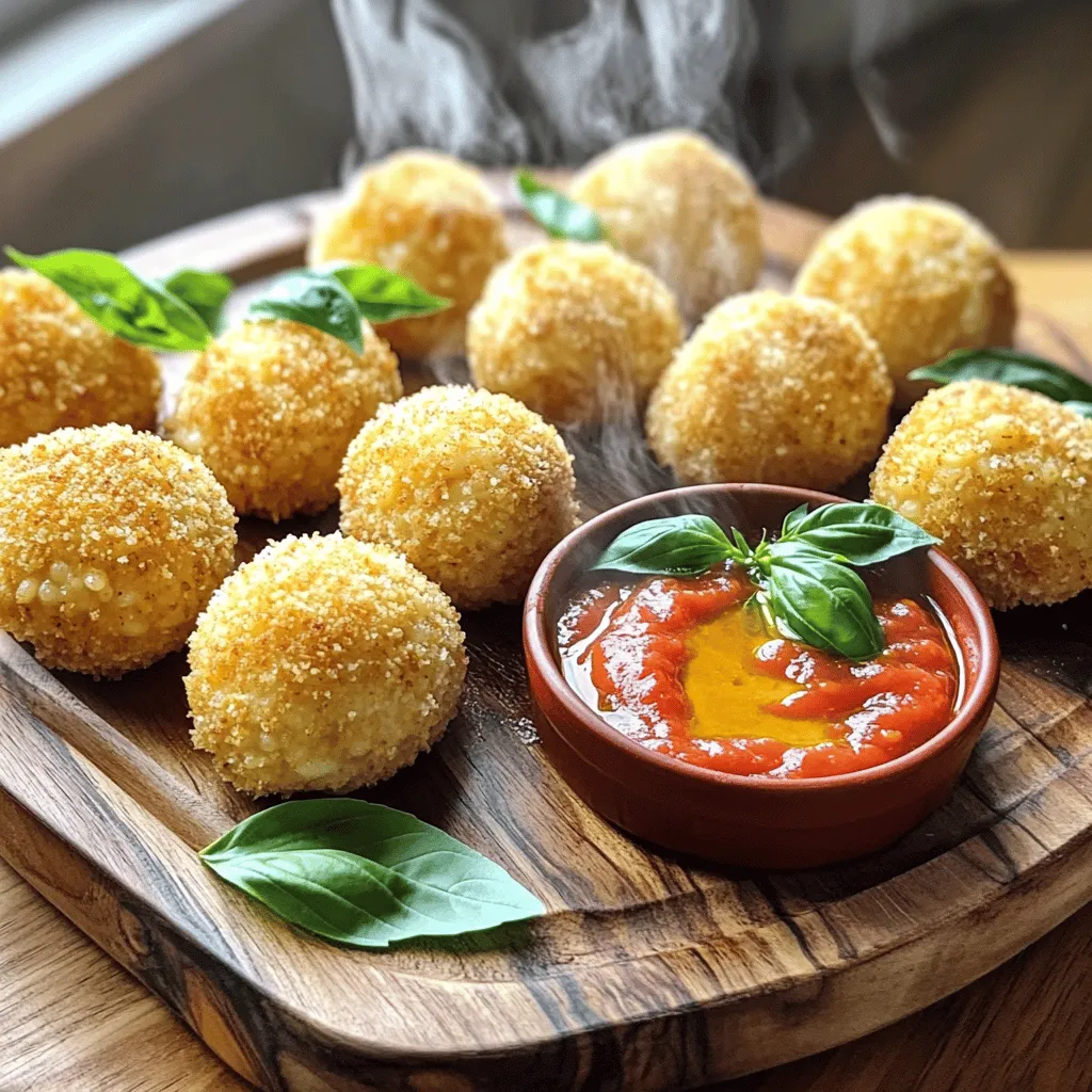 To create the perfect arancini with marinara sauce, gather these ingredients: - 2 cups cooked risotto (preferably leftover, cooled) - 1/2 cup mozzarella cheese, cut into small cubes - 1/4 cup grated Parmesan cheese - 1/2 teaspoon garlic powder - 1/2 teaspoon dried oregano - 1/2 teaspoon salt - 1/4 teaspoon black pepper - 1 cup all-purpose flour - 2 large eggs, beaten - 2 cups breadcrumbs (preferably panko for extra crunch) - Vegetable oil for frying - 2 cups marinara sauce (store-bought or homemade) Each ingredient plays a key role in the flavor and texture of the dish. The leftover risotto gives a creamy base, while the cheeses add richness. Garlic powder and oregano provide warmth and depth. The balance of salt and pepper enhances the overall taste, making every bite delightful. When you gather these ingredients, you set the stage for a tasty experience. The breadcrumbs create a crispy outer layer, while the marinara sauce offers a tangy dip for your arancini. Use the Full Recipe to guide you through the cooking process and make this dish shine. Enjoy every step! Start by gathering your ingredients. In a large bowl, mix 2 cups of cooled risotto with 1/2 cup of mozzarella cubes and 1/4 cup of grated Parmesan. Add 1/2 teaspoon of garlic powder, 1/2 teaspoon of dried oregano, 1/2 teaspoon of salt, and 1/4 teaspoon of black pepper. Stir everything together until combined well. This mixture is the heart of your arancini. Now, take about 2 tablespoons of the risotto mixture in your hands. Roll it into a ball, pressing firmly to make it hold together. Repeat this step until you have 12-15 arancini balls ready. Each should be about the size of a golf ball. Make sure they look nice and round. Set up a breading station for your arancini. Place 1 cup of all-purpose flour on one plate. Pour 2 large beaten eggs into another plate. In a third plate, add 2 cups of breadcrumbs. Take each arancini ball and roll it in the flour first. Make sure to shake off any extra flour. Then, dip it into the beaten eggs, coating it well. Finally, roll the ball in the breadcrumbs, ensuring it is fully covered. This process gives the arancini a crispy crust. Heat vegetable oil in a deep skillet over medium-high heat. You want enough oil to cover half of the arancini balls, about 2-3 inches deep. Once the oil is hot, carefully place the arancini into the pan. Fry them in batches so you don’t overcrowd the pan. Cook each side for about 3-4 minutes until they turn golden brown and crispy. Use a slotted spoon to transfer them to a paper towel-lined plate to remove excess oil. While they fry, warm up 2 cups of marinara sauce in a saucepan over low heat. Serve the arancini hot with the marinara sauce on the side for dipping. Enjoy your crispy delight with every bite! To get that crispy outside, use panko breadcrumbs. They make a great crunch. When you fry, heat your oil to the right temperature. If the oil is too cold, the arancini will soak up oil and become greasy. A good test is to drop a bit of bread in the oil. If it sizzles right away, it's ready. Fry in small batches to keep the oil hot and the balls crispy. Using leftover risotto makes this dish easy and tasty. The cold risotto holds its shape better when forming balls. It also saves time. If you don’t have leftover risotto, make a fresh batch and cool it first. This dish is a great way to use up any risotto you might have. Want to add more flavor? Mix in herbs like fresh basil or parsley. You can also add sun-dried tomatoes for a pop of taste. If you like heat, a pinch of red pepper flakes can spice things up. When serving, pair arancini with marinara sauce. This adds a rich, tangy flavor that complements the crispy balls. For the full recipe, check the earlier section. {{image_2}} You can make cheese-stuffed arancini for a gooey surprise. Start with the basic risotto mixture. Then, take a small amount and flatten it in your hand. Place a cube of mozzarella in the center. Gently mold the risotto around the cheese, sealing it well. This way, when you bite in, the melted cheese oozes out. It adds extra flavor and delight! If you want to mix it up, try veggie or meat-filled arancini. You can add chopped spinach, roasted peppers, or even sautéed mushrooms to the risotto. For meat lovers, ground meat, like beef or sausage, works well. Just cook the filling first and let it cool. Then, mix it with the risotto. This option brings a tasty twist to your dish! There are great ways to make gluten-free arancini. Instead of all-purpose flour, use gluten-free flour. You can also swap breadcrumbs for crushed rice cereal or gluten-free panko. These swaps keep the crunch while making it safe for gluten-sensitive folks. Remember to check your ingredients to ensure they are gluten-free. If you have leftover arancini, store them in an airtight container. Keep them in the fridge for up to three days. Make sure they cool down before you store them. This helps keep them crispy. You can also freeze arancini for longer storage. Place them in a freezer-safe bag. They can last for about three months in the freezer. When you're ready to eat, thaw them in the fridge overnight. To reheat arancini, avoid the microwave if you want them crispy. Instead, preheat your oven to 375°F (190°C). Place the arancini on a baking sheet. Bake them for about 10-15 minutes until they are warm and crisp again. Alternatively, you can reheat them in a skillet with a bit of oil over medium heat. This method adds some extra crunch. For marinara sauce, store any leftovers in a separate container. You can keep it in the fridge for up to one week. If you want to store it longer, freeze it in a freezer-safe container. Marinara sauce can last for about three months in the freezer. When ready to use, thaw it in the fridge or heat directly on the stove. Stir occasionally to keep it smooth. Enjoy your arancini with freshly reheated marinara sauce from the Full Recipe! Serve arancini hot. Place them on a pretty plate. Add a small bowl of marinara sauce for dipping. You can also sprinkle fresh basil on top. This adds color and flavor. Pair arancini with a light salad for balance. Yes, you can make marinara sauce ahead of time. Just let it cool, then store it in the fridge. Use it within three days for the best taste. You can also freeze it for longer storage. When ready to use, just thaw and heat it up. Look for a golden brown color on the outside. Cook them for about 3-4 minutes on each side. You can also cut one open to check. The inside should be warm and gooey with cheese. Enjoy them fresh from the fryer! In this blog post, we covered how to make crispy arancini using leftover risotto. We went over the ingredients, step-by-step instructions, and fun variations. You learned tips for frying and storing, so your arancini stay tasty. Remember, these treats can fit any taste. They are fun to make and great for sharing. With your new skills, impress your friends with delicious arancini at your next meal! Enjoy cooking!