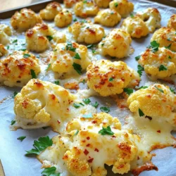 - Cauliflower florets - Olive oil - Garlic - Parmesan cheese - Dried Italian herbs - Red pepper flakes (optional) - Salt and pepper - Fresh parsley The main ingredients for Garlic Parmesan Roasted Cauliflower create a simple yet tasty dish. First, you need cauliflower florets. A large head of cauliflower works best. Cut it into bite-sized pieces. This helps the cauliflower cook evenly and makes it easy to grab while eating. Next, you'll want some olive oil. It adds richness and helps the garlic and cheese stick. I recommend using extra virgin olive oil for the best flavor. Garlic is a must. Four cloves of minced garlic will fill your kitchen with a wonderful scent. It adds depth and a savory touch to the dish. Then we have Parmesan cheese. About half a cup of grated cheese gives a creamy, salty finish. It melts beautifully over the roasted cauliflower. For seasonings, dried Italian herbs add an aromatic touch. A mix of oregano, thyme, and basil works well. You can also use red pepper flakes if you want some heat. Add salt and pepper to taste. Fresh parsley adds a pop of color and freshness at the end. It’s a simple addition but makes a big difference. You can find the Full Recipe for precise measurements and cooking steps. Enjoy making this delicious dish! Preheating the oven First, preheat your oven to 425°F (220°C). This step is key for a perfect roast. A hot oven helps the cauliflower get crispy and brown. Coating the cauliflower Next, take one large head of cauliflower. Cut it into small, even florets. Place the florets in a big mixing bowl. Add 4 tablespoons of olive oil. Toss well so every piece is coated. This helps the garlic and cheese stick later. Now add 4 cloves of minced garlic, 1 teaspoon of dried Italian herbs, and salt and pepper to taste. For some heat, you can add 1/2 teaspoon of red pepper flakes. Toss again until all the florets are coated in this tasty mix. First roasting phase Spread the coated cauliflower on a lined baking sheet. Make sure the florets are in a single layer. This helps them roast evenly. Place the baking sheet in your preheated oven and roast for 20 minutes. The cauliflower will start to soften and brown. Adding Parmesan cheese After 20 minutes, take out the baking sheet. Now, sprinkle 1/2 cup of grated Parmesan cheese evenly over the cauliflower. This step adds a rich, cheesy flavor to the dish. Final roasting phase Return the baking sheet to the oven. Roast for another 10 to 15 minutes. You want the cheese to melt and bubble, and the cauliflower to be golden brown. When it’s done, take it out and let it cool for a minute. For a nice touch, sprinkle some chopped fresh parsley on top. This adds color and freshness to your Garlic Parmesan Roasted Cauliflower. For the full recipe, check out the details outlined earlier. Using fresh garlic is key. Fresh garlic has a bright, bold taste that dried garlic lacks. It brings life to your dish. I recommend using four cloves for a strong flavor. The more you use, the more garlic goodness you get. When picking an oil, always choose olive oil. Olive oil adds a rich flavor that enhances the taste of the cauliflower. Other oils may not give the same depth. Plus, olive oil is healthier and helps the cauliflower crisp up nicely. Space is important on the baking sheet. Place the cauliflower florets in a single layer with space between them. If they are crowded, they will steam instead of roast. This can lead to a soggy texture. Keep an eye on the roasting time. Start with 20 minutes, then check them. After adding the cheese, roast for another 10-15 minutes. Look for a golden brown color and tenderness. This is when you know they are done. For the full recipe, check out the Garlic Parmesan Roasted Cauliflower. {{image_2}} You can switch up the cheese for more flavor. Cheddar works great. It adds a sharp taste. Pecorino Romano is another choice. This cheese has a salty kick. Both options change the dish in fun ways. You still get that creamy texture you love. Just use the same amount as Parmesan. Want to take it up a notch? Try adding lemon juice or zest. It brightens the dish with a fresh taste. Just a little goes a long way. You can also add other vegetables. Broccoli or bell peppers roast well with cauliflower. Mix and match to find your favorite combo. This adds more color and nutrients. Experimenting keeps it exciting and new! For the full recipe, check here. To store leftovers, let the Garlic Parmesan Roasted Cauliflower cool first. Place it in an airtight container. This helps keep it fresh. You can store it in the fridge for up to three days. Make sure to seal the container tightly to avoid moisture. If you want to keep it longer, consider freezing it. However, freezing may change the texture. When it's time to enjoy your leftovers, reheating is key. The best method is to use the oven. Preheat it to 375°F (190°C). Spread the cauliflower on a baking sheet. Heat for about 10-15 minutes. This will help maintain its crispy texture. You can also use a microwave. If you choose this method, heat for 1-2 minutes. Stir halfway through to make sure it warms evenly. For both methods, check the temperature before serving. Enjoy your delicious Garlic Parmesan Roasted Cauliflower again! For the full recipe, check out the details above. You can easily make this dish vegan by swapping out the Parmesan cheese. Use dairy-free cheese alternatives. Look for brands that melt well. Nutritional yeast is another great option. It adds a cheesy flavor without dairy. Yes, you can use frozen cauliflower. However, you must adjust the cooking time. Frozen florets may need a longer roasting time. Aim for about 25 to 30 minutes. Make sure to thaw them first. Pat them dry to remove excess moisture. This recipe serves about four people. Each serving contains around 150 calories. It has 10 grams of fat and 6 grams of carbs. You also get about 5 grams of protein. This can vary based on the cheese you choose. For the full recipe, check here. This blog post covered Garlic Parmesan Roasted Cauliflower, detailing main ingredients, steps, and tips. You learned how to prepare and roast cauliflower to achieve great flavor. Experiment with different cheeses and flavors, or try adding veggies for variety. Proper storage keeps your leftovers tasty. Whether you want a vegan option or have frozen cauliflower, you can adapt this recipe easily. Enjoy your cooking adventure and savor each bite of this delicious dish!