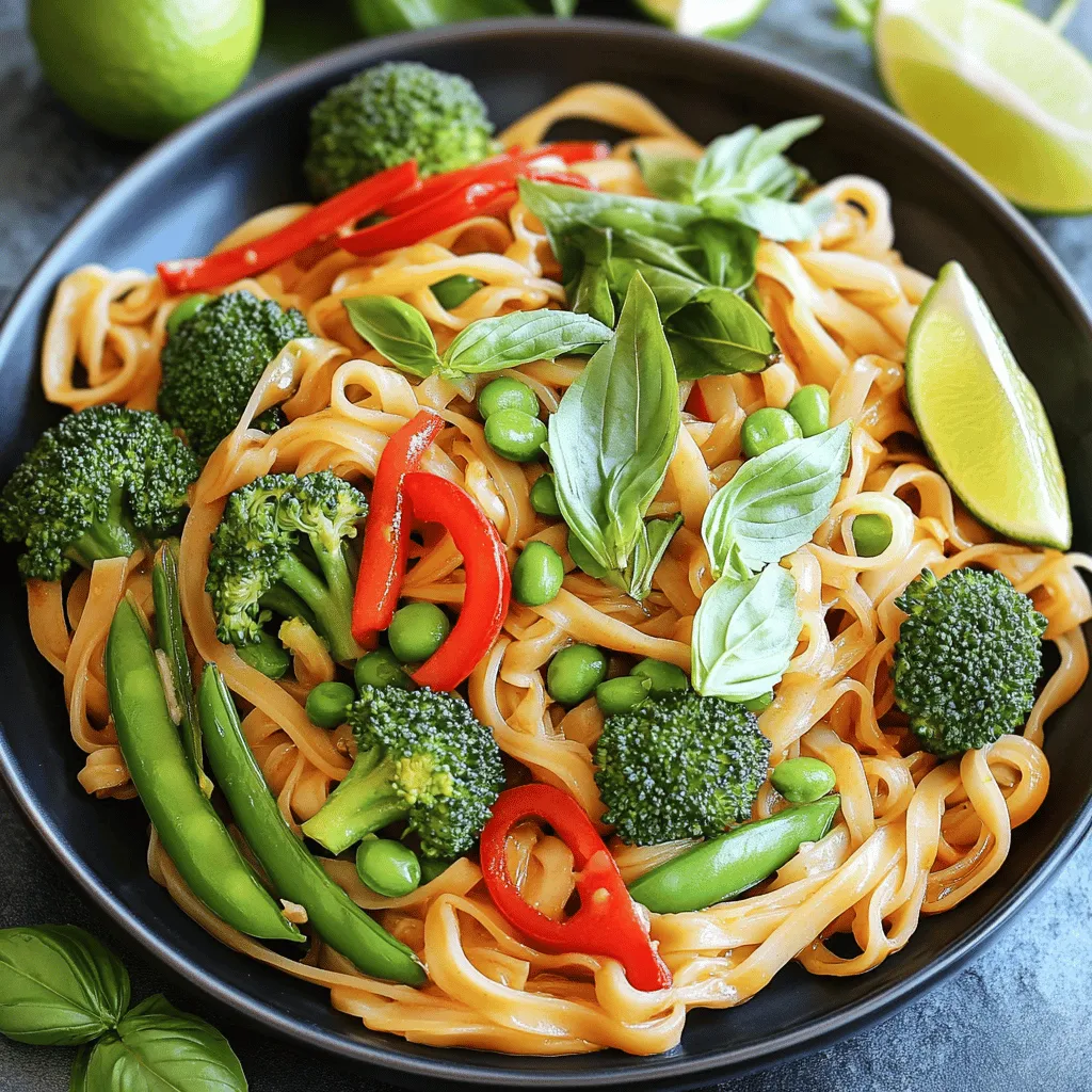 - 8 oz wide rice noodles - 1 cup broccoli florets - 1 red bell pepper, sliced - 1 cup snap peas - 3 cloves garlic, minced - 1 tablespoon fresh ginger, grated - 2 green onions, chopped - 3 tablespoons soy sauce - 1 tablespoon oyster sauce (or vegetarian stir-fry sauce) - 1 teaspoon chili paste (adjust to taste) - 1 tablespoon brown sugar - Fresh basil leaves for garnish - Lime wedges for serving When I cook Thai drunken noodles, I focus on fresh, vibrant ingredients. The wide rice noodles are key; they soak up the flavors well. Broccoli, red bell pepper, and snap peas add color and crunch. Garlic and ginger bring depth to the dish. For the sauce, soy sauce and oyster sauce create a rich base. The brown sugar balances the salty flavors. I like to adjust the chili paste to match my heat preference. Fresh basil leaves make a great garnish. They add a burst of flavor. Lime wedges give a zesty kick when squeezed over the noodles. You can find the full recipe [here]. Enjoy cooking! - Bring a large pot of water to a boil. - Cook noodles according to package instructions. - Drain noodles and set aside. - Chop broccoli, red bell pepper, and snap peas. - Mince garlic and grate ginger. - Heat vegetable oil in a large wok or skillet. - Stir-fry garlic and ginger until fragrant. - Add vegetables and stir-fry until tender-crisp. Now that you have all your ingredients ready, let's dive into the cooking process of the savory Thai drunken noodles! Cooking the rice noodles is your first step. They will serve as the base for this flavorful dish. Once the noodles are cooked and drained, it's time to prepare the vegetables. Fresh veggies add color and crunch to your dish. I love using broccoli, red bell pepper, and snap peas. They not only taste great but also look good on the plate. Next, you’ll want to heat up some vegetable oil in your wok or skillet. This is where the magic happens! Adding minced garlic and grated ginger to the hot oil will fill your kitchen with a wonderful aroma. Stir-fry them for just a few seconds to release their flavors. Finally, toss in the colorful vegetables. Stir-frying them until they are tender-crisp keeps them bright and fresh. This quick cooking method ensures that the veggies maintain their nutrients and crunch. Once everything is ready, follow the [Full Recipe] to combine the noodles and sauce for a delicious finish. To get the best texture in your Thai Drunken Noodles, focus on cooking the noodles al dente. This means they should be firm and chewy, not soft. Usually, this takes about 5 to 7 minutes. Drain them right after cooking, and rinse with cold water to stop the cooking process. When stir-frying the vegetables, timing is key. Add them to the pan in the right order. Start with harder veggies like broccoli, then follow with softer ones like snap peas. Stir-fry them for about 3 to 4 minutes. This keeps them tender yet crisp. Using fresh ingredients makes a big difference. Fresh garlic, ginger, and vegetables boost flavor and aroma. You can really taste the freshness in each bite. Next, think about sauces. Homemade sauce gives you control over flavor. It can be richer and more balanced. Store-bought sauces are quick and easy. Both options work; just choose what fits your time and taste. You can adjust the spice level to match your taste. If you like it hot, add more chili paste. If you prefer mild, cut back on it. Don’t forget about protein! You can add chicken, shrimp, or tofu. Just cook it first before adding the vegetables. You can also swap out veggies based on your favorites. Try carrots, bell peppers, or even zucchini. For the full recipe, check out the complete guide. {{image_2}} You can easily make Thai Drunken Noodles vegetarian or vegan. Simply swap the oyster sauce with a vegetarian stir-fry sauce. This change keeps the dish rich and tasty while fitting your diet. For plant-based protein, use tofu or tempeh. They soak up flavors well and add great texture. Want to change the flavor? Try adding curry paste to your sauce mix. This gives your noodles a spicy kick and a new depth. You can also play with herbs and spices. Fresh cilantro or mint can brighten the dish. A squeeze of lime adds zest too. Feel free to switch out veggies based on the season. Carrots, bok choy, or zucchini work well. If you’re in a hurry, frozen mixed vegetables are a great option. They save time and still taste good. Just toss them in during the stir-fry. Explore these variations to make your Thai Drunken Noodles unique! For the full recipe, check out the [Full Recipe]. To store leftovers, let the noodles cool first. Place them in an airtight container. Make sure to seal it well. This keeps the flavors fresh. Store in the fridge for up to three days. The best way to reheat noodles is in a skillet. Add a splash of water or broth. Heat over medium-low until warm. Stir often to avoid sticking. You can also use the microwave. Just cover with a damp paper towel. This helps keep them moist. Avoid heating for too long, as this can make them mushy. Yes, you can freeze Thai Drunken Noodles! To freeze, place cooled noodles in a freezer-safe bag. Squeeze out as much air as possible. They can last for about a month. To thaw, place in the fridge overnight. Reheat as mentioned above for the best texture. To make your Thai Drunken Noodles spicier, add more chili paste. Start with an extra teaspoon and taste. You can also add sliced fresh chili peppers. Thai bird's eye chilies are a great choice. If you want more heat, try adding a dash of hot sauce. Remember, spice can build, so adjust slowly for the best flavor. Thai Drunken Noodles pair well with many side dishes. Consider serving spring rolls for a crunchy bite. A light cucumber salad can add freshness to your meal. If you enjoy drinks, serve Thai iced tea or a cold beer. These drinks balance the spice and enhance the flavors of the dish. Yes, you can use rice sticks instead of wide rice noodles. Rice sticks are thinner and will cook faster. Keep an eye on them while cooking, as they can get mushy. You may need to adjust the cooking time to avoid this. Always drain and rinse them to stop the cooking process quickly. In this blog post, we covered how to make delicious Thai Drunken Noodles. We looked at the key ingredients, including fresh veggies and tasty sauces. I shared step-by-step cooking tips to perfect your dish, along with customization ideas. Remember, the best flavors come from fresh ingredients. Whether you enjoy meat or prefer veggies, there’s a version for you. I'm excited for you to try this dish and create your own twist! Enjoy each bite of your homemade noodles.