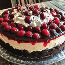 To make this tasty dessert, gather these key items: - 1 ½ cups chocolate cookie crumbs - ½ cup unsalted butter, melted - 2 cups cream cheese, softened - 1 cup granulated sugar - 1 teaspoon vanilla extract - 3 large eggs - 1 cup sour cream - 1 ½ cups cherry pie filling (reserve some for topping) - ¼ cup cocoa powder - Whipped cream for garnish - Chocolate shavings for garnish These ingredients blend to create a rich and creamy cheesecake. The chocolate cookie crust gives it a sweet and crunchy base. The cream cheese and sugar form a smooth filling. The cherry pie filling adds a fruity twist and brings color to the dish. You can tweak the recipe for your taste. Here are some fun options: - Use Oreo cookies for the crust instead of chocolate cookie crumbs. - Add a splash of almond extract for a nutty flavor. - Swap the cherry pie filling for raspberry or strawberry filling. These options let you make the cheesecake your own. Experimenting can lead to new favorites! To create this cheesecake, you’ll need a few tools: - 9-inch springform pan - Mixing bowls - Electric mixer or whisk - Spatula - Measuring cups and spoons Having the right equipment makes the process easier. A springform pan helps you remove the cheesecake smoothly. Mixing bowls and a whisk or mixer blend the ingredients well. This setup ensures your cheesecake turns out perfect every time. For the full recipe, check out the [Full Recipe]. Start by preheating your oven to 325°F (160°C). Grab a 9-inch springform pan. You can grease it with non-stick spray or line the bottom with parchment paper. In a medium bowl, mix 1 ½ cups of chocolate cookie crumbs with ½ cup of melted unsalted butter. Stir until it forms a wet mixture. Press this mixture firmly into the bottom of the prepared pan to form the crust. Bake it for 10 minutes, then let it cool slightly. In a large mixing bowl, take 2 cups of softened cream cheese. Beat it with 1 cup of granulated sugar and 1 teaspoon of vanilla extract until it's smooth and creamy. This should take about 2-3 minutes. Next, add 3 large eggs one at a time. Mix well after each egg. Scrape down the sides of the bowl as needed. Now, mix in 1 cup of sour cream and ¼ cup of cocoa powder until everything is smooth. Finally, gently fold in 1 ½ cups of cherry pie filling. Make sure it's evenly spread throughout the batter. Pour the cheesecake batter over the cooled cookie crust in the springform pan. Use a spatula to smooth the top. Bake in the preheated oven for 55-60 minutes. The center should be set but still slightly jiggly. Once done, turn off the oven and crack the door open. Let the cheesecake cool in the oven for an extra hour. After that, refrigerate the cheesecake for at least 4 hours, but overnight is best. When you’re ready to serve, take off the sides of the springform pan. Top it with some reserved cherry pie filling, a big dollop of whipped cream, and sprinkle chocolate shavings on top for a beautiful finish. Check the full recipe for all the details! To get a creamy texture, start with softened cream cheese. This helps mix well. Beat it on low speed to avoid air bubbles. Too much air makes the cheesecake rise and crack. Use room temperature eggs for a smooth mix. Add them one at a time, mixing well each time. This makes sure they blend evenly into the batter. Mix in sour cream last for a rich taste. Cracks can ruin the look of your cheesecake. To avoid them, bake in a water bath. This adds moisture and keeps the oven steady. Wrap your springform pan in foil. Fill a larger pan with hot water and place the smaller pan inside. Another tip is to let your cheesecake cool slowly. After baking, turn off the oven, crack the door, and let it sit for an hour. When ready to serve, chill your cheesecake well. This makes cutting easier. Use a sharp knife and dip it in hot water. Wipe it dry before each slice. This keeps the edges clean. Top with cherry pie filling, whipped cream, and chocolate shavings. Each slice should look and taste amazing. For the full recipe, check out the provided details. {{image_2}} You can add a fun twist to your Black Forest cheesecake by swirling in some chocolate. To do this, melt ½ cup of dark chocolate. After mixing the cheesecake batter, take a spoonful of the melted chocolate. Gently swirl it into the batter. This adds a rich chocolate flavor and a pretty design. If you want a quick and easy version, try a no-bake cheesecake. For this, use the same ingredients but skip the baking step. Instead, once you mix the batter, pour it into the crust and chill it in the fridge for at least 4 hours. This gives you a creamy, delicious dessert without the oven. For a gluten-free Black Forest cheesecake, swap out the chocolate cookie crumbs for gluten-free cookies. You can also use almond flour or gluten-free graham crackers. Just check the labels to ensure they are gluten-free. This way, everyone can enjoy this tasty treat. For the full recipe, check out the detailed instructions above. To keep your Black Forest cheesecake fresh, wrap it tightly in plastic wrap. You can also place it in an airtight container. Make sure to store it in the fridge. It stays good for up to five days. If you have extra toppings, store them separately. This way, they stay fresh and do not make the cheesecake soggy. You can freeze your cheesecake for longer storage. First, let it cool completely in the fridge. Next, slice it into pieces for easier thawing. Wrap each slice in plastic wrap, then place them in a freezer bag. Make sure to remove as much air as possible. You can freeze it for up to three months. To enjoy your cheesecake again, take it out of the freezer. Place it in the fridge for several hours or overnight to thaw. This gentle thawing helps keep the texture nice. If you need it faster, you can leave it at room temperature for about an hour. Avoid using the microwave, as it can change the texture. Enjoy your decadent treat when it’s fully thawed! For the full recipe, check out the earlier section. Black Forest Cheesecake is a rich dessert that blends chocolate and cherries. It has a chocolate cookie crust, a creamy filling with cream cheese, and cherry pie filling. The cheesecake is often topped with whipped cream and chocolate shavings. This dessert is inspired by the classic Black Forest cake, which features layers of chocolate, cherries, and whipped cream. Making Black Forest Cheesecake takes about 20 minutes of prep time and 55-60 minutes of baking. After baking, you need to cool it for about an hour in the oven. It’s best to chill the cheesecake in the fridge for at least four hours or overnight. So, the total time from start to finish is around six hours. Patience is key, but the wait is worth it! Yes, you can use fresh cherries instead of pie filling. Just wash and pit the cherries first. You can slice them or leave them whole. If you want them sweeter, consider cooking them with a bit of sugar. This will create a syrupy sauce that adds flavor and moisture to your cheesecake. Using fresh cherries makes the dish taste even more vibrant! You can find Black Forest Cheesecake at many bakeries and dessert shops. Some grocery stores also carry it in their bakery sections. If you want a special treat, check local restaurants that offer desserts. For a homemade touch, try making it yourself using the Full Recipe. This way, you can enjoy a fresh slice right from your kitchen! Black Forest Cheesecake combines rich flavors and textures. This dessert starts with a cookie crust, then adds a creamy filling. You can customize it with optional ingredients for unique twists. Following the steps helps you bake it just right. Remember to prevent cracks and serve it well for the best results. Explore different variations and storage tips to enjoy every bite. Each cheesecake journey brings delicious joy. Make it yours and savor the experience!