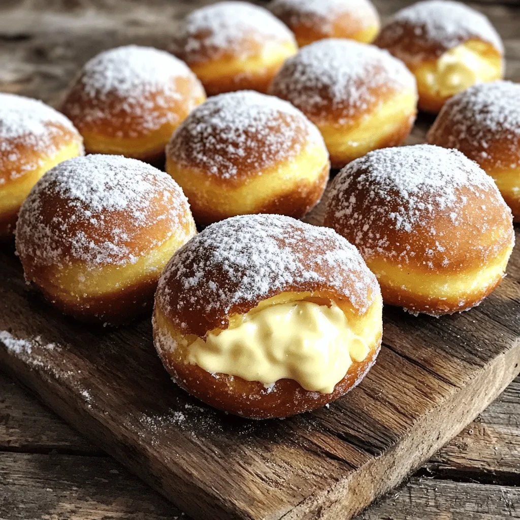To make delicious bomboloni, you will need the following ingredients: - 3 ½ cups all-purpose flour - 1 packet (7g) instant yeast - ¼ cup granulated sugar - ½ teaspoon salt - 1 cup whole milk, warmed - 2 large eggs - 4 tablespoons unsalted butter, melted - 1 cup pastry cream (for filling) - Oil for frying - Powdered sugar (for dusting) When choosing your ingredients, freshness matters. Use fresh yeast for better rise. Whole milk gives the dough a rich taste. Always opt for high-quality butter. It adds flavor to the bomboloni. The pastry cream should be smooth and creamy for the best filling. If you need to make changes, here are some easy swaps: - For gluten-free options, use gluten-free flour blends. - Almond milk or oat milk works well instead of whole milk. - Replace eggs with a flaxseed or chia seed mix for a vegan option. - Use coconut oil instead of unsalted butter for a dairy-free version. Feel free to adapt these choices to fit your dietary needs! For the full recipe, check the details in the previous sections. To make bomboloni alla crema, you need to start with the dough. Gather all your ingredients first. Mixing everything in a big bowl helps keep things tidy. Combine 3 ½ cups of flour, 1 packet of instant yeast, ¼ cup of sugar, and ½ teaspoon of salt. Stir them together until well blended. Next, make a well in the center. Pour in 1 cup of warm milk, 4 tablespoons of melted butter, and 2 eggs. Mix until you see dough forming. Knead the dough by hand or use a stand mixer. It should take about 8 to 10 minutes. Keep going until the dough feels smooth and elastic. Once done, place it in a greased bowl. Cover it with plastic wrap or a damp cloth. Let it rise in a warm spot for about 1 hour. You want it to double in size. After the dough rises, it’s time to shape it. Punch it down to release air. Then, turn the dough onto a floured surface. Roll it out until it's about ½ inch thick. Use a round cutter to cut circles, about 2 to 3 inches wide. Place these circles on a floured baking sheet. Let them rest for another 30 minutes. This step helps the dough rise again. When the time is up, check that the dough has puffed up just a bit more. Now comes the fun part—frying! Heat oil in a deep fryer or a heavy pot. The oil should be at 350°F (175°C). Carefully place a few dough rounds into the hot oil. Avoid overcrowding; this helps them fry evenly. Fry each side for about 2 to 3 minutes. You want them golden brown. Once cooked, use a slotted spoon to remove them. Place them on a paper towel-lined plate to drain excess oil. Let them cool for a little while. Now, it’s time to fill them! Use a piping bag filled with pastry cream to inject the filling into each bombolone. Finally, dust them with powdered sugar for a sweet finish. Enjoy your delightful fried pastry treats! For the full recipe, check out [Full Recipe]. To make your bomboloni light and fluffy, start with warm milk. Warm milk helps the yeast grow. Use fresh yeast for the best results. Knead the dough well for 8-10 minutes. This builds gluten, making your pastries airy. Let the dough rise in a warm spot. It should double in size. Patience is key here! Avoid using cold ingredients. Cold milk or eggs can slow yeast activity. Don't skip the second rise after cutting the dough. This step ensures your bomboloni puff up while frying. Pay attention to oil temperature. Too hot, and they burn; too cool, and they soak up oil. Fry in small batches for even cooking. For filling bomboloni, use a piping bag with a small tip. Insert it gently into the side of each bombolone. Fill until you feel resistance, but don’t overfill. If you do, the cream may ooze out. For a neat finish, dust the tops with powdered sugar after filling. This adds a sweet touch and makes them look great. By following these tips and tricks, you'll create delightful bomboloni alla crema that impress everyone. For the complete recipe, check the [Full Recipe]. {{image_2}} Bomboloni alla Crema can shine with many flavors. You can fill them with vanilla pastry cream or rich chocolate cream. For a fruity twist, use lemon curd or raspberry jam. If you like coffee, try coffee-flavored cream. Each filling changes the taste and makes them fun to eat. While powdered sugar is classic, there are other options. You can use cinnamon sugar for a tasty twist. Melted chocolate drizzled on top adds an extra treat. You could even sprinkle nuts for crunch. These toppings make bomboloni fun and unique. Bomboloni can brighten any event. Serve them at parties or family gatherings. They also work well for brunch with friends. If you want to impress, arrange them on a colorful platter. You can also pair them with coffee or tea for a lovely afternoon treat. For the full recipe, check out the detailed guide. After enjoying your bomboloni, you might have some left. To keep them fresh, place the bomboloni in an airtight container. This helps prevent them from getting dry. If you want to keep them longer, store them in the fridge. They can last up to three days this way. To bring back that fresh taste, reheat the bomboloni in an oven. Preheat the oven to 350°F (175°C). Place the bomboloni on a baking sheet for about 5-7 minutes. This warms them without making them soggy. You can also use a microwave for a quick fix. Heat them for about 10-15 seconds. But be careful, as they can get chewy. If you want to save bomboloni for later, freezing works well. Place them in a single layer on a baking sheet. Once frozen, move them to a freezer bag. They can last up to three months in the freezer. When you're ready to eat them, thaw them in the fridge overnight. Reheat as mentioned above. This way, your bomboloni will taste almost fresh. For the full recipe on making these delightful treats, check the detailed recipe above. Bomboloni alla Crema are Italian fried pastries. They are soft and fluffy, filled with rich pastry cream. They have a light, sweet taste and a golden crust. This treat is perfect for breakfast or dessert. Many enjoy them dusted with powdered sugar. They are a real taste of Italy in every bite. Yes, you can make Bomboloni ahead of time. You can prepare the dough and let it rise. After frying, cool them to room temperature. Fill them with pastry cream just before serving. This keeps them fresh and tasty. You can also store leftovers in an airtight container for up to two days. Bomboloni and doughnuts are both fried treats but differ in style and filling. Bomboloni are typically softer and less sweet. They are often filled with pastry cream or jam. Doughnuts can have holes in the center and come in many flavors. They often have a sweeter glaze or icing. Both are delicious, but each has its charm. In this post, we explored how to make Bomboloni alla Crema. We covered key ingredients, simple steps for making dough, and tips for perfect frying. You learned about variations, storage methods, and common questions. Whether you’re a beginner or a pro, these tips ensure your Bomboloni will be a hit. Enjoy creating delicious treats for everyone to savor!