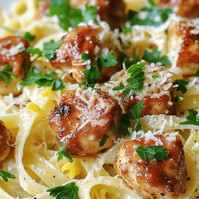 - 1 lb chicken breast, cut into bite-sized pieces - 4 tablespoons unsalted butter - 4 cloves garlic, minced - 8 oz pasta (fettuccine or spaghetti) The main ingredients are key to this dish. The chicken breast provides protein and flavor. I recommend cutting the chicken into bite-sized pieces. This helps it cook evenly and makes it easy to eat. The unsalted butter adds richness. Garlic gives the dish a lovely aroma and taste. Use fresh garlic for the best flavor. The pasta, either fettuccine or spaghetti, serves as the perfect base. It soaks up the garlic butter sauce well. - 1 teaspoon Italian seasoning - Salt and pepper to taste - ¼ cup fresh parsley, chopped - Zest of 1 lemon Seasoning is vital for enhancing flavor. Italian seasoning brings warmth and depth. Salt and pepper are simple yet essential. Adjust the amounts to your liking. Fresh parsley adds color and freshness. It brightens up the dish. Lemon zest gives a burst of citrus flavor. This lifts the richness of the butter and chicken. - 1 cup freshly grated Parmesan cheese Parmesan cheese is a star ingredient. It adds a salty, nutty flavor. I recommend using freshly grated cheese. It melts better and tastes much richer. This cheese blends beautifully with the pasta and chicken. It creates a creamy texture that makes the dish irresistible. For the full list of ingredients and their amounts, check the Full Recipe. 1. Start by boiling salted water in a large pot. This step is key for flavor. 2. Once the water boils, add the pasta. Cook it according to the package instructions until it’s al dente. This usually takes about 8 to 10 minutes. 3. When the pasta is ready, drain it carefully, but keep ½ cup of that pasta water. This water is gold for your sauce. 1. Take your chicken breast and cut it into bite-sized pieces. This helps with even cooking. 2. Season the chicken well. Use salt, pepper, and Italian seasoning for a nice flavor boost. 1. In a large skillet, melt 2 tablespoons of butter over medium heat. 2. Add the chicken pieces to the skillet. Cook them for about 5 to 7 minutes. You want them golden brown and fully cooked. 3. Once cooked, take the chicken out and set it aside. 4. In the same skillet, add the remaining 2 tablespoons of butter. Let it melt. 5. Add minced garlic next. Sauté this for about a minute until it smells amazing. 6. Now, return the chicken to the skillet. Mix it well with the garlic butter. If it looks dry, add a splash of the reserved pasta water. 7. Next, toss in the cooked pasta. Make sure it gets coated in that delicious garlic butter. 8. Finally, remove from heat and stir in the grated Parmesan cheese, lemon zest, and fresh parsley. This will make everything creamy and flavorful. 9. Serve the garlic butter chicken bites over pasta in bowls. Add extra parsley and Parmesan if you like. For the full recipe, check the main section above. Enjoy your tasty meal! To get the chicken bites just right, pay attention to cooking time. Aim for about 5-7 minutes for a perfect golden brown. If you cut the chicken pieces smaller, they will cook faster. Always check that they reach an internal temperature of 165°F. For the best sear, use a hot skillet. This helps lock in flavors and moisture. Don’t overcrowd the pan; cook in batches if needed. This ensures each piece gets that nice brown color. You can add more depth to the dish with extra seasoning. Try adding paprika, garlic powder, or crushed red pepper for a little heat. If you like herbs, fresh thyme or rosemary work great too. Adding vegetables can make your dish colorful and nutritious. Consider bell peppers, spinach, or zucchini. Just sauté them with the garlic for a flavorful mix. When plating, use wide bowls for a nice presentation. Start with a layer of pasta, then add the chicken bites on top. Finish with a sprinkle of fresh parsley and extra Parmesan. For sides, a simple green salad pairs well. A light vinaigrette complements the richness of the dish. You can also serve garlic bread on the side for a complete meal. For the full recipe, check the earlier section. {{image_2}} You can switch up the pasta to fit your needs. Here are some great ideas: - Gluten-free pasta: If you need a gluten-free option, choose rice or quinoa pasta. They cook nicely and taste great. - Whole wheat pasta: For a healthier twist, whole wheat pasta adds more fiber. It gives a nutty flavor that pairs well with garlic butter. You can easily change the protein in this dish: - Substituting chicken with shrimp: Shrimp cooks quickly and adds a sweet flavor. Simply sauté shrimp until they turn pink. - Vegetarian options using tofu: For a meat-free meal, use firm tofu. Press it to remove water, then cube and sauté until golden. Want to add a kick or a twist? Try these flavor changes: - Adding spice with red pepper flakes: Sprinkle in red pepper flakes for heat. Just a pinch will make it pop! - Incorporating lemon or lime juice for tanginess: A squeeze of lemon or lime juice brightens up the dish. It adds freshness and balances the richness of the butter. For the complete recipe, check out the Full Recipe. To keep your garlic butter chicken bites fresh, use airtight containers. Glass containers work well, but plastic also does the job. Make sure to let the dish cool down before sealing it. In the fridge, you can store leftovers for about 3 to 4 days. This way, you can enjoy your tasty meal later! When reheating, I suggest using the stove for the best results. Heat a skillet on low and add a splash of water. This keeps the pasta moist. Stir often until everything is warm. If using a microwave, cover the dish to trap steam. Heat it in short bursts to avoid overcooking. No one likes dry pasta! If you want to save some for later, freezing is a great choice. Portion out the chicken and pasta into freezer-safe bags. Press out excess air before sealing. This helps prevent freezer burn. When you’re ready to eat, thaw it in the fridge overnight. For quick meals, you can also microwave it straight from the freezer, but this may take a bit longer. Yes, you can use chicken thighs. They are juicier and have more flavor. Thighs cook well and stay tender. However, they take a few minutes longer to cook. If you prefer leaner meat, stick with chicken breast. To add creaminess, stir in heavy cream while making the sauce. You can also use cream cheese for a rich taste. Adding more Parmesan cheese enhances the flavor too. Just remember to mix it well to get a smooth sauce. If you lack fresh garlic, garlic powder works as a good substitute. Use about 1/4 teaspoon for each clove. You can also try garlic salt, but reduce other salt in the recipe. Another option is to use shallots for a mild garlic taste. To add heat, try red pepper flakes for a mild kick. You can also mix in hot sauce while cooking. Sriracha or chili oil adds flavor and spice. Adjust the amount to match your taste preference. This blog post covered a simple and tasty chicken pasta dish. We discussed the key ingredients, including chicken, butter, and pasta. I provided step-by-step instructions to guide you through cooking and saucing. You learned tips to make your chicken and pasta shine with flavor. In the end, don't hesitate to try different variations or storage methods. Get creative with your cooking, and enjoy the process!