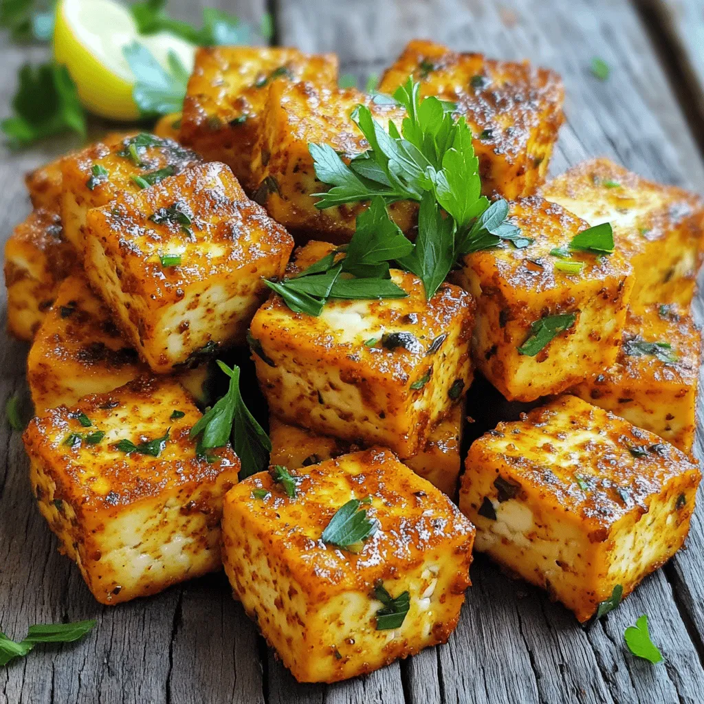 - Firm tofu and its importance: Using firm tofu is key for this recipe. It holds its shape well when cooked and gives you that perfect crispy texture you want. - Essential seasonings for flavor: For flavor, you need: - 1 tablespoon cornstarch - 2 tablespoons olive oil - 1 teaspoon garlic powder - 1 teaspoon onion powder - 1 teaspoon dried oregano - 1 teaspoon dried thyme - 1 teaspoon smoked paprika - Salt and pepper to taste These seasonings bring out the best taste in the tofu. They create a lovely herby mix that you will love. - Optional garnishes for presentation: Fresh parsley adds a nice touch. You can also drizzle some lemon juice for brightness. If you like heat, serve with Sriracha or chili sauce. - Baking sheet and parchment paper: A baking sheet is a must for crispiness. Parchment paper makes cleaning up easy and prevents sticking. - Mixing bowls and utensils: You’ll need two bowls. One is for mixing the tofu with cornstarch. The other is for the seasonings. Use a spatula or spoon to toss everything well. - Oven and preheating instructions: Preheat your oven to 425°F (220°C). This high heat helps achieve that golden, crispy finish on the tofu. With these ingredients and tools, you are ready to make crispy herbed tofu. Check out the Full Recipe for all the steps! To start, you need to press and drain the tofu. This step helps remove excess moisture. Wrap the tofu in a clean towel and place a weight on top. Let it sit for about 15 minutes. This simple trick makes your tofu crispier. Next, cut the pressed tofu into cubes or thick slices. Aim for about 1-inch pieces. This size helps the tofu cook evenly and become crispy. Now it’s time to coat the tofu. In a mixing bowl, toss the tofu pieces with one tablespoon of cornstarch. This coating helps create a crunchy texture when baking. In another bowl, mix two tablespoons of olive oil with garlic powder, onion powder, oregano, thyme, smoked paprika, salt, and pepper. Stir until everything is well combined. The herbs and oil will add great flavor. Add the cornstarch-coated tofu into the herb mixture. Gently toss until each piece is covered. This step is key for even flavor and crunch. Next, arrange the tofu on a baking sheet lined with parchment paper. Make sure the pieces are in a single layer. Space them out to allow air to circulate. This ensures each piece gets crispy. Set your oven to 425°F (220°C) and bake the tofu for 25 to 30 minutes. Flip the tofu halfway through cooking for even browning. When done, the tofu should be golden and crispy. When it’s out of the oven, drizzle with lemon juice and toss lightly. Serve warm, garnished with fresh parsley. If you like heat, add Sriracha or chili sauce for a kick. For the full recipe, check out the details above! To get that perfect crisp on your tofu, spacing is key. Place the tofu pieces apart on the baking sheet. This lets hot air flow around them, making them nice and crisp. If the pieces touch, they can steam instead of bake, which makes them soggy. Flipping the tofu is also important. Halfway through baking, turn the pieces over. This ensures both sides get golden, crunchy goodness. If you skip this step, one side may cook more than the other. A simple flip goes a long way in achieving perfect results. For tasty tofu, think herbs! I love using a mix of oregano and thyme. These herbs add depth and warmth to the dish. You can also try using rosemary or basil for a different twist. Don’t be afraid to get creative with your herb blends! For a spicy kick, pair your crispy tofu with Sriracha or chili sauce. These sauces add heat and a burst of flavor. You can even mix them into a yogurt dip or a tangy sauce for fun new tastes. Crispy herbed tofu pairs well with many side dishes. Try serving it with rice or quinoa for a filling meal. Fresh salads also work nicely. The crunchy tofu adds protein and texture to your greens. If you have leftovers, think outside the box! Add crispy tofu to wraps or sandwiches. It makes a great topping for salads or grain bowls, too. You can even toss it into stir-fried veggies for a quick meal. Check out the Full Recipe for more ideas! {{image_2}} You can switch up the flavors of crispy herbed tofu easily. One great option is a lemon herb variation. Just add lemon juice and zest to the herb mix. This gives a fresh and bright taste. The lemon cuts through the richness of the tofu. It makes each bite light and zesty. Another fun option is to go for Asian-inspired seasonings. Use soy sauce, ginger, and sesame oil in your mix. This adds a nice depth of flavor. You can also add a sprinkle of sesame seeds for crunch. These changes will give your tofu a whole new twist. If you need gluten-free options, you can easily adapt this recipe. Use gluten-free soy sauce or tamari instead of regular soy sauce. This way, you can still enjoy the tasty flavors without gluten. For those looking to boost protein, add some chickpeas or edamame. Toss them in the same herb mix before baking. This makes your meal heartier and even healthier. You can have a complete dish packed with flavor and nutrition! Feel free to explore these variations to make your crispy herbed tofu your own. For the full recipe, check out the earlier section. To keep your leftover crispy herbed tofu fresh, store it in an airtight container. This helps prevent moisture from making the tofu soggy. You can also layer the tofu with parchment paper to absorb any excess moisture. - Recommended storage methods: Use airtight containers or zip-top bags. - Best containers for freshness: Glass containers work well. They keep the tofu fresh and are easy to clean. Reheating tofu can be tricky. You want to make sure it stays crispy. The oven is the best way to reheat it. - Best practices for maintaining crispness: Preheat your oven to 375°F (190°C). Place the tofu on a baking sheet. Bake for about 10-15 minutes. - Quick reheating methods: If you are in a hurry, you can use a skillet. Heat a small amount of oil over medium heat. Add the tofu and cook for a few minutes until it gets warm and crispy again. By following these tips, your crispy herbed tofu will taste great even the next day! For the full recipe, check out the [Full Recipe]. Crispy herbed tofu stays good in the fridge for about 3 to 5 days. Store it in an airtight container to keep it fresh. Make sure to let it cool before placing it in the fridge. This helps avoid moisture build-up, which can make it soggy. Yes, you can freeze crispy herbed tofu. First, let it cool completely. Then, place it in a freezer-safe bag or container. When you want to eat it, thaw it in the fridge overnight. Reheat it in the oven or a skillet for the best texture. Crispy herbed tofu goes well with many sauces. Some popular choices are: - Sriracha - Soy sauce - Sweet chili sauce - Peanut sauce - Tahini dressing These sauces add extra flavor and kick to your dish. You can definitely make crispy herbed tofu in an air fryer! Preheat your air fryer to 400°F (200°C). Arrange the tofu in a single layer in the basket. Cook for about 15-20 minutes, flipping halfway through. This method gives you a great crunch with less oil. To get crispy tofu, avoid these common mistakes: - Don't skip pressing the tofu; it removes excess water. - Use enough cornstarch for a good coating. - Space out the tofu on the baking sheet. This helps air flow. - Flip the tofu halfway through baking for even crispiness. These steps will help you achieve that perfect crunch. For the full recipe, check out the Crispy Herbed Tofu section above! This post showed you how to make crispy herbed tofu. We covered key ingredients, tools, and step-by-step instructions. I shared tips for perfect texture and flavor variations. Remember, pressing the tofu and using cornstarch are crucial for crispness. Don't forget the fun in serving this dish creatively. With these insights, you can enjoy tasty tofu any time. Now, go ahead and whip up a batch!