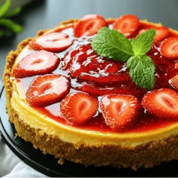Here are the tasty ingredients you need for Strawberry Crunch Cheesecake: - 1 ½ cups graham cracker crumbs - ½ cup unsalted butter, melted - 1/3 cup granulated sugar - 2 cups cream cheese, softened - 1 cup powdered sugar - 1 teaspoon vanilla extract - 1 cup heavy whipping cream - 1 cup fresh strawberries, sliced - 1 cup strawberry jam - Optional: fresh mint leaves for garnish These ingredients create a rich and creamy cheesecake with a delightful crunch. The graham cracker crumbs form a tasty crust that holds everything together. Cream cheese makes it smooth and creamy, while fresh strawberries add a burst of flavor. You can use strawberry jam to swirl into the top for a pretty finish. Be sure to have everything ready before you start. This will help the process go smoothly. You can find the full recipe to guide you through each step. Enjoy making this dessert! Preheat your oven to 325°F (163°C). This step is key for a great crust. In a bowl, combine the graham cracker crumbs, melted butter, and granulated sugar. Mix until it looks even. Now, press this mixture into a springform pan. Make sure it’s tight and flat. Bake for 10 minutes, then let it cool completely. In a large bowl, beat the softened cream cheese with an electric mixer. Add powdered sugar and vanilla extract slowly. Beat until it is smooth and creamy. In another bowl, whip the heavy cream until it forms stiff peaks. Gently fold this whipped cream into the cream cheese mixture. Be careful, as you don’t want to lose air. Pour half of the cream cheese mixture over the cooled crust. Spread it evenly. Next, add a layer of fresh strawberry slices. Top with the remaining cream cheese mixture and smooth the top with a spatula. Drop spoonfuls of strawberry jam on top of the cheesecake. Use a toothpick to swirl it gently into the cheesecake. This creates a beautiful marbled effect. Cover the springform pan with plastic wrap. Refrigerate for at least 4 hours or overnight. This time helps the cheesecake set well. Once set, carefully remove the sides of the springform pan. Slice the cheesecake and serve it topped with extra sliced strawberries and mint leaves. Enjoy this delightful treat! For more details, check the Full Recipe. To get a smooth cheesecake, use room temperature ingredients. Cold cream cheese is hard to mix. Let it sit out for about 30 minutes before you start. It will blend easier and create a creamy texture. When you whip the cream, stop mixing once you see stiff peaks. Over-mixing can turn it grainy. Gently fold the whipped cream into the cream cheese mixture with a spatula. This keeps the lightness you want in your cheesecake. Presentation matters! Serve your cheesecake slices on pretty plates. Drizzle some extra strawberry jam around each slice. You can also add fresh strawberry slices on top for color. Pair your cheesecake with a nice drink. A sweet iced tea or a light sparkling water works well. They balance the sweetness of the cheesecake and refresh your palate. If your cheesecake cracks, don’t worry! You can cover it with whipped cream or fresh strawberries. This adds beauty and flavor to your dessert. Make sure to chill your cheesecake long enough. It needs at least 4 hours in the fridge. For best results, chill it overnight. A well-set cheesecake is key for easy slicing. {{image_2}} You can change the flavor of your cheesecake easily. Instead of strawberries, try other fruits like blueberries, raspberries, or peaches. Each fruit adds its own charm. If you crave chocolate, make a chocolate strawberry crunch cheesecake. Just add cocoa powder to the cream cheese mixture. It gives a rich twist that chocolate lovers will enjoy. If you need a gluten-free option, use almond flour instead of graham cracker crumbs. Mix it with melted butter and sugar for the crust. This crust tastes great and is perfect for gluten-free diets. For vegan swaps, use dairy-free cream cheese and coconut cream to replace the heavy cream. Your cheesecake will still be creamy and delicious. Mini cheesecakes are fun and easy to serve. Use a muffin tin to make small portions. These are perfect for parties or easy sharing. If you prefer a quicker method, try a no-bake version of the cheesecake. Skip the oven, chill it, and enjoy a lighter dessert that's still full of flavor. For the full recipe, check out the link above. To keep your Strawberry Crunch Cheesecake fresh, store it in the fridge. Place the cheesecake in an airtight container. If you don’t have one, cover it tightly with plastic wrap. This keeps moisture out and prevents it from absorbing other smells. You can store it like this for about 3 to 5 days. After that, the flavor and texture may start to fade. If you want to save some cheesecake for later, freezing is a great option. First, let the cheesecake cool completely. Then, wrap it tightly in plastic wrap. After that, place it in a freezer-safe container or a heavy-duty freezer bag. This helps to keep the cheesecake smooth and tasty. You can freeze it for up to 2 months. When you're ready to enjoy it again, move the cheesecake to the fridge to thaw overnight. Avoid thawing it at room temperature to maintain its texture. Once it's thawed, you can slice and serve it. Enjoy it just like fresh! For the full recipe, check the previous sections for all the details. Yes, you can make this cheesecake one day in advance. This gives it time to chill and set well. It tastes even better the next day. Just keep it covered in the fridge. Look for these signs: the edges will be firm, but the center will have a slight jiggle. If it looks too soft in the middle, it needs more chilling time. Remember, it will firm up as it cools. Yes, frozen strawberries work too. Just thaw them first and drain any extra juice. This prevents your cheesecake from becoming too watery. Frozen strawberries may not be as firm, but they still taste great. You can use half-and-half or milk for a lighter version. Coconut cream is a great dairy-free option. These alternatives will change the texture slightly but still create a delicious cheesecake. You can find this cheesecake at local bakeries or specialty dessert shops. Some grocery stores may also carry it in the frozen section. Check delivery apps too for local options. For the complete recipe, check out the [Full Recipe]. This blog post covered how to make a delicious Strawberry Crunch Cheesecake. We went through each step, from making the crust to chilling and serving. With tips for texture and options for variations, you can customize your cheesecake to fit your tastes. Storing and freezing advice ensures your dessert stays fresh. Remember, the joy of making this cheesecake lies in personalizing it for your friends and family. Dive into this recipe and enjoy every bite!