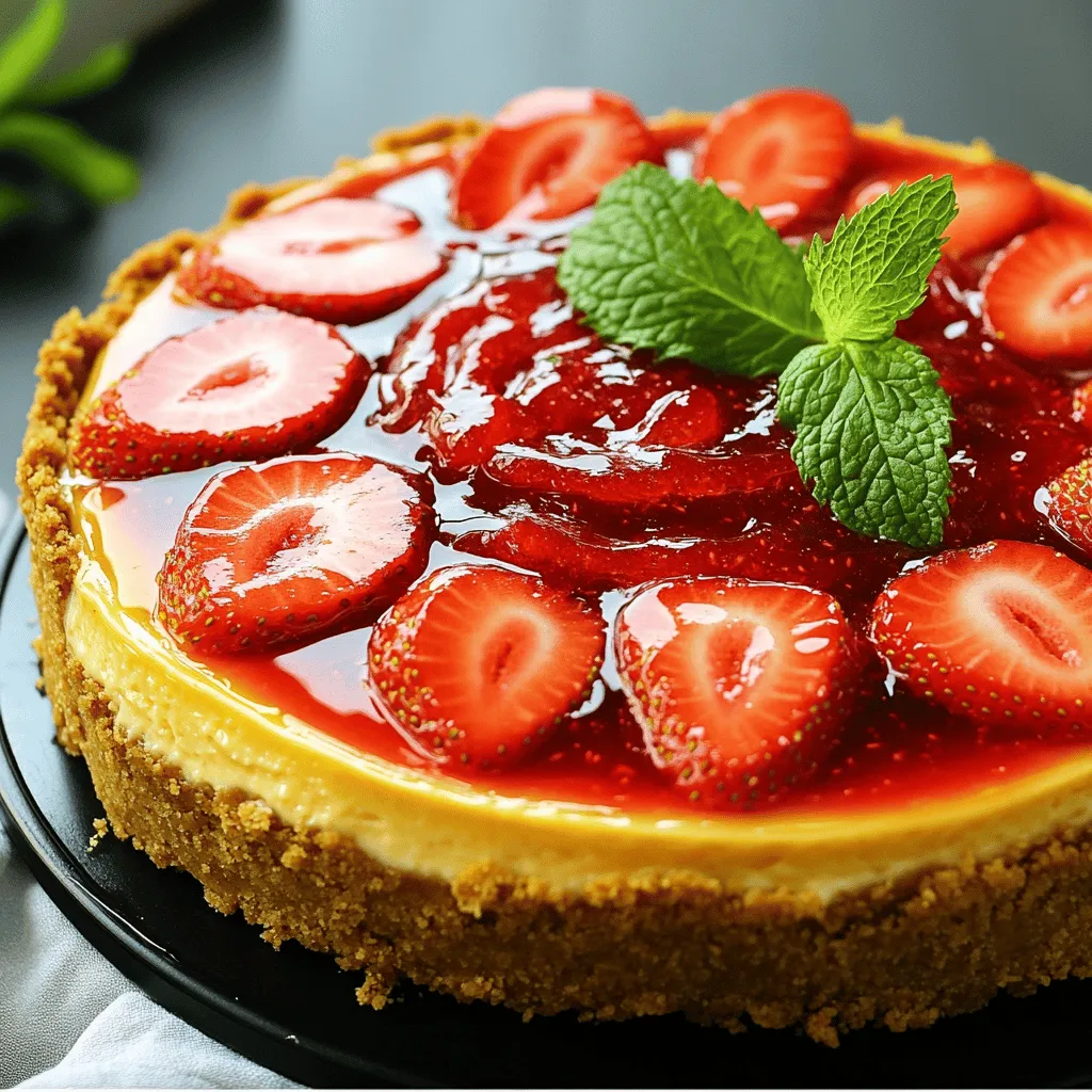 Here are the tasty ingredients you need for Strawberry Crunch Cheesecake: - 1 ½ cups graham cracker crumbs - ½ cup unsalted butter, melted - 1/3 cup granulated sugar - 2 cups cream cheese, softened - 1 cup powdered sugar - 1 teaspoon vanilla extract - 1 cup heavy whipping cream - 1 cup fresh strawberries, sliced - 1 cup strawberry jam - Optional: fresh mint leaves for garnish These ingredients create a rich and creamy cheesecake with a delightful crunch. The graham cracker crumbs form a tasty crust that holds everything together. Cream cheese makes it smooth and creamy, while fresh strawberries add a burst of flavor. You can use strawberry jam to swirl into the top for a pretty finish. Be sure to have everything ready before you start. This will help the process go smoothly. You can find the full recipe to guide you through each step. Enjoy making this dessert! Preheat your oven to 325°F (163°C). This step is key for a great crust. In a bowl, combine the graham cracker crumbs, melted butter, and granulated sugar. Mix until it looks even. Now, press this mixture into a springform pan. Make sure it’s tight and flat. Bake for 10 minutes, then let it cool completely. In a large bowl, beat the softened cream cheese with an electric mixer. Add powdered sugar and vanilla extract slowly. Beat until it is smooth and creamy. In another bowl, whip the heavy cream until it forms stiff peaks. Gently fold this whipped cream into the cream cheese mixture. Be careful, as you don’t want to lose air. Pour half of the cream cheese mixture over the cooled crust. Spread it evenly. Next, add a layer of fresh strawberry slices. Top with the remaining cream cheese mixture and smooth the top with a spatula. Drop spoonfuls of strawberry jam on top of the cheesecake. Use a toothpick to swirl it gently into the cheesecake. This creates a beautiful marbled effect. Cover the springform pan with plastic wrap. Refrigerate for at least 4 hours or overnight. This time helps the cheesecake set well. Once set, carefully remove the sides of the springform pan. Slice the cheesecake and serve it topped with extra sliced strawberries and mint leaves. Enjoy this delightful treat! For more details, check the Full Recipe. To get a smooth cheesecake, use room temperature ingredients. Cold cream cheese is hard to mix. Let it sit out for about 30 minutes before you start. It will blend easier and create a creamy texture. When you whip the cream, stop mixing once you see stiff peaks. Over-mixing can turn it grainy. Gently fold the whipped cream into the cream cheese mixture with a spatula. This keeps the lightness you want in your cheesecake. Presentation matters! Serve your cheesecake slices on pretty plates. Drizzle some extra strawberry jam around each slice. You can also add fresh strawberry slices on top for color. Pair your cheesecake with a nice drink. A sweet iced tea or a light sparkling water works well. They balance the sweetness of the cheesecake and refresh your palate. If your cheesecake cracks, don’t worry! You can cover it with whipped cream or fresh strawberries. This adds beauty and flavor to your dessert. Make sure to chill your cheesecake long enough. It needs at least 4 hours in the fridge. For best results, chill it overnight. A well-set cheesecake is key for easy slicing. {{image_2}} You can change the flavor of your cheesecake easily. Instead of strawberries, try other fruits like blueberries, raspberries, or peaches. Each fruit adds its own charm. If you crave chocolate, make a chocolate strawberry crunch cheesecake. Just add cocoa powder to the cream cheese mixture. It gives a rich twist that chocolate lovers will enjoy. If you need a gluten-free option, use almond flour instead of graham cracker crumbs. Mix it with melted butter and sugar for the crust. This crust tastes great and is perfect for gluten-free diets. For vegan swaps, use dairy-free cream cheese and coconut cream to replace the heavy cream. Your cheesecake will still be creamy and delicious. Mini cheesecakes are fun and easy to serve. Use a muffin tin to make small portions. These are perfect for parties or easy sharing. If you prefer a quicker method, try a no-bake version of the cheesecake. Skip the oven, chill it, and enjoy a lighter dessert that's still full of flavor. For the full recipe, check out the link above. To keep your Strawberry Crunch Cheesecake fresh, store it in the fridge. Place the cheesecake in an airtight container. If you don’t have one, cover it tightly with plastic wrap. This keeps moisture out and prevents it from absorbing other smells. You can store it like this for about 3 to 5 days. After that, the flavor and texture may start to fade. If you want to save some cheesecake for later, freezing is a great option. First, let the cheesecake cool completely. Then, wrap it tightly in plastic wrap. After that, place it in a freezer-safe container or a heavy-duty freezer bag. This helps to keep the cheesecake smooth and tasty. You can freeze it for up to 2 months. When you're ready to enjoy it again, move the cheesecake to the fridge to thaw overnight. Avoid thawing it at room temperature to maintain its texture. Once it's thawed, you can slice and serve it. Enjoy it just like fresh! For the full recipe, check the previous sections for all the details. Yes, you can make this cheesecake one day in advance. This gives it time to chill and set well. It tastes even better the next day. Just keep it covered in the fridge. Look for these signs: the edges will be firm, but the center will have a slight jiggle. If it looks too soft in the middle, it needs more chilling time. Remember, it will firm up as it cools. Yes, frozen strawberries work too. Just thaw them first and drain any extra juice. This prevents your cheesecake from becoming too watery. Frozen strawberries may not be as firm, but they still taste great. You can use half-and-half or milk for a lighter version. Coconut cream is a great dairy-free option. These alternatives will change the texture slightly but still create a delicious cheesecake. You can find this cheesecake at local bakeries or specialty dessert shops. Some grocery stores may also carry it in the frozen section. Check delivery apps too for local options. For the complete recipe, check out the [Full Recipe]. This blog post covered how to make a delicious Strawberry Crunch Cheesecake. We went through each step, from making the crust to chilling and serving. With tips for texture and options for variations, you can customize your cheesecake to fit your tastes. Storing and freezing advice ensures your dessert stays fresh. Remember, the joy of making this cheesecake lies in personalizing it for your friends and family. Dive into this recipe and enjoy every bite!