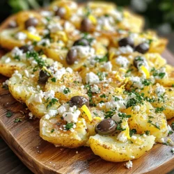 - 2 pounds baby potatoes - 4 tablespoons olive oil - 2 teaspoons dried oregano - 1 teaspoon garlic powder - Salt and pepper to taste - 1 cup crumbled feta cheese - 1/2 cup kalamata olives, pitted and sliced - 1/4 cup fresh parsley, chopped - Zest of 1 lemon - Juice of 1 lemon To make great smashed Greek potatoes, you need the best ingredients. Start with baby potatoes. Look for smooth, firm potatoes without any dark spots. They should feel heavy for their size. This shows they are fresh and full of moisture. When it comes to feta cheese, opt for authentic Greek feta. It has a creamy texture and a rich flavor. Check the label for sheep's milk or a mix of sheep and goat's milk. This will give you the best taste for your dish. You can make this dish even better with some extra herbs. Try adding fresh dill or mint for a twist. These herbs pair well with the feta and olives. For toppings, consider adding roasted red peppers or sun-dried tomatoes. They bring more color and flavor to the dish. Feel free to get creative with what you have on hand! For the full recipe, check out the instructions provided above. Preparing the Potatoes Start by washing 2 pounds of baby potatoes. Place them in a large pot and cover with water. Add a good pinch of salt to the water. Bring it to a boil. Cook for about 15 to 20 minutes. The potatoes should be fork-tender. Once cooked, drain them and let them cool for a bit. Making the Smashing Mixture While the potatoes cool, grab a small bowl. Mix 4 tablespoons of olive oil, 2 teaspoons of dried oregano, 1 teaspoon of garlic powder, salt, and pepper. This mixture adds a lot of flavor to the potatoes. Preheating the Oven Preheat your oven to 425°F (220°C). This temperature helps achieve crispy, golden edges on the potatoes. Proper Smashing Technique Once the potatoes are cool enough to handle, place them on a lined baking sheet. Use the bottom of a cup or a fork to gently smash each potato. Flatten them but keep them intact. This allows the edges to crisp up nicely while baking. Adding Feta and Olives After baking for about 25 to 30 minutes, take the potatoes out of the oven. Sprinkle 1 cup of crumbled feta cheese and 1/2 cup of sliced kalamata olives over the tops. Return them to the oven for an extra 5 to 7 minutes to warm the cheese. Drizzling Lemon Juice Once the potatoes are out of the oven, drizzle fresh lemon juice over them. Add some lemon zest and chopped parsley as well. This will give the dish a bright, fresh taste. For the full recipe, check the earlier section. To ensure even cooking, start with uniform baby potatoes. This helps them cook at the same rate. Boil them until fork-tender, which usually takes 15 to 20 minutes. After boiling, let them cool slightly before smashing. This keeps them from falling apart. For perfect crispiness, brush the smashed potatoes with olive oil. Bake them at 425°F until golden, about 25 to 30 minutes. Smashed Greek potatoes pair well with grilled chicken or fish for a full meal. They also match nicely with a fresh Greek salad, adding a nice balance. For beverages, try a crisp white wine like Sauvignon Blanc. Alternatively, serve with sparkling water, which brightens the meal. For creative plating, use a large platter to showcase the potatoes. Arrange them in a circle for a fun look. Garnishing is key! Sprinkle chopped parsley and lemon zest on top for color and flavor. Add lemon wedges around the platter for extra flair. This will invite your guests to dive in and enjoy! {{image_2}} You can change the cheese to make this dish your own. Try using goat cheese or ricotta for a different taste. Each cheese brings its own flavor and creaminess. You can also swap baby potatoes for sweet potatoes for a sweeter, healthier option. The cooking method stays the same, but the taste will be unique. For a vegan version, replace feta cheese with a plant-based cheese. Nutritional yeast can also add a cheesy flavor without dairy. If you need gluten-free options, this recipe is naturally gluten-free! Just ensure that any additional toppings are also gluten-free, like olives and spices. Add local spices to give your potatoes a new flavor. For example, try adding smoked paprika for a bit of warmth. You can also use seasonal ingredients like roasted garlic or fresh herbs. These small changes can make the dish fit any time of year or occasion. For the full recipe, check out the detailed instructions provided above. To keep your smashed Greek potatoes fresh, store them in an airtight container. Place them in the fridge. They taste best within three to four days. Avoid stacking them too high, as this can cause them to become mushy. For reheating, use the oven for the best results. Preheat it to 350°F (175°C). Place the potatoes on a baking sheet. Heat them for about 10 to 15 minutes, until warm and crisp again. You can also use a microwave, but they may lose some crispiness. If you want to save some for later, you can freeze your smashed potatoes. First, let them cool completely. Then, place them in a single layer on a baking sheet. Freeze them for about two hours until firm. After that, transfer them to a freezer bag or airtight container. To thaw and reheat, take them out of the freezer and let them sit in the fridge overnight. Reheat them in the oven at 350°F (175°C) for about 15 to 20 minutes. This method helps keep them crispy. You can keep smashed Greek potatoes in the fridge for about three to four days. If stored properly, they last for up to three months in the freezer. Watch for signs of spoilage. If you see mold or an off smell, it's best to discard them. Freshness is key to enjoying their delicious taste. Can I use other potatoes for this recipe? Yes, you can use other types of potatoes. I like baby potatoes for their creaminess. However, russet or Yukon gold potatoes work well too. Just keep in mind that cooking times may vary. How do I know when the potatoes are done? The potatoes are done when they are fork-tender. You should be able to easily pierce them. This usually takes about 15-20 minutes boiling. What if I don’t have feta cheese? If you don't have feta, try using goat cheese or ricotta. Both will give you a nice creaminess. Shredded mozzarella can also work in a pinch. Can I make this recipe ahead of time? Yes, you can prep the potatoes ahead. Boil and smash them, then keep them in the fridge. Bake them just before serving for the best taste. What are the best garnishes for smashed potatoes? I love adding fresh parsley and lemon zest. You can also sprinkle some extra feta on top. Chopped green onions or fresh dill can elevate the dish as well. How should I serve them for a dinner party? Serve your smashed potatoes on a large platter. This makes it easy for guests to help themselves. Add lemon wedges for a bright touch and invite everyone to dig in. For more details, check the Full Recipe. This blog post covered a tasty recipe for smashed baby potatoes. We looked at the ingredients, preparation steps, and how to make them delicious and crispy. Remember to choose quality potatoes and feta for the best taste. You can personalize the dish with herbs or toppings you love. Finally, storing tips ensure you enjoy leftovers at their best. I hope you give this recipe a try and enjoy every bite!