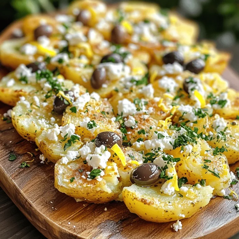 - 2 pounds baby potatoes - 4 tablespoons olive oil - 2 teaspoons dried oregano - 1 teaspoon garlic powder - Salt and pepper to taste - 1 cup crumbled feta cheese - 1/2 cup kalamata olives, pitted and sliced - 1/4 cup fresh parsley, chopped - Zest of 1 lemon - Juice of 1 lemon To make great smashed Greek potatoes, you need the best ingredients. Start with baby potatoes. Look for smooth, firm potatoes without any dark spots. They should feel heavy for their size. This shows they are fresh and full of moisture. When it comes to feta cheese, opt for authentic Greek feta. It has a creamy texture and a rich flavor. Check the label for sheep's milk or a mix of sheep and goat's milk. This will give you the best taste for your dish. You can make this dish even better with some extra herbs. Try adding fresh dill or mint for a twist. These herbs pair well with the feta and olives. For toppings, consider adding roasted red peppers or sun-dried tomatoes. They bring more color and flavor to the dish. Feel free to get creative with what you have on hand! For the full recipe, check out the instructions provided above. Preparing the Potatoes Start by washing 2 pounds of baby potatoes. Place them in a large pot and cover with water. Add a good pinch of salt to the water. Bring it to a boil. Cook for about 15 to 20 minutes. The potatoes should be fork-tender. Once cooked, drain them and let them cool for a bit. Making the Smashing Mixture While the potatoes cool, grab a small bowl. Mix 4 tablespoons of olive oil, 2 teaspoons of dried oregano, 1 teaspoon of garlic powder, salt, and pepper. This mixture adds a lot of flavor to the potatoes. Preheating the Oven Preheat your oven to 425°F (220°C). This temperature helps achieve crispy, golden edges on the potatoes. Proper Smashing Technique Once the potatoes are cool enough to handle, place them on a lined baking sheet. Use the bottom of a cup or a fork to gently smash each potato. Flatten them but keep them intact. This allows the edges to crisp up nicely while baking. Adding Feta and Olives After baking for about 25 to 30 minutes, take the potatoes out of the oven. Sprinkle 1 cup of crumbled feta cheese and 1/2 cup of sliced kalamata olives over the tops. Return them to the oven for an extra 5 to 7 minutes to warm the cheese. Drizzling Lemon Juice Once the potatoes are out of the oven, drizzle fresh lemon juice over them. Add some lemon zest and chopped parsley as well. This will give the dish a bright, fresh taste. For the full recipe, check the earlier section. To ensure even cooking, start with uniform baby potatoes. This helps them cook at the same rate. Boil them until fork-tender, which usually takes 15 to 20 minutes. After boiling, let them cool slightly before smashing. This keeps them from falling apart. For perfect crispiness, brush the smashed potatoes with olive oil. Bake them at 425°F until golden, about 25 to 30 minutes. Smashed Greek potatoes pair well with grilled chicken or fish for a full meal. They also match nicely with a fresh Greek salad, adding a nice balance. For beverages, try a crisp white wine like Sauvignon Blanc. Alternatively, serve with sparkling water, which brightens the meal. For creative plating, use a large platter to showcase the potatoes. Arrange them in a circle for a fun look. Garnishing is key! Sprinkle chopped parsley and lemon zest on top for color and flavor. Add lemon wedges around the platter for extra flair. This will invite your guests to dive in and enjoy! {{image_2}} You can change the cheese to make this dish your own. Try using goat cheese or ricotta for a different taste. Each cheese brings its own flavor and creaminess. You can also swap baby potatoes for sweet potatoes for a sweeter, healthier option. The cooking method stays the same, but the taste will be unique. For a vegan version, replace feta cheese with a plant-based cheese. Nutritional yeast can also add a cheesy flavor without dairy. If you need gluten-free options, this recipe is naturally gluten-free! Just ensure that any additional toppings are also gluten-free, like olives and spices. Add local spices to give your potatoes a new flavor. For example, try adding smoked paprika for a bit of warmth. You can also use seasonal ingredients like roasted garlic or fresh herbs. These small changes can make the dish fit any time of year or occasion. For the full recipe, check out the detailed instructions provided above. To keep your smashed Greek potatoes fresh, store them in an airtight container. Place them in the fridge. They taste best within three to four days. Avoid stacking them too high, as this can cause them to become mushy. For reheating, use the oven for the best results. Preheat it to 350°F (175°C). Place the potatoes on a baking sheet. Heat them for about 10 to 15 minutes, until warm and crisp again. You can also use a microwave, but they may lose some crispiness. If you want to save some for later, you can freeze your smashed potatoes. First, let them cool completely. Then, place them in a single layer on a baking sheet. Freeze them for about two hours until firm. After that, transfer them to a freezer bag or airtight container. To thaw and reheat, take them out of the freezer and let them sit in the fridge overnight. Reheat them in the oven at 350°F (175°C) for about 15 to 20 minutes. This method helps keep them crispy. You can keep smashed Greek potatoes in the fridge for about three to four days. If stored properly, they last for up to three months in the freezer. Watch for signs of spoilage. If you see mold or an off smell, it's best to discard them. Freshness is key to enjoying their delicious taste. Can I use other potatoes for this recipe? Yes, you can use other types of potatoes. I like baby potatoes for their creaminess. However, russet or Yukon gold potatoes work well too. Just keep in mind that cooking times may vary. How do I know when the potatoes are done? The potatoes are done when they are fork-tender. You should be able to easily pierce them. This usually takes about 15-20 minutes boiling. What if I don’t have feta cheese? If you don't have feta, try using goat cheese or ricotta. Both will give you a nice creaminess. Shredded mozzarella can also work in a pinch. Can I make this recipe ahead of time? Yes, you can prep the potatoes ahead. Boil and smash them, then keep them in the fridge. Bake them just before serving for the best taste. What are the best garnishes for smashed potatoes? I love adding fresh parsley and lemon zest. You can also sprinkle some extra feta on top. Chopped green onions or fresh dill can elevate the dish as well. How should I serve them for a dinner party? Serve your smashed potatoes on a large platter. This makes it easy for guests to help themselves. Add lemon wedges for a bright touch and invite everyone to dig in. For more details, check the Full Recipe. This blog post covered a tasty recipe for smashed baby potatoes. We looked at the ingredients, preparation steps, and how to make them delicious and crispy. Remember to choose quality potatoes and feta for the best taste. You can personalize the dish with herbs or toppings you love. Finally, storing tips ensure you enjoy leftovers at their best. I hope you give this recipe a try and enjoy every bite!