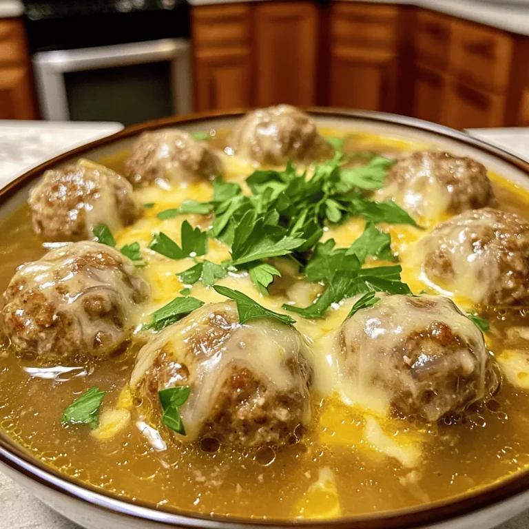 The heart of any great dish is its ingredients. For French Onion Meatballs, we focus on fresh, simple items that pack a lot of flavor. - Ground beef - Onion - Olive oil - Garlic - Thyme - Salt - Pepper - Egg - Breadcrumbs - Beef broth - Gruyère cheese - Fresh parsley (optional for garnish) These ingredients come together to create a rich, hearty meal. The ground beef provides a strong base, while the onion and garlic add depth. Olive oil helps sauté the onions, bringing out their sweetness. Thyme gives the dish an earthy note, while salt and pepper enhance all the flavors. The egg and breadcrumbs act as binders, keeping the meatballs together. Gruyère cheese melts into a creamy layer, adding a touch of luxury. Finally, a sprinkle of fresh parsley brightens up the dish, making it look as good as it tastes. For the full recipe to create these delicious meatballs, refer to the section above. These ingredients will guide you through the steps to make a dish that impresses family and friends alike. Enjoy cooking! Start by preheating the oven to 400°F (200°C). This step is key for juicy meatballs. Next, gather your tools. You will need a large bowl, a baking sheet, and a skillet. Line the baking sheet with parchment paper. This makes for easy cleanup later. In your skillet, heat one tablespoon of olive oil over medium heat. Add the finely chopped onion. Cook for about 6-8 minutes. You want the onion to turn translucent and slightly golden. This adds great flavor. Then, add two cloves of minced garlic and one teaspoon of dried thyme. Cook for one more minute until fragrant. Remove from heat and let it cool for a bit. In a large bowl, combine one pound of ground beef, the cooled onion and garlic mix, one teaspoon of salt, and ½ teaspoon of black pepper. Add one beaten egg and ¾ cup of breadcrumbs. Mix everything gently with your hands. Be careful not to overmix; you want tender meatballs. Now, roll the mixture into balls about 1 to 1.5 inches in size. Place them on the prepared baking sheet. Bake the meatballs in your preheated oven for about 20 minutes. They should be cooked through and golden brown. While they bake, pour one cup of beef broth into a saucepan and bring it to a simmer. After the meatballs are done, add them to the simmering broth for about 5 minutes. This step makes them extra tasty. Finally, sprinkle one cup of grated Gruyère cheese on top of the meatballs in the pan. Let it melt for 2-3 minutes. Now, they are ready to serve! For the full recipe, check out the [Full Recipe]. To make tender meatballs, mix your ingredients well but don’t overdo it. Overmixing makes them tough. Use the right proportions too. Aim for 1 pound of ground beef for this recipe. Always add breadcrumbs and egg to bind everything together. This mix keeps the meatballs juicy. If you want to add moisture, consider using sautéed onions, as they bring flavor and softness. Spices and herbs can boost taste. I like to stick with thyme in this dish. It pairs well with beef and onion. You can also add a pinch of paprika or cayenne for a little kick. Fresh herbs like parsley also add a nice touch. Consider mixing in some Worcestershire sauce for depth. Just a tablespoon can change the flavor game. For sides, try serving with crusty bread or mashed potatoes. Both soak up the rich broth well. You can also pair with a fresh salad for a light touch. Presentation matters, so place the meatballs in a shallow bowl. Pour some broth over them and sprinkle with fresh parsley. This makes your dish look inviting and delicious. Want to elevate it further? Serve with a side of Gruyère cheese for extra flavor. For the full recipe, check it out [Full Recipe]. {{image_2}} You can swap ground beef for other proteins. Ground turkey or chicken works well. If you're looking for a lighter option, try using lean ground turkey. For a unique twist, use ground lamb for a rich flavor. If you prefer plant-based meals, try using lentils or chickpeas. Just make sure to mash them well before mixing. Each protein will change the taste, but they all pair well with the onion and cheese. While Gruyère cheese is classic, you can use other cheeses too. Swiss cheese has a mild flavor and melts well. If you want a stronger taste, try sharp cheddar. For a creamy texture, use mozzarella. You can even mix cheeses for extra flavor. Just keep in mind, the cheese should melt nicely over the meatballs to create that delicious topping. Experiment with different broths or sauces to change the flavor. You can use chicken broth for a lighter option. Vegetable broth is great for a plant-based dish. If you want a kick, try adding a splash of wine or Worcestershire sauce to your broth. For a richer taste, use beef broth with added herbs like rosemary or bay leaves. Each choice adds its own twist to these hearty meatballs. For the full recipe of French Onion Meatballs, check out the details above. To keep your French onion meatballs fresh, store them correctly. Place the cooled meatballs in an airtight container. You can refrigerate them for up to three days. If you want to keep them longer, freeze the meatballs. Use a freezer-safe bag or container for this. They can last up to three months in the freezer. Just remember to label the container with the date. Reheating meatballs is easy. You can use a microwave or oven. For the microwave, put the meatballs in a safe dish with a little broth. Heat them in short bursts, checking often. For the oven, preheat it to 350°F (175°C). Place the meatballs in a baking dish with some broth. Cover with foil and heat for about 15 minutes. This keeps the meatballs juicy and full of flavor. Planning ahead makes cooking easier. You can prepare the meatball mixture a day before. Store it in the fridge, covered. When ready to cook, shape the meatballs and bake them. You can also freeze the raw meatballs. Just roll them and place on a baking sheet. Freeze until solid, then transfer to a bag. When you want to eat them, bake from frozen; just add a few more minutes to the cooking time. For the full recipe, check out the detailed steps above. Yes, you can use turkey or chicken instead of beef. They work well in this recipe. Ground turkey gives a lighter taste, while chicken adds a nice flavor. You can also try plant-based meats. These options can make the dish healthier and still tasty. To make gluten-free meatballs, swap regular breadcrumbs for gluten-free ones. You can also use crushed gluten-free crackers or oats. Check your other ingredients too. Some sauces and broths may also contain gluten, so read labels carefully. Serve these meatballs with creamy mashed potatoes or crusty bread. They also pair well with a fresh salad or steamed veggies. For a cozy touch, try serving them over pasta or rice. These sides enhance the hearty flavor of the meatballs and make a complete meal. You now have a complete guide to making tasty meatballs. We covered all the main steps, starting with choosing the right ingredients and preparing them properly. I showed you how to sauté onions, mix the meat, and bake the meatballs to perfection. Plus, I shared tips for flavor boosts and varying your recipe. Remember to store your leftovers wisely and feel free to experiment with different proteins or sauces. With these steps, you can cook meatballs that everyone will love. Happy cooking!
