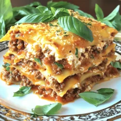 Creating Million Dollar Lasagna is simple once you gather the right ingredients. Here’s what you need: - 12 lasagna noodles - 1 pound ground beef - 1 pound Italian sausage, casings removed - 2 cups ricotta cheese - 2 cups mozzarella cheese, shredded - 1 cup Parmesan cheese, grated - 1 large egg - 3 cups marinara sauce (store-bought or homemade) - 2 teaspoons Italian seasoning - 1 teaspoon garlic powder - Salt and pepper to taste - Fresh basil leaves for garnish The lasagna noodles serve as the base. You can use either fresh or dried noodles. I prefer the dried ones as they hold their shape well. For meat, I use ground beef and Italian sausage. This mix gives a rich, hearty taste. If you want a lighter option, you can use turkey. Cheese is key in lasagna. I love using ricotta for creaminess, mozzarella for meltiness, and Parmesan for flavor. The blend makes each bite delicious. Marinara sauce can be store-bought for convenience or homemade for freshness. I often make my own. It’s easy and tastes better! Seasonings like Italian seasoning and garlic powder add depth to the sauce. Always taste and adjust salt and pepper. Lastly, fresh basil leaves brighten the dish. They add a pop of color and flavor when you serve it. You can check the [Full Recipe] for more details on how to cook this amazing dish! First, preheat your oven to 375°F (190°C). This step is key for even baking. While the oven heats, boil a large pot of salted water. Cook the lasagna noodles until they are al dente. This means they should still have a bit of bite. Drain the noodles and set them aside. Next, grab a large skillet and heat it over medium. Add the ground beef and Italian sausage. Cook until browned, breaking up the meat with a spoon. Once browned, drain any fat from the skillet. Now, add your marinara sauce, garlic powder, Italian seasoning, salt, and pepper. Stir it well to mix all the flavors. Let this simmer for about 10 minutes. This makes the sauce rich and tasty. In a bowl, combine the ricotta cheese, egg, half of the grated Parmesan, salt, and pepper. Mix it until smooth. This mixture adds creaminess to the lasagna. Now it’s time to build the layers. Start by spreading a layer of your meat sauce in a 9x13 inch baking dish. Place three lasagna noodles on top of the sauce. Next, spread one-third of the ricotta mixture over those noodles. Follow with a layer of mozzarella cheese. Repeat these layers two more times. For the top layer, use noodles, the remaining meat sauce, and finish with the rest of the mozzarella and Parmesan. Cover the dish with aluminum foil carefully so it does not touch the cheese. Bake for 25 minutes. Then remove the foil and bake for another 15 to 20 minutes. You want the cheese on top to be bubbly and golden. This makes for a delicious finish. Don’t forget to check the [Full Recipe] for precise measurements and times. To make perfect Million Dollar Lasagna, follow these tips: - Prevent noodle sticking: Cook the noodles in salted water. Stir them often while they cook. After draining, rinse them with cold water. This keeps them from sticking together. - Melt cheese well: Use fresh mozzarella for the best melt. Shredding it yourself helps it melt smoothly. Mix mozzarella with a bit of cream cheese for extra creaminess. Great presentation makes your lasagna shine: - Serve beautifully: Slice the lasagna into squares and place them on plates. A sprig of fresh basil on each plate adds color. - Garnish for flair: Sprinkle extra Parmesan on top before serving. A drizzle of olive oil can also enhance the look and flavor. Busy cooks can save time with these tricks: - Use prepped ingredients: Buy pre-cooked meat or jarred marinara sauce. This cuts down on prep time. - Quick-cooking alternatives: Try no-boil lasagna noodles. They save time and still taste great. For the full recipe, check out the detailed instructions above. {{image_2}} For a tasty vegetarian version, swap out the meat. Use hearty vegetables like mushrooms, zucchini, and spinach. These veggies add rich flavors and textures. Sauté them before adding to the layers. This gives a nice depth to the dish. You can still use the same cheese and sauce for great taste. Try adding fresh herbs like basil or oregano for even more flavor. This variation is perfect for anyone wanting a meatless meal. To elevate your Million Dollar Lasagna, think about gourmet ingredients. Truffle oil is a fantastic option. Just a drizzle can add a fancy touch. You can also add fresh spinach or artichokes for a burst of flavor. Another idea is using a mix of gourmet cheeses. A blend of gouda, fontina, or even goat cheese can make your lasagna special. These additions create unique flavor profiles that will impress your guests. If you need gluten-free options, there are many choices. Look for lasagna noodles made from rice or corn. These work well and hold up nicely. You can also make your own noodles using almond flour or chickpea flour. For the sauce, ensure that it is gluten-free. Many store-bought sauces are safe, but always check the label. With these swaps, you can enjoy a delicious lasagna without worrying about gluten. Store your Million Dollar Lasagna in an airtight container. This keeps the flavors fresh. You can refrigerate it for up to four days. If you want to save it longer, freeze it. Wrap it tightly in plastic wrap and then foil. This way, it can last up to three months in the freezer. To reheat, I suggest using the oven. Preheat it to 350°F (175°C). Place the lasagna in a baking dish. Cover the dish with foil to keep it moist. Heat for about 30 minutes. If you want, add a bit of marinara sauce on top. This helps keep the lasagna flavorful and prevents drying out. Million Dollar Lasagna can last up to four days in the fridge. If frozen, it can stay good for three months. Just remember to check for signs of freezer burn if frozen for a long time. Always trust your senses; if it smells or looks off, it's best to toss it. Million Dollar Lasagna stands out due to its special ingredients and cooking style. I use both ground beef and Italian sausage for a rich flavor. The blend of cheeses, including ricotta, mozzarella, and Parmesan, gives it a creamy texture. I also add Italian seasoning and garlic powder for extra taste. This lasagna is hearty and satisfying, making it a crowd favorite. Yes, you can prepare Million Dollar Lasagna ahead of time. First, cook the noodles and meat sauce as usual. Then, layer everything in your baking dish. Cover it with plastic wrap and store it in the fridge for up to 24 hours. When ready to bake, remove the wrap and cover with foil. Bake as usual, adding extra time if it's cold from the fridge. Customizing Million Dollar Lasagna is easy! You can swap the ground beef for turkey or chicken. Use spinach or mushrooms to add more veggies. If you like spicy food, try adding crushed red pepper flakes to the sauce. You can also change the cheese blend; use feta or goat cheese for a different flavor. I love pairing Million Dollar Lasagna with a fresh salad. A simple Caesar salad or a mixed green salad works well. Garlic bread is another great side. The crispy bread complements the soft lasagna nicely. You can even serve it with a side of roasted vegetables for added nutrition. Million Dollar Lasagna combines simple ingredients and steps for a rich dish. You start with quality noodles, meats, cheeses, and sauces. The assembly is key, layering flavors carefully. Expert tips enhance texture and presentation, making each slice a delight. Plus, options for vegetarians and the gluten-free make this dish accessible. With a bit of prep, you can enjoy delicious leftovers too. Transform your meals and impress your guests with this easy recipe. Cooking is all about creativity and fun, so don’t hesitate to make it your own!