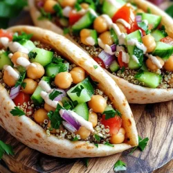 - 4 whole wheat pita breads - 1 cup cooked quinoa - 1 cup chickpeas, drained and rinsed - 1 cup diced cucumber - 1 cup diced tomatoes - ½ cup finely chopped red onion - ½ cup fresh parsley, chopped - 2 tablespoons tahini - 2 tablespoons olive oil - 2 tablespoons lemon juice - 1 teaspoon ground cumin - Salt and pepper to taste - Optional: Sriracha or Harissa for a spicy kick When you gather your ingredients, make sure they are fresh. Fresh herbs and veggies bring bright flavors. Whole wheat pita adds a nutty taste and fiber. Quinoa is a great source of protein. Chickpeas add creaminess and heartiness to your meal. If you can’t find whole wheat pita, try regular pita or even flatbreads. For a vegan option, use a plant-based tahini or homemade dressing. You can also use hummus instead of tahini for a different twist. Using fresh veggies gives you crispness and flavor. Fresh cucumbers and tomatoes make a big difference. They add a refreshing crunch. When choosing canned chickpeas, look for low-sodium options. Quality canned chickpeas can be just as tasty as fresh. Rinsing them helps reduce excess salt. To prepare quinoa, rinse it under cold water. Then, cook it in two cups of water. Bring the water to a boil, then reduce heat and let it simmer for about 15 minutes. When done, fluff it with a fork. For chickpeas, if you use canned ones, drain and rinse them well. This helps remove excess salt and preservatives. Next, you need to cut your vegetables properly. Dice the cucumber and tomatoes into small, even pieces. This helps them mix well with the other ingredients. Finely chop the red onion and parsley. This adds freshness and flavor to your filling. Grab a large mixing bowl. Combine the cooked quinoa, chickpeas, cucumber, tomatoes, red onion, and parsley. Mix well until everything is evenly distributed. This ensures every bite is packed with flavor. Now, let's prepare the tahini dressing. In a small bowl, whisk together tahini, olive oil, lemon juice, ground cumin, salt, and pepper. Mix until smooth and creamy. You can adjust the seasoning to your taste. This dressing adds a nutty flavor and ties everything together. Warm the pita breads in a dry skillet over medium heat. Heat them for about 1-2 minutes on each side. This makes the pita soft and easy to fill. Next, carefully open each pita from one side to create a pocket. Stuff each pita generously with the quinoa and chickpea mixture. Be careful not to overfill, as this can cause the pita to tear. To keep pitas intact, hold the pita with one hand while filling it. Use the other hand to gently push the filling inside. If you want, drizzle some Sriracha or Harissa for a spicy kick. Enjoy your Middle Eastern stuffed pitas! You can find the full recipe above for more details. To make your filling pop, balance flavors with spices. Start with cumin for warmth. Add salt and pepper to enhance the taste. You can also try paprika or coriander for a twist. Each spice adds a new layer of flavor. To get the right texture, use firm vegetables. Diced cucumbers and tomatoes add crunch. Mixing in cooked quinoa and chickpeas gives protein and fiber. You want a filling that’s not too soggy. A dryer mix holds up better in the pita. Warming pita without drying it out is key. Heat a dry skillet on medium-low. Place each pita in the skillet for one to two minutes. Flip it to warm both sides. This keeps the pita soft and pliable. For an alternative, wrap the pita in foil. Place it in a warm oven for a few minutes. You can also use a microwave. Just wrap it in a damp paper towel. Heat for about 15 seconds for best results. Plating can make your meal shine. Start with a clean white plate to show off colors. Place the stuffed pita on the plate. You can cut it in half for a better view. Garnishes like fresh parsley or lemon wedges enhance flavor. A drizzle of tahini on top adds a nice touch. You can also sprinkle some chili flakes for heat. This makes your dish not just tasty, but beautiful too. {{image_2}} You can fill your pita with many flavors. Think about different proteins. Chicken is a great choice. You can season it with spices like cumin and paprika. Lamb also works well, offering a rich taste. If you want a lighter option, consider shrimp or fish. For those who prefer plants, there are many vegetarian and vegan options. Try adding lentils or black beans for protein. Grilled vegetables also make a tasty filling. You can use mushrooms or eggplant for a hearty bite. Mix in spices to enhance the flavors. Adding extra ingredients can change the whole dish. Olives are a great choice. They add a salty punch. Feta cheese can give a creamy texture and tangy taste. Avocado adds smoothness and healthy fats. If you want some heat, consider mixing in Sriracha or Harissa. These sauces add a spicy kick. For a tangy twist, drizzle some extra lemon juice on top. You can also add fresh herbs like mint for a refreshing flavor. Not all pita is the same. You can explore different types for your meal. If you need gluten-free options, look for gluten-free pita bread. Many brands offer this choice now. Traditional pita has a soft texture, but modern pita can be thicker. You might find whole grain or even flavored pita. Try garlic or herb varieties for an extra layer of taste. Each type of pita can change how your stuffed meal feels and tastes. To keep your filled pitas fresh, wrap them tightly in plastic wrap or foil. Place them in an airtight container. This helps prevent the pita from getting soggy. When you refrigerate, the pitas stay good for about three days. When you want to reheat, use a dry skillet over medium heat. This method warms the pita well without making it tough. You can also microwave it for about 10 seconds. Just make sure to wrap it in a damp paper towel to keep it soft. If you want to freeze unstuffed pitas, stack them with parchment paper in between each one. Place them in a freezer bag or container. They can last about three months in the freezer. For already stuffed pitas, wrap each one in plastic wrap. Then, put them in a freezer-safe bag. Make sure to remove as much air as possible. They should be good for about two months. To understand how long your ingredients last, here's a quick guide: - Whole Wheat Pita: 1-2 weeks if unopened, 3-5 days after opening. - Cooked Quinoa: 4-7 days in the fridge. - Chickpeas: 3-5 days for cooked; canned can last for years if unopened. - Fresh Veggies: Most last about a week, but cucumbers might go bad sooner. For best practices, store your ingredients in a cool, dry place. Check expiration dates on canned items. Always use fresh veggies for the best flavor in your stuffed pitas. For the full recipe, check the section above. Yes, you can prepare the filling ahead of time. This makes meal prep easier. Store the filling in an airtight container. It can stay fresh in the fridge for up to three days. To keep it tasty, add the dressing just before serving. This keeps everything crisp and flavorful. You will know the pita is warmed when it feels soft and pliable. It should not be hard or crunchy. If you see small steam bubbles forming, that’s a good sign! Overcooking will make the pita dry and tough. Aim for 1-2 minutes on each side in a skillet. Serve your stuffed pitas with popular sides like hummus or tabbouleh. These add flavor and freshness. You can also enjoy them with a simple salad. In many cultures, sharing food is a big part of the experience. Stuffed pitas are often served at gatherings and celebrations. This makes them a great meal for friends and family. For the full recipe, check out the details above! This article covers how to create tasty stuffed pitas using easy, healthy ingredients. You learned about the needed items, preparation steps, and how to make variations. I also shared tips for storing leftovers and keeping pitas fresh. Remember, experimenting with flavors can make your meal shine. Enjoy your cooking, and don’t hesitate to try new combinations. Your creative choices can lead to delicious meals. Now, it’s your turn to make these pitas a hit in your kitchen!