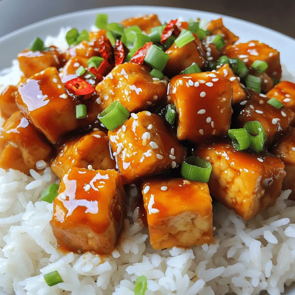 To make General Tso's Tofu, you need key ingredients. Here’s what you must gather: - 1 block (14 oz) firm tofu, pressed and cut into cubes - 1/2 cup cornstarch - 1/4 cup vegetable oil (for frying) - 2 tablespoons soy sauce - 2 tablespoons hoisin sauce - 2 tablespoons rice vinegar - 1 tablespoon sesame oil - 1 tablespoon sugar - 2 cloves garlic, minced - 1 tablespoon ginger, minced - 2-3 dried red chilies (adjust for spice level) - 1/2 cup green onions, sliced (for garnish) - Cooked white rice or brown rice (for serving) These ingredients make a well-balanced dish. The tofu gives protein, while sauces add rich flavors. You can add items to boost taste and texture. Here are some options: - Bell peppers, sliced - Broccoli florets - Cashews or peanuts, for crunch - Fresh basil or cilantro, for freshness These extras can create a more colorful and exciting meal. Feel free to mix and match based on what you have. To round out your meal, consider these sides: - Steamed or stir-fried vegetables - A simple cucumber salad - Sesame or spring rolls Pairing these items with General Tso's Tofu makes for a full, satisfying dinner. Each side adds a new layer of flavor and texture. For the full recipe, check the section above. To start, you need to press the tofu. Pressing removes extra moisture. Wrap the tofu in a clean kitchen towel. Then, place a heavy object on top. Let it sit for about 20 minutes. This helps the tofu become firmer. Once pressed, cut the tofu into bite-sized cubes. Now, you have the perfect base for your dish. Next, we coat the tofu. Pour cornstarch into a shallow dish. Take each tofu cube and coat it well. Shake off any extra cornstarch. This step is key for a crispy finish. Heat the vegetable oil in a large skillet or wok over medium-high heat. Once hot, carefully add the tofu cubes in batches. Fry them until each side is golden and crispy, about 2 to 3 minutes. Remove the tofu and place it on a paper towel-lined plate. This drains the excess oil and keeps it crispy. Now it’s time for the sauce. In a small bowl, whisk together soy sauce, hoisin sauce, rice vinegar, sesame oil, sugar, minced garlic, and minced ginger. Set this aside. In the same skillet, drain any excess oil if needed. Add the dried red chilies and stir-fry for about 30 seconds. This brings out their flavor. Now pour in your prepared sauce and let it simmer for 1 to 2 minutes. Finally, add the crispy tofu to the skillet. Gently toss to coat each piece in the sauce, cooking for an additional 2 to 3 minutes. Your General Tso's Tofu is now ready to serve! Enjoy it hot over cooked white or brown rice. For the full recipe, check out the complete guide. To get that crunch, focus on pressing the tofu well. Pressed tofu loses moisture, which helps it fry better. Use firm tofu for the best texture. After cutting it, coat the cubes in cornstarch. This creates a golden crust when fried. Make sure the oil is hot before adding the tofu. Fry in small batches to avoid steaming. Each piece should have space to crisp up nicely. One big mistake is not pressing the tofu long enough. If you skip this, the tofu will be soggy. Another mistake is adding too much tofu at once. This lowers the oil's temperature and leads to uneven cooking. Be careful with the sauce. If you add too much too soon, it can make the tofu soggy. Always wait until the tofu is crispy before tossing it in the sauce. Frying gives the best texture for General Tso's Tofu. You can also bake it for a healthier option. If you choose to bake, toss the coated tofu in a bit of oil. Bake it at 400°F for about 25-30 minutes. Flip the cubes halfway to ensure even cooking. Air frying is another great method. It gives a crispy texture with less oil. Try it out and see which method you prefer! For the full recipe, check out [Full Recipe]. {{image_2}} To make a spicy General Tso's Tofu, add more dried red chilies. I suggest using four to six dried chilies for a kick. You can also use fresh chilies if you prefer. Slice them thinly and add them during the stir-fry step. This gives your dish a vibrant color and a fiery taste. Adjust the spice to fit your taste. You can boost the health factor by adding veggies. Try bell peppers, broccoli, or snap peas. These add color and crunch. Simply toss them into the skillet with the tofu for the last few minutes of cooking. This not only enhances the nutrition but also makes your meal more colorful and appealing. Switching up the sauce can create new flavors. Consider using sriracha for heat, or teriyaki sauce for sweetness. You could also try a peanut sauce for a nutty twist. Each sauce brings a different vibe to the dish. Experiment to find your favorite taste. For the full recipe, check out General Tso's Tofu . To store leftovers, let the dish cool first. Place General Tso's tofu in an airtight container. This helps keep it fresh. Store it in the fridge for up to three days. Keep rice in a separate container to avoid sogginess. When you're ready to eat, reheat the tofu for best taste. You can use a skillet or microwave. If using a skillet, add a splash of water to keep it moist. Heat on medium until warm. If using a microwave, cover it to keep the moisture in. Heat in short bursts, stirring in between. You can freeze General Tso's tofu, but it may change texture. First, let it cool completely. Place the tofu in a freezer-safe bag or container. Remove as much air as possible to prevent freezer burn. It can last for up to three months. When you're ready to eat, thaw it in the fridge overnight before reheating. For the full recipe, check out the provided link. You can use tempeh as a great substitute for tofu. Tempeh has a firm texture and absorbs flavors well. You could also try seitan, which has a chewy bite. For a nutty flavor, consider using chickpeas. Just be aware that cooking times may change. Yes, you can make this dish gluten-free. Use gluten-free soy sauce or tamari instead of regular soy sauce. Check labels for other sauces. Most of the ingredients in this recipe are gluten-free, so it’s a simple swap. To lower the spice level, reduce the number of dried red chilies. You can also remove the seeds from the chilies before adding them. If you want even less heat, skip the chilies altogether. Adding a bit more sugar can also balance the heat. This blog post covered how to make General Tso's Tofu step-by-step. You learned about key ingredients, cooking methods, and storing tips. I also shared common mistakes and variations to try. With this easy guide, you can enjoy tasty and crispy General Tso's Tofu at home. Experiment with flavors and have fun! You now have the tools to create a delicious dish that everyone will love.