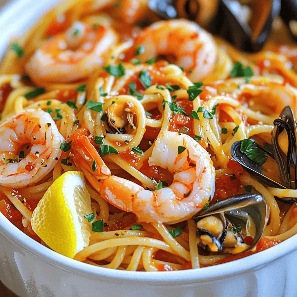 - 8 oz linguine pasta - 1 lb shrimp, peeled and deveined - 1 lb mussels, cleaned and debearded - 3 tablespoons olive oil - 4 cloves garlic, minced - 1 can (14 oz) diced tomatoes, undrained - 1 teaspoon red pepper flakes - 1 cup vegetable broth - 2 tablespoons lemon juice - Zest of 1 lemon - Fresh parsley, salt, and pepper to taste To make a great seafood pasta, you need these core ingredients. Linguine is the perfect pasta for this dish. It holds the sauce well and complements seafood. Fresh shrimp adds a nice touch as it cooks quickly and tastes sweet. Mussels provide a briny flavor that enhances the whole dish. In your pantry, you need olive oil to sauté. Garlic adds a rich aroma and flavor. Diced tomatoes give the dish a base for the sauce. For flavor, red pepper flakes add heat. Vegetable broth keeps the sauce rich and savory. Lemon juice brightens the dish, while lemon zest adds a fresh aroma. Fresh parsley adds color and freshness. Lastly, season with salt and pepper to enhance all the flavors. This recipe is simple yet delicious. You can find the full recipe [here](#). Enjoy making it! - Bring a large pot of salted water to a boil. - Cook linguine according to package instructions and reserve pasta water. - Heat olive oil in a large skillet and sauté garlic. - Add diced tomatoes and vegetable broth; simmer. - Incorporate mussels, cover, and cook until opened. - Add shrimp and cook until pink. - Combine linguine, lemon juice, and reserved pasta water. - Season and toss with parsley. This simple method brings out rich flavors in your seafood pasta with shrimp and mussels. For a full recipe, check out the details above! - Properly clean mussels before cooking. Rinse them under cold water. Remove any beards and scrub the shells well. This step keeps your dish safe and tasty. - Use fresh shrimp for optimal flavor. Look for shrimp that smell like the sea, not fishy. Fresh shrimp enhances the dish and makes it shine. - Tips for cooking linguine al dente. Boil water with salt. Add linguine and cook until firm but tender. Check the package for timing. Al dente pasta holds better in sauce. - How to adjust sauce thickness with pasta water. Reserve a cup of pasta water before draining. Add it to the sauce for moisture and flavor. This tip helps bind the sauce to the pasta. - Ideal garnish options, including parsley and lemon wedges. Fresh parsley adds color and taste. Lemon wedges bring brightness. Sprinkle chopped parsley on top before serving. - Recommended wine pairings for seafood pasta. A crisp white wine, like Sauvignon Blanc, works well. It complements the seafood and balances the dish's richness. Enjoy a glass while you eat! {{image_2}} You can switch up the seafood in this dish. Try adding scallops or squid for a different taste. Both options cook quickly and blend well with the pasta. For a vegetarian take, use mushrooms instead of seafood. Mushrooms add a nice texture and depth of flavor. They soak up the sauce, making each bite satisfying. You can experiment with herbs to change the flavor profile. Try adding fresh basil or thyme for a fresh twist. These herbs can brighten the dish and add a new layer of taste. If you want a creamy sauce, mix in some heavy cream. This rich addition turns your dish into a comforting delight. Don't feel locked into using linguine. You can swap it for fettuccine for a different feel. If you're gluten-free, use a gluten-free pasta option. There are many tasty types available today. Each choice can change the dish's texture and overall experience. Enjoy exploring these variations and find your perfect pasta! To store seafood pasta, let it cool first. Place it in an airtight container. This keeps the dish fresh. It is best to refrigerate it right away. You can store it in the fridge for up to three days. After that, the flavors may fade. When reheating pasta, do it gently. Use medium heat on the stove. Add a splash of water or broth. This helps the pasta stay moist. Stir often to prevent sticking. You can also cover the pan. This keeps the heat in and warms it evenly. Yes, you can freeze seafood pasta! First, let it cool completely. Use a freezer-safe container or bag. Squeeze out as much air as you can. This prevents freezer burn. For best results, consume it within three months. To thaw, move it to the fridge overnight. This keeps the texture nice. You can also use the microwave. Just be careful not to cook it. Reheat it gently on the stove after thawing. Add a splash of broth for flavor and moisture. For the full recipe, check the earlier section. For seafood pasta, I love using shrimp and mussels. They bring bright flavors and great textures. Shrimp cooks quickly, becoming sweet and tender. Mussels add a briny taste that pairs well with pasta. You can also try scallops or clams. Both add depth to your dish. If you want a vegetarian version, use mushrooms for umami flavor. Making seafood pasta is quick! It takes about 10 minutes to prep and 30 minutes to cook. You can have dinner ready in just 40 minutes. This makes it perfect for busy weeknights or special occasions. Just follow the steps closely, and you will have a delicious meal fast. Yes, you can use frozen shrimp and mussels. They work well in this recipe. Just thaw them before cooking. This helps them cook evenly. Frozen seafood is often just as good as fresh. It can save you time and money. Just be sure to drain any excess water when you thaw them. When serving seafood pasta, consider light side dishes. A simple green salad pairs well. It adds freshness to your meal. Garlic bread is another great choice. The crunchy bread complements the pasta. You might also serve a light soup, like minestrone. These options enhance your dining experience without overwhelming the main dish. If you want more ideas, check out the Full Recipe for more sides! This seafood pasta recipe highlights fresh ingredients and simple steps. You learned about key components like shrimp, mussels, and pantry staples. We explored cooking tips to ensure perfect pasta and shared variations for flexibility. Remember, a few tweaks can make your dish unique. Storage and reheating tips also help you enjoy leftovers. Embrace this recipe; it’s easy and delicious. With these methods, you’ll impress family and friends every time. Dive into this tasty dish and discover your new favorite meal.