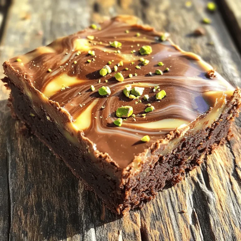 - 1 cup unsalted butter, melted - 1 cup granulated sugar - 1 teaspoon vanilla extract - 3 large eggs - 1 cup all-purpose flour - 1/2 cup cocoa powder - 1 teaspoon baking powder - 1/2 teaspoon salt - 1 cup shredded phyllo pastry (kunafa), lightly toasted - 1/2 cup crushed pistachios - 1 cup sweetened condensed milk - 1/4 cup additional crushed pistachios for topping Using these simple ingredients, you can create a delightful treat. The melted butter adds richness, while sugar brings sweetness. Eggs help bind everything together. Flour and cocoa powder form the base of the brownie. Baking powder makes the brownie rise. Salt enhances all the flavors. Kunafa gives a unique twist to the brownie. It adds texture and a hint of crunch. Crushed pistachios add a nutty flavor and extra crunch to the dessert. Sweetened condensed milk creates a creamy swirl that makes each bite special. If you need alternatives, here are some options: - Butter alternatives: You can use coconut oil or vegetable oil for a dairy-free option. - Sugar substitutes: Try using coconut sugar or honey for a healthier choice. - Gluten-free alternatives: Use almond flour or a gluten-free flour blend for a gluten-free brownie. Feel free to mix and match based on what you have. Each option can bring a new twist to the recipe. For the full recipe, check the detailed instructions later in this article. 1. Preheat your oven to 350°F (175°C). This step is key for even baking. 2. Grease your 8x8-inch baking pan. This helps the brownies come out easily. 3. In a large bowl, whisk together 1 cup of melted butter, 1 cup of sugar, and 1 teaspoon of vanilla extract. Mix it until it looks smooth. 4. Add 3 large eggs one at a time. Mix well after each egg. This makes your batter light and fluffy. 5. In a separate bowl, combine your dry ingredients. Sift in 1 cup of flour, 1/2 cup of cocoa powder, 1 teaspoon of baking powder, and 1/2 teaspoon of salt. 1. Fold in the kunafa. Take 1 cup of shredded phyllo pastry that is lightly toasted. Add it to your batter with 1/2 cup of crushed pistachios. Mix gently until everything is well blended. 2. Swirl the sweetened condensed milk over the top of the brownie batter. Use 1 cup of it for a lovely marbled look. 3. Bake in your preheated oven for 25-30 minutes. Check doneness by inserting a toothpick in the center. It should come out with a few moist crumbs. 1. Cool the brownies in the pan for about 10 minutes. This helps them set before you remove them. 2. Carefully remove the brownies from the pan. You can use parchment paper to help lift them out. 3. Allow them to cool completely on a wire rack. This keeps them from getting soggy. 4. Tips for serving: Before serving, sprinkle the top with 1/4 cup of additional crushed pistachios. This adds a nice crunch and looks great! For the full recipe, you can check the details above. Enjoy making this tasty treat! To get the perfect brownie texture, use room temperature eggs. This helps the batter mix well. Mix the wet and dry ingredients gently. Overmixing can make brownies tough. For even baking, place your pan in the center of the oven. This allows hot air to circulate around all sides. Rotate your pan halfway through baking, too. This helps prevent uneven cooking. When you want to decorate, use crushed pistachios. They add a nice pop of color and flavor. You can also drizzle some sweetened condensed milk on top for a glossy look. Serve the brownies warm with a scoop of vanilla ice cream. The warm and cold mix makes each bite special. If your brownies are too dry, try adding a bit more butter next time. This will help keep them moist. You can also cover them while baking to trap some steam. If your brownies are undercooked, return them to the oven. Bake for a few more minutes, then check again. Use a toothpick to test. It should come out with some moist crumbs but not wet batter. {{image_2}} You can make this dessert even more fun by adding chocolate chips. The rich chocolate blends well with the creamy texture of the brownie. Just mix in a cup of chocolate chips before baking. For a fresh twist, try infusing your brownie with orange zest. This will give a nice citrus flavor that brightens the dessert. Just add one teaspoon of zest to your wet mix. If you want a vegan version, swap the eggs for flax eggs. Mix one tablespoon of ground flaxseed with three tablespoons of water. Let it sit for five minutes to thicken. For nut-free options, skip the pistachios. You can use sunflower seeds instead. They provide a nice crunch without the nuts. Pairing your brownies with ice cream makes them extra special. A scoop of vanilla or pistachio ice cream works great. It adds creaminess and coolness to each bite. You can serve the brownies warm for a gooey texture. Alternatively, serve them cold for a firmer bite. Both ways taste amazing! To keep your brownies fresh, let them cool completely. Place them in an airtight container. You can store them at room temperature for up to four days. Avoid direct sunlight, as it can dry out the brownies. You may also cover them with plastic wrap or aluminum foil for added protection. If you want to save brownies for later, freezing is a great option. Cut them into squares. Wrap each piece tightly in plastic wrap. Then, place them in a freezer-safe bag or container. They can last up to three months in the freezer. To thaw, simply move the brownies to the fridge for a few hours. You can also leave them at room temperature for about an hour. This way, they retain their taste and texture. When it comes to reheating, you have two options: the microwave or the oven. Microwave: Heat a brownie for 10-15 seconds on a microwave-safe plate. This warms it up quickly but may make it a bit soft. Oven: Preheat your oven to 350°F (175°C). Place brownies on a baking sheet and heat for 5-10 minutes. This method keeps the texture and flavor intact. No matter how you store or heat them, these brownies stay delicious! For the full recipe, check the previous sections. Kunafa is a type of pastry made from thin noodle-like strands. It is often used in desserts. You can find kunafa in many Middle Eastern sweets. It has a rich, buttery flavor and a lovely crunchy texture. You can layer it with cheese or sweet toppings like syrup or nuts. In our Pistachio Kunafa Brownie, it adds a unique twist to the classic brownie. Pistachio Kunafa Brownies can last up to five days at room temperature. Keep them in an airtight container to stay fresh. If you want to keep them longer, you can store them in the fridge for about a week. You may also freeze them for up to three months. Just remember to wrap them well to avoid freezer burn. Yes, you can make these brownies ahead of time! Prepare the recipe and bake it as usual. Once cooled, wrap the brownies tightly in plastic wrap. You can store them in the fridge for up to a week. When ready to serve, let them sit at room temperature for about 30 minutes. This allows the flavors to come back to life. Absolutely! You can easily make this recipe gluten-free. Just swap the all-purpose flour for a gluten-free blend. Many stores sell good gluten-free flour mixes. Make sure to check the label to avoid any gluten ingredients. You can still enjoy the delightful flavor and texture of these brownies without gluten. This article covered the ingredients and steps to create delicious pistachio kunafa brownies. You learned about ingredient substitutions and tips for perfect texture. The variations section offers ideas for flavor and dietary needs, while the storage info helps you keep them fresh. These brownies are versatile and fun to make. Don't hesitate to experiment with flavors and serving styles. Enjoy sharing this treat with others, as they are sure to impress!