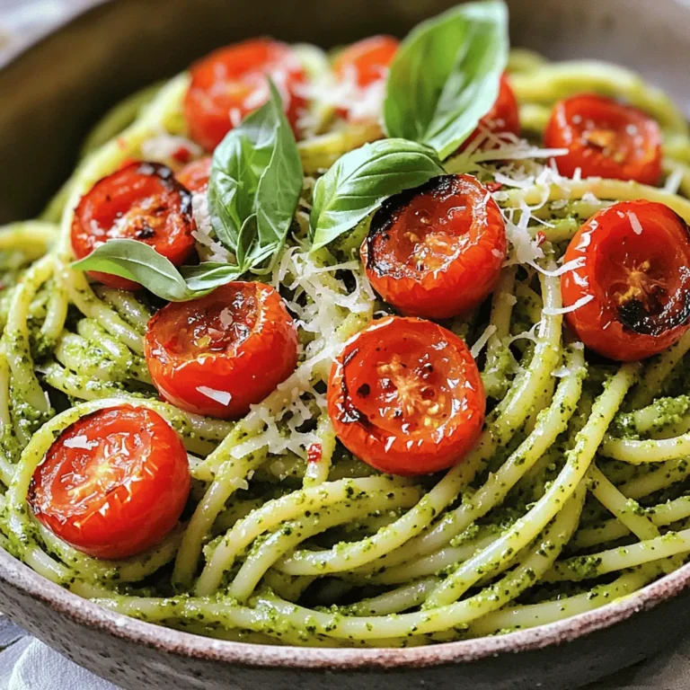 - 400g pasta (spaghetti or your choice) - 300g cherry tomatoes, halved - 1 cup fresh basil leaves - 1/2 cup pine nuts (or walnuts) - 1/2 cup grated Parmesan cheese (or nutritional yeast for a vegan option) - 2 cloves garlic, minced - 1/2 cup extra virgin olive oil - Salt and pepper to taste - Optional: Zest of 1 lemon - Optional: Crushed red pepper flakes - Food processor - Baking sheet - Large pot for boiling pasta - Mixing bowl - Measuring cups and spoons In this recipe for pesto pasta with cherry tomatoes, we need fresh ingredients. Each one boosts the flavor. The pasta serves as a base. I often choose spaghetti, but any pasta works well. Cherry tomatoes add sweetness and color. Roasting them brings out their natural sugars. For the pesto, fresh basil is key. It gives that bright flavor. Nuts add creaminess and texture. I use pine nuts, but walnuts are great, too. Grated Parmesan cheese brings saltiness. If you're vegan, try nutritional yeast instead. Garlic adds a punch, and olive oil ties everything together. Salt and pepper help balance the dish. For extra zing, add lemon zest. Crushed red pepper flakes give a spicy kick, if you like heat. Gather these ingredients and tools for a fun cooking adventure. You will enjoy a fresh and tasty meal. Check out the Full Recipe for detailed steps to create this vibrant dish! Preheat your oven to 200°C (400°F). Take the halved cherry tomatoes and spread them on a baking sheet. Drizzle them with olive oil. Sprinkle salt and pepper on top. This will help bring out their sweetness. Roast these tomatoes for 20 to 25 minutes. They should become soft and slightly caramelized. While the tomatoes roast, fill a large pot with water and add salt. Bring it to a boil. Add your choice of pasta and cook it until al dente. This means it should be firm but not hard. Before draining the pasta, make sure to reserve one cup of the pasta water. This water will help later. Now, it's time to make the pesto. In a food processor, combine fresh basil leaves, pine nuts, grated Parmesan cheese, and minced garlic. Pulse these ingredients until they are finely chopped. While the processor runs, slowly drizzle in extra virgin olive oil. Keep blending until the pesto is smooth. Taste it and adjust with salt, pepper, or even lemon zest if you like. In a large mixing bowl, combine your drained pasta with the fresh pesto. Toss them together until the pasta is well-coated. If your mixture feels too thick, add some reserved pasta water. Do this a little at a time until you reach your desired consistency. Now, gently fold in the roasted cherry tomatoes. Be careful not to break them apart. Once mixed, your dish is ready to serve! You can garnish with extra Parmesan cheese or crushed red pepper flakes for a little heat. Enjoy your vibrant pesto pasta with roasted cherry tomatoes! For the complete recipe, check out the Full Recipe section. To boost the flavor of your pesto pasta, always choose a high-quality olive oil. This oil can make a big difference in taste. A rich, fruity olive oil adds depth to your dish. You can also try different nuts in your pesto. Pine nuts are classic, but walnuts or cashews can give a unique twist. Each nut brings its own flavor, so feel free to experiment and find your favorite mix. For a creamy texture, reserve some pasta water before you drain your pasta. This water is starchy and helps the sauce cling to the pasta. Add a little at a time until you reach the right creaminess. Be careful not to overcook your pasta. Cook it until al dente, so it has a nice bite. This keeps the pasta from becoming mushy when mixed with the pesto. For a fresh flavor boost, add some chopped herbs like parsley or basil on top. They brighten up the dish and add color. You can also serve your pesto pasta with a crisp salad or warm garlic bread. These sides complement the pasta well and make for a complete meal. For the full recipe, check out the instructions above. {{image_2}} For a vegan twist, simply swap out Parmesan cheese for nutritional yeast. This change keeps the flavor rich and gives your pesto a cheesy taste without using dairy. Nutritional yeast is packed with vitamins and has a nutty flavor. If you want to make this dish heartier, add protein like grilled chicken or shrimp. Cook your protein separately, then mix it in when you combine the pasta and pesto. This adds a nice texture and boosts the meal's nutrition. You can also switch up the vegetables based on what’s in season. In summer, try zucchini or bell peppers. In fall, consider adding roasted squash or broccoli. These changes keep the dish fresh and exciting throughout the year. For the complete recipe, check out the Full Recipe. After you enjoy your meal, store any leftovers in an airtight container. This keeps the pasta fresh and tasty. Make sure to refrigerate the container. Consume within 3 days for the best flavor. If you want to save some pesto for later, freeze it separately. Pesto freezes well in ice cube trays. Once frozen, transfer the cubes to a freezer-safe bag. This way, you can enjoy fresh pesto anytime you want. To reheat your pesto pasta, gently warm it on the stove. Add a splash of water to keep it moist. Stir often to ensure even heating. Avoid the microwave; it can make the pasta dry. Yes, you can use store-bought pesto. It saves time and is convenient. However, homemade pesto offers fresh flavors and can be tailored to your taste. Store-bought versions may have preservatives that alter the taste. If you choose store-bought, look for high-quality brands with simple ingredients for the best flavor. I recommend using spaghetti for a classic look. Fettuccine or penne also work well. Each pasta type holds sauce differently, so choose based on your preference. Thin pasta like angel hair may clump, while thicker pasta captures the pesto better. To make this dish gluten-free, use gluten-free pasta. Options like brown rice or chickpea pasta work well. Be sure to check the cooking time, as gluten-free pasta can cook faster or slower than regular pasta. Adjust your timing to avoid mushy pasta. Yes, you can use frozen cherry tomatoes. Thaw them before roasting to get a better texture. They may not caramelize as well as fresh tomatoes but will still add flavor. Adjust the roasting time as needed, as frozen tomatoes release more moisture. This dish combines simple ingredients for a tasty pasta meal. You learned to make roasted cherry tomatoes and a basil pesto. Using quality olive oil and reserved pasta water enhances the flavor and texture. Remember, you can make it vegan or add protein easily. Storing leftovers is simple, and reheating takes just a few minutes. Enjoy exploring this recipe and customizing it to your tastes. Happy cooking!